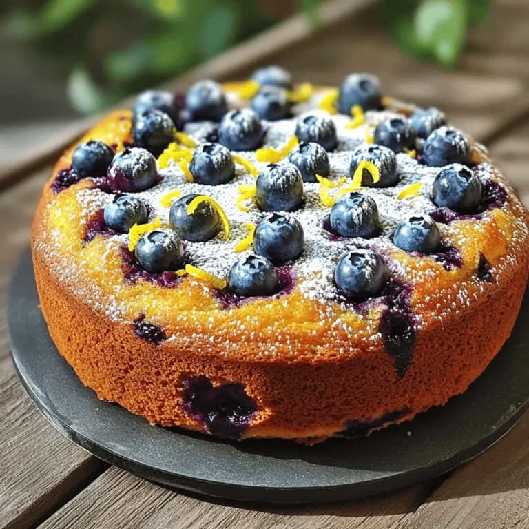 To create this delightful cake, you'll need: - 1 cup plain Greek yogurt - 1 cup granulated sugar - 3 large eggs - 1/4 cup vegetable oil - 1 tablespoon lemon zest (from about 1 lemon) - 1/4 cup freshly squeezed lemon juice (about 1-2 lemons) - 1 1/2 cups all-purpose flour - 1 teaspoon baking powder - 1/2 teaspoon baking soda - 1/4 teaspoon salt - 1 cup fresh blueberries (plus extra for garnish) - 1/2 teaspoon vanilla extract - Powdered sugar for dusting These ingredients come together to create a moist and zesty cake. The Greek yogurt keeps it soft, while the lemon adds a bright flavor. The blueberries burst with sweetness in every bite. For an extra touch, consider these garnishes: - Extra fresh blueberries - Additional lemon zest - A drizzle of lemon glaze Garnishing not only makes the cake look beautiful but also enhances the flavors. A dusting of powdered sugar adds a lovely sweetness that pairs well with the tartness of the lemon. You can easily swap some ingredients based on your needs: - Use low-fat yogurt for a lighter cake. - Swap granulated sugar with coconut sugar for a healthier option. - Substitute vegetable oil with melted coconut oil or unsweetened applesauce for a different flavor. - If you don’t have fresh lemons, bottled lemon juice will work in a pinch. These substitutions allow you to customize the cake without losing its delicious taste. Start by preheating your oven to 350°F (175°C). This ensures that your cake bakes evenly. Next, take a 9-inch round cake pan and grease it well. Use butter or cooking spray to coat the sides and bottom. To make it easier to remove the cake later, line the bottom with parchment paper. In a large bowl, combine 1 cup of plain Greek yogurt, 1 cup of granulated sugar, and 3 large eggs. Use a whisk to mix these ingredients until smooth. Make sure there are no lumps. This mixture will give your cake moisture and sweetness. Next, add 1/4 cup of vegetable oil, 1 tablespoon of lemon zest, 1/4 cup of lemon juice, and 1/2 teaspoon of vanilla extract. Mix everything well, so it blends nicely. The lemon zest and juice will add a refreshing flavor. In another bowl, whisk together 1 1/2 cups of all-purpose flour, 1 teaspoon of baking powder, 1/2 teaspoon of baking soda, and 1/4 teaspoon of salt. Make sure the dry ingredients are mixed well. This step is important for the right texture in your cake. Now, slowly add the dry mixture to the wet ingredients. Use a spatula to fold them together gently. Be careful not to over-mix, or the cake may turn out dense. Once combined, fold in 1 cup of fresh blueberries. Make sure they are evenly spread throughout the batter. Pour the batter into the prepared cake pan. Use a spatula to smooth the top. Place the pan in the oven and bake for 30-35 minutes. Check if it's done by inserting a toothpick into the center. If it comes out clean, your cake is ready! Let the cake cool in the pan for about 10 minutes. After that, transfer it to a wire rack to cool completely. Once cool, place the cake on a serving plate. Dust the top with powdered sugar and add extra blueberries for a fresh look. You can also sprinkle some lemon zest for extra flair. To get a soft and fluffy cake, I mix the wet ingredients well. You want a smooth blend of yogurt, sugar, and eggs. When I add the dry mix, I only stir until I see no more flour. Over-mixing can make the cake tough. The key is to keep it light and airy. If you have any cake left, store it in an airtight container. This keeps it fresh for up to three days. I often put a piece of parchment paper between the cake and the lid. This helps avoid sogginess. You can also wrap it in plastic wrap before putting it in the container. When adding blueberries, I gently fold them into the batter. This keeps them whole and juicy. I use a spatula to lift and turn the batter. Be careful not to press down too hard. You want the blueberries to stay intact, adding pops of flavor in each bite. {{image_4}} You can make this cake with many fruits. Try raspberries or strawberries for a fun twist. Each fruit adds its own taste and color. If you use apples, chop them small. For bananas, mash them before mixing. This way, you keep the cake moist and tasty. You can also mix a few fruits for a unique flavor. The process stays the same; just swap the blueberries for your chosen fruit. To make this cake gluten-free, use almond flour or a gluten-free mix. Both options work well. If you pick almond flour, the cake will have a nutty taste. A gluten-free mix keeps the texture light and fluffy. Be sure to check the baking powder too. Some brands have gluten. Always read the labels. Follow the same steps as before, and you will have a delicious gluten-free cake. A lemon glaze brings extra zing to your cake. To make one, mix powdered sugar with lemon juice. Start with one cup of powdered sugar. Add lemon juice until it becomes smooth. Drizzle the glaze over the cooled cake. This adds sweetness and a bright lemon flavor. You can also sprinkle some lemon zest on top for extra pop. To keep your cake fresh, wrap it in plastic wrap. You can also place it in an airtight container. This method keeps the cake moist and tasty. Store it in the fridge if you want it to last longer. The cool temperature helps preserve the flavors. If you have more cake than you can eat, freezing is a great option. First, let the cake cool completely. Slice it into pieces for easy serving later. Wrap each slice tightly in plastic wrap, then place them in a freezer bag. Be sure to label the bag with the date. Your cake can stay fresh in the freezer for up to three months. When kept in the fridge, your Blueberry Lemon Yogurt Cake lasts about five days. If you freeze it, it'll last much longer. Just remember to thaw it in the fridge overnight when you’re ready to enjoy it again. This way, you can savor its fresh taste, just like the day you baked it! Yes, you can use frozen blueberries. They work well in the cake. Just make sure to stir them in gently. This helps prevent the batter from turning too blue. You might also want to reduce the baking time slightly. Check the cake a few minutes earlier to avoid overbaking. To make the cake less sweet, reduce the sugar. You can cut the sugar by one-fourth to one-half. Another option is to use a sugar substitute. If you use a substitute, check the package for the right amount. You can also add more lemon juice for a tart flavor that balances the sweetness. This cake pairs well with many sides. You can serve it with whipped cream for a rich touch. Fresh fruit, like strawberries or raspberries, adds color and flavor. A scoop of vanilla ice cream also makes a tasty option. For a drink, try serving it with herbal tea or lemonade. The cake can fit many diets. It contains yogurt, which is good for probiotics. If you need a gluten-free option, use gluten-free flour instead. This swap keeps the cake soft and tasty. For those avoiding dairy, try a dairy-free yogurt. Always check labels to ensure the ingredients meet your needs. This article covered how to make a delicious Blueberry Lemon Yogurt Cake from start to finish. We discussed the key ingredients, steps to bake it, and helpful tips for the best texture. You learned how to store leftovers and explored fun variations to try. Making this cake can bring joy to any occasion. I hope you feel inspired to bake and share this treat with friends and family. Enjoy the delightful taste and fun of baking!