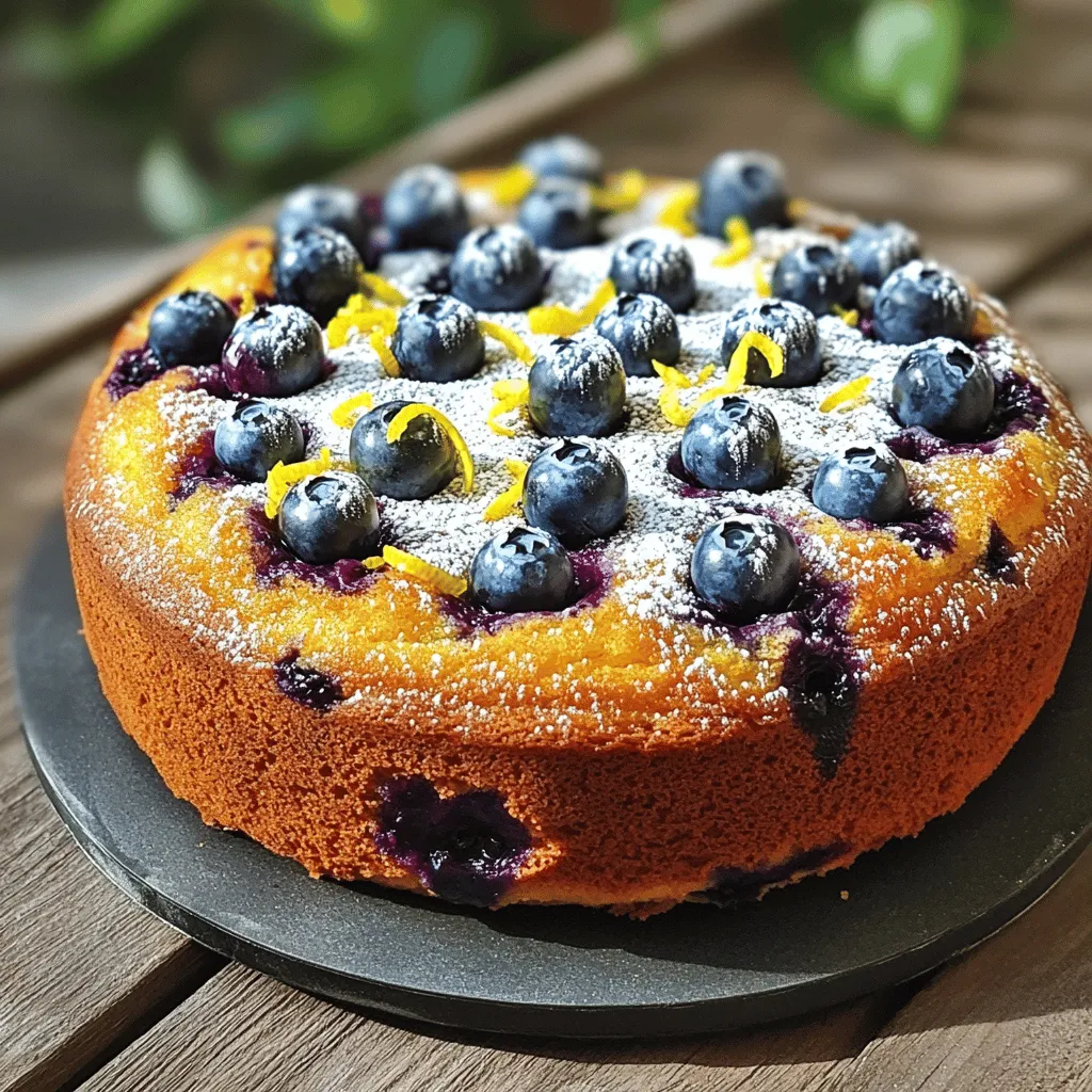 To create this delightful cake, you'll need: - 1 cup plain Greek yogurt - 1 cup granulated sugar - 3 large eggs - 1/4 cup vegetable oil - 1 tablespoon lemon zest (from about 1 lemon) - 1/4 cup freshly squeezed lemon juice (about 1-2 lemons) - 1 1/2 cups all-purpose flour - 1 teaspoon baking powder - 1/2 teaspoon baking soda - 1/4 teaspoon salt - 1 cup fresh blueberries (plus extra for garnish) - 1/2 teaspoon vanilla extract - Powdered sugar for dusting These ingredients come together to create a moist and zesty cake. The Greek yogurt keeps it soft, while the lemon adds a bright flavor. The blueberries burst with sweetness in every bite. For an extra touch, consider these garnishes: - Extra fresh blueberries - Additional lemon zest - A drizzle of lemon glaze Garnishing not only makes the cake look beautiful but also enhances the flavors. A dusting of powdered sugar adds a lovely sweetness that pairs well with the tartness of the lemon. You can easily swap some ingredients based on your needs: - Use low-fat yogurt for a lighter cake. - Swap granulated sugar with coconut sugar for a healthier option. - Substitute vegetable oil with melted coconut oil or unsweetened applesauce for a different flavor. - If you don’t have fresh lemons, bottled lemon juice will work in a pinch. These substitutions allow you to customize the cake without losing its delicious taste. Start by preheating your oven to 350°F (175°C). This ensures that your cake bakes evenly. Next, take a 9-inch round cake pan and grease it well. Use butter or cooking spray to coat the sides and bottom. To make it easier to remove the cake later, line the bottom with parchment paper. In a large bowl, combine 1 cup of plain Greek yogurt, 1 cup of granulated sugar, and 3 large eggs. Use a whisk to mix these ingredients until smooth. Make sure there are no lumps. This mixture will give your cake moisture and sweetness. Next, add 1/4 cup of vegetable oil, 1 tablespoon of lemon zest, 1/4 cup of lemon juice, and 1/2 teaspoon of vanilla extract. Mix everything well, so it blends nicely. The lemon zest and juice will add a refreshing flavor. In another bowl, whisk together 1 1/2 cups of all-purpose flour, 1 teaspoon of baking powder, 1/2 teaspoon of baking soda, and 1/4 teaspoon of salt. Make sure the dry ingredients are mixed well. This step is important for the right texture in your cake. Now, slowly add the dry mixture to the wet ingredients. Use a spatula to fold them together gently. Be careful not to over-mix, or the cake may turn out dense. Once combined, fold in 1 cup of fresh blueberries. Make sure they are evenly spread throughout the batter. Pour the batter into the prepared cake pan. Use a spatula to smooth the top. Place the pan in the oven and bake for 30-35 minutes. Check if it's done by inserting a toothpick into the center. If it comes out clean, your cake is ready! Let the cake cool in the pan for about 10 minutes. After that, transfer it to a wire rack to cool completely. Once cool, place the cake on a serving plate. Dust the top with powdered sugar and add extra blueberries for a fresh look. You can also sprinkle some lemon zest for extra flair. To get a soft and fluffy cake, I mix the wet ingredients well. You want a smooth blend of yogurt, sugar, and eggs. When I add the dry mix, I only stir until I see no more flour. Over-mixing can make the cake tough. The key is to keep it light and airy. If you have any cake left, store it in an airtight container. This keeps it fresh for up to three days. I often put a piece of parchment paper between the cake and the lid. This helps avoid sogginess. You can also wrap it in plastic wrap before putting it in the container. When adding blueberries, I gently fold them into the batter. This keeps them whole and juicy. I use a spatula to lift and turn the batter. Be careful not to press down too hard. You want the blueberries to stay intact, adding pops of flavor in each bite. {{image_4}} You can make this cake with many fruits. Try raspberries or strawberries for a fun twist. Each fruit adds its own taste and color. If you use apples, chop them small. For bananas, mash them before mixing. This way, you keep the cake moist and tasty. You can also mix a few fruits for a unique flavor. The process stays the same; just swap the blueberries for your chosen fruit. To make this cake gluten-free, use almond flour or a gluten-free mix. Both options work well. If you pick almond flour, the cake will have a nutty taste. A gluten-free mix keeps the texture light and fluffy. Be sure to check the baking powder too. Some brands have gluten. Always read the labels. Follow the same steps as before, and you will have a delicious gluten-free cake. A lemon glaze brings extra zing to your cake. To make one, mix powdered sugar with lemon juice. Start with one cup of powdered sugar. Add lemon juice until it becomes smooth. Drizzle the glaze over the cooled cake. This adds sweetness and a bright lemon flavor. You can also sprinkle some lemon zest on top for extra pop. To keep your cake fresh, wrap it in plastic wrap. You can also place it in an airtight container. This method keeps the cake moist and tasty. Store it in the fridge if you want it to last longer. The cool temperature helps preserve the flavors. If you have more cake than you can eat, freezing is a great option. First, let the cake cool completely. Slice it into pieces for easy serving later. Wrap each slice tightly in plastic wrap, then place them in a freezer bag. Be sure to label the bag with the date. Your cake can stay fresh in the freezer for up to three months. When kept in the fridge, your Blueberry Lemon Yogurt Cake lasts about five days. If you freeze it, it'll last much longer. Just remember to thaw it in the fridge overnight when you’re ready to enjoy it again. This way, you can savor its fresh taste, just like the day you baked it! Yes, you can use frozen blueberries. They work well in the cake. Just make sure to stir them in gently. This helps prevent the batter from turning too blue. You might also want to reduce the baking time slightly. Check the cake a few minutes earlier to avoid overbaking. To make the cake less sweet, reduce the sugar. You can cut the sugar by one-fourth to one-half. Another option is to use a sugar substitute. If you use a substitute, check the package for the right amount. You can also add more lemon juice for a tart flavor that balances the sweetness. This cake pairs well with many sides. You can serve it with whipped cream for a rich touch. Fresh fruit, like strawberries or raspberries, adds color and flavor. A scoop of vanilla ice cream also makes a tasty option. For a drink, try serving it with herbal tea or lemonade. The cake can fit many diets. It contains yogurt, which is good for probiotics. If you need a gluten-free option, use gluten-free flour instead. This swap keeps the cake soft and tasty. For those avoiding dairy, try a dairy-free yogurt. Always check labels to ensure the ingredients meet your needs. This article covered how to make a delicious Blueberry Lemon Yogurt Cake from start to finish. We discussed the key ingredients, steps to bake it, and helpful tips for the best texture. You learned how to store leftovers and explored fun variations to try. Making this cake can bring joy to any occasion. I hope you feel inspired to bake and share this treat with friends and family. Enjoy the delightful taste and fun of baking!