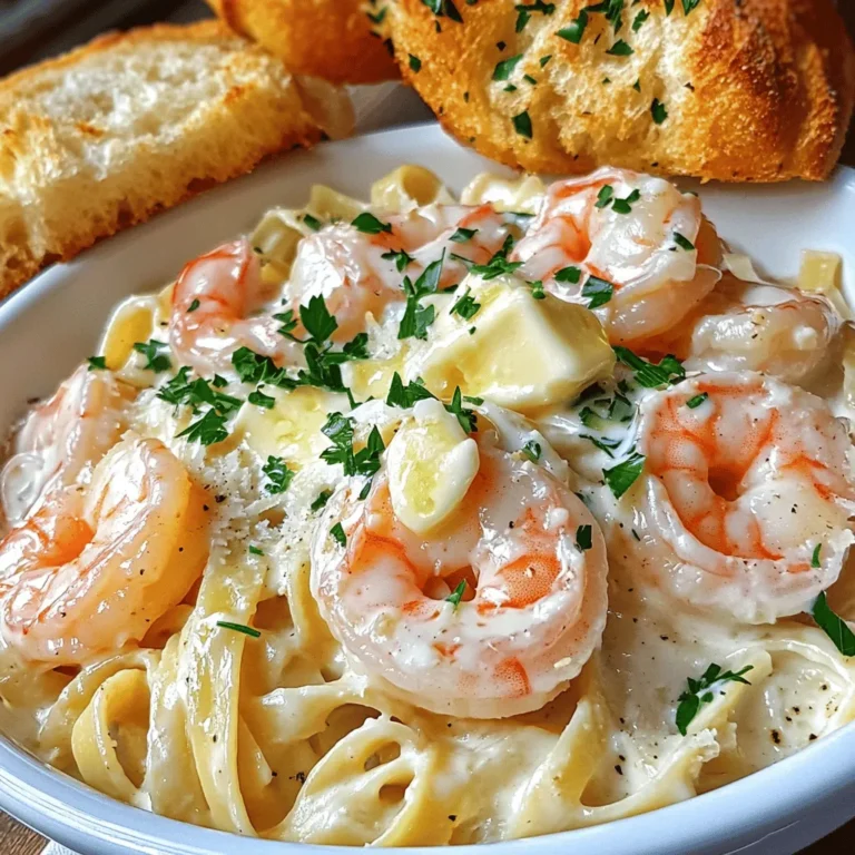 - 8 oz fettuccine pasta - 1 lb large shrimp, peeled and deveined - 4 tablespoons unsalted butter, divided - 4 cloves garlic, minced - 1 cup heavy cream - 1 cup grated Parmesan cheese - 1 teaspoon Italian seasoning - Salt and freshly ground black pepper, to taste - Freshly chopped parsley, for garnish When I make Garlic Shrimp Alfredo, I love using fettuccine pasta. Its flat shape holds the sauce well. For the shrimp, I prefer large ones that are peeled and deveined. This saves time and makes cooking easier. The butter adds richness, while garlic gives a nice flavor. Heavy cream makes the sauce creamy, and Parmesan cheese adds a savory touch. Italian seasoning brings everything together, and a sprinkle of parsley makes it look great. - You can use spaghetti or penne if you don’t have fettuccine. - If you want a different seafood, try scallops or fish. - For a dairy-free option, use coconut milk or a nut-based cream. If you need to switch things up, don’t worry. Spaghetti or penne works well instead of fettuccine. If you want to change the seafood, scallops or fish can be tasty choices. For those avoiding dairy, coconut milk or nut-based cream are great substitutes. In this blog post, we discussed how to make a delicious Garlic Shrimp Alfredo. You learned about the key ingredients, cooking methods, and ways to customize the dish. We covered ingredient swaps, cooking tips, and common mistakes. Remember to have fun while cooking. Experiment with flavors to make this dish your own. With these guidelines, you can create a meal that impresses everyone at your table. Enjoy your cooking journey!