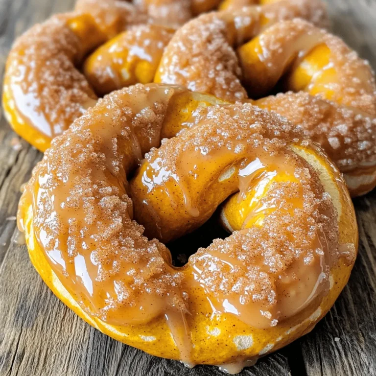 - 1 cup canned pumpkin puree - 1/4 cup packed brown sugar - 1/4 cup granulated sugar - 1 teaspoon pure vanilla extract - 1/2 teaspoon ground cinnamon - 2 1/4 teaspoons active dry yeast (1 packet) - 1/4 cup warm water (approximately 110°F) - 3 cups all-purpose flour - 1 teaspoon salt - 1/4 teaspoon ground nutmeg - 1/2 cup baking soda (for boiling) - 1 egg, beaten (for egg wash) - Additional granulated sugar and cinnamon for coating (about 1/4 cup each) These ingredients create a tasty treat that’s perfect for fall. The pumpkin puree gives the pretzels a soft texture and a rich flavor. Using both brown sugar and granulated sugar adds depth to the sweetness. Vanilla extract and spices like cinnamon and nutmeg enhance the warm flavors. The yeast is key for making the dough rise. Warm water helps activate the yeast. All-purpose flour provides the structure for the pretzels. Salt balances the sweetness and brings out all the flavors. Baking soda is crucial for boiling the pretzels. It gives them that classic pretzel taste and texture. The egg wash makes the tops golden and shiny. Finally, a sprinkle of cinnamon-sugar adds the finishing touch, making these pretzels irresistible. Gather these ingredients, and you are ready to create a delightful batch of cinnamon sugar pumpkin pretzels! 1. Start by mixing 1/4 cup warm water with 2 1/4 teaspoons active dry yeast in a small bowl. 2. Let it sit for 5-10 minutes. Watch for bubbles. This shows the yeast is active. 3. In a large bowl, combine 1 cup pumpkin puree, 1/4 cup brown sugar, 1/4 cup granulated sugar, 1 teaspoon vanilla extract, 1/2 teaspoon ground cinnamon, and 1/4 teaspoon ground nutmeg. 4. Stir until the mixture is smooth and well blended. 5. Once your yeast is frothy, add it to the pumpkin mixture and stir thoroughly. 1. Gradually mix in 3 cups all-purpose flour and 1 teaspoon salt. Stir until a soft dough forms. 2. Transfer the dough to a lightly floured surface. 3. Knead the dough for 5-7 minutes. It should be smooth and elastic. 1. Place the kneaded dough in a greased bowl. Cover it with a clean towel. 2. Let it rise in a warm spot for about 1 hour, until it doubles in size. 3. After rising, punch down the dough gently. 4. Divide the dough into 8 equal pieces. 5. Roll each piece into a long rope. Shape each rope into a pretzel. 1. Preheat your oven to 425°F (220°C). Line a baking sheet with parchment paper. 2. In a large pot, bring 8 cups of water to a boil. Add 1/2 cup baking soda. 3. Drop each pretzel into the boiling water. Boil for 30 seconds, flipping halfway. 4. Remove them with a slotted spoon and place them on the baking sheet. 5. Brush each pretzel with a beaten egg. 6. Generously sprinkle with cinnamon and sugar. 7. Bake for 12-15 minutes until golden brown. 8. Let the pretzels cool on the baking sheet before serving. Enjoy these warm, tasty treats with your favorite dip! - Ensuring the right dough texture: The dough should feel soft and slightly sticky. If it’s too dry, add a bit more water. If it’s too wet, sprinkle in more flour. You want a dough that holds its shape but is still easy to work with. - How to check if the yeast is active: Mix warm water with yeast and let it sit for about 5-10 minutes. Tiny bubbles will form on top if the yeast is good. If you see no foam, the yeast may be old or the water too hot. - Alternatives for pumpkin puree: You can use butternut squash puree or sweet potato puree if you don’t have pumpkin. Both give a similar taste and texture. - Sugar options and spice variations: Try using coconut sugar or honey instead of brown sugar. You can also mix in a pinch of ginger or cloves for a different spice kick. {{image_4}} You can easily change up the flavor of your cinnamon sugar pumpkin pretzels. Here are a few ideas: - Adding chocolate chips or nuts: Stir in semi-sweet chocolate chips or chopped nuts. Both options add a great crunch and flavor. Try walnuts or pecans for a nutty twist. - Incorporating different spices: Along with cinnamon, you can add ginger or cloves. This will give your pretzels a warm, autumn spice flavor. Just a pinch is enough to change things up. Dipping sauces can take your pretzels to the next level. Here are some tasty options: - Cream cheese dip recipes: Mix cream cheese with a bit of sugar and vanilla. This dip is smooth and pairs well with the sweetness of the pretzels. - Pumpkin spice dip recommendations: Blend cream cheese with pumpkin puree, sugar, and pumpkin spice. This dip echoes the flavors in the pretzels, making it a perfect match. Feel free to mix and match these ideas to find your favorite flavor combinations! To store your leftover pretzels, let them cool completely first. Place them in an airtight container. You can also wrap them in plastic wrap. This keeps them fresh for about 2-3 days at room temperature. If you want to keep them longer, store them in the fridge. Just remember to reheat them before serving. For reheating, preheat your oven to 350°F (175°C). Place the pretzels on a baking sheet. Heat them for about 5-10 minutes. This warms them up and makes them taste fresh again. You can also use a microwave, but the oven gives better results. Freezing pretzels is easy and a great way to save some for later. Once they are cool, wrap each pretzel in plastic wrap. Then, place them in a freezer bag. Squeeze out as much air as you can before sealing. This helps prevent freezer burn. To thaw, take a pretzel out of the freezer and unwrap it. Let it sit at room temperature for about 1 hour. You can also heat it straight from the freezer. Preheat your oven to 350°F (175°C) and bake for about 10-15 minutes. This way, you get a warm, tasty treat whenever you want! Yes, you can make these pretzels vegan. Simply replace the egg wash with a plant-based milk like almond or soy. This will still give them a nice shine. For the cream cheese dip, choose a vegan cream cheese. These pretzels stay fresh for about 2-3 days at room temperature. Store them in an airtight container to keep them soft. If you want to keep them longer, freeze them. They can last up to 3 months in the freezer. Yes, using fresh pumpkin is a great option. Make sure to cook and puree it first. Drain any excess water to avoid a soggy dough. Fresh pumpkin adds a vibrant taste to your pretzels. Serve these pretzels warm for the best experience. A rustic wooden board adds charm. Pair them with a creamy dip, like cream cheese or pumpkin spice dip. You can also sprinkle extra cinnamon on top for an added touch. Making cinnamon sugar pumpkin pretzels is fun and tasty. First, gather your ingredients like pumpkin puree, sugars, and yeast. Then, follow steps to proof the yeast, make the dough, shape, and boil the pretzels. Don’t forget tips for the right dough texture and possible ingredient swaps. You can also get creative with flavors and dipping sauces. In closing, these pretzels are easy to make and full of flavor. Make them for any occasion and enjoy!
