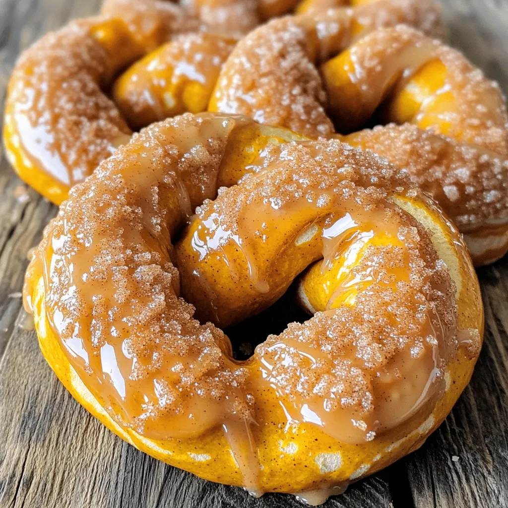 - 1 cup canned pumpkin puree - 1/4 cup packed brown sugar - 1/4 cup granulated sugar - 1 teaspoon pure vanilla extract - 1/2 teaspoon ground cinnamon - 2 1/4 teaspoons active dry yeast (1 packet) - 1/4 cup warm water (approximately 110°F) - 3 cups all-purpose flour - 1 teaspoon salt - 1/4 teaspoon ground nutmeg - 1/2 cup baking soda (for boiling) - 1 egg, beaten (for egg wash) - Additional granulated sugar and cinnamon for coating (about 1/4 cup each) These ingredients create a tasty treat that’s perfect for fall. The pumpkin puree gives the pretzels a soft texture and a rich flavor. Using both brown sugar and granulated sugar adds depth to the sweetness. Vanilla extract and spices like cinnamon and nutmeg enhance the warm flavors. The yeast is key for making the dough rise. Warm water helps activate the yeast. All-purpose flour provides the structure for the pretzels. Salt balances the sweetness and brings out all the flavors. Baking soda is crucial for boiling the pretzels. It gives them that classic pretzel taste and texture. The egg wash makes the tops golden and shiny. Finally, a sprinkle of cinnamon-sugar adds the finishing touch, making these pretzels irresistible. Gather these ingredients, and you are ready to create a delightful batch of cinnamon sugar pumpkin pretzels! 1. Start by mixing 1/4 cup warm water with 2 1/4 teaspoons active dry yeast in a small bowl. 2. Let it sit for 5-10 minutes. Watch for bubbles. This shows the yeast is active. 3. In a large bowl, combine 1 cup pumpkin puree, 1/4 cup brown sugar, 1/4 cup granulated sugar, 1 teaspoon vanilla extract, 1/2 teaspoon ground cinnamon, and 1/4 teaspoon ground nutmeg. 4. Stir until the mixture is smooth and well blended. 5. Once your yeast is frothy, add it to the pumpkin mixture and stir thoroughly. 1. Gradually mix in 3 cups all-purpose flour and 1 teaspoon salt. Stir until a soft dough forms. 2. Transfer the dough to a lightly floured surface. 3. Knead the dough for 5-7 minutes. It should be smooth and elastic. 1. Place the kneaded dough in a greased bowl. Cover it with a clean towel. 2. Let it rise in a warm spot for about 1 hour, until it doubles in size. 3. After rising, punch down the dough gently. 4. Divide the dough into 8 equal pieces. 5. Roll each piece into a long rope. Shape each rope into a pretzel. 1. Preheat your oven to 425°F (220°C). Line a baking sheet with parchment paper. 2. In a large pot, bring 8 cups of water to a boil. Add 1/2 cup baking soda. 3. Drop each pretzel into the boiling water. Boil for 30 seconds, flipping halfway. 4. Remove them with a slotted spoon and place them on the baking sheet. 5. Brush each pretzel with a beaten egg. 6. Generously sprinkle with cinnamon and sugar. 7. Bake for 12-15 minutes until golden brown. 8. Let the pretzels cool on the baking sheet before serving. Enjoy these warm, tasty treats with your favorite dip! - Ensuring the right dough texture: The dough should feel soft and slightly sticky. If it’s too dry, add a bit more water. If it’s too wet, sprinkle in more flour. You want a dough that holds its shape but is still easy to work with. - How to check if the yeast is active: Mix warm water with yeast and let it sit for about 5-10 minutes. Tiny bubbles will form on top if the yeast is good. If you see no foam, the yeast may be old or the water too hot. - Alternatives for pumpkin puree: You can use butternut squash puree or sweet potato puree if you don’t have pumpkin. Both give a similar taste and texture. - Sugar options and spice variations: Try using coconut sugar or honey instead of brown sugar. You can also mix in a pinch of ginger or cloves for a different spice kick. {{image_4}} You can easily change up the flavor of your cinnamon sugar pumpkin pretzels. Here are a few ideas: - Adding chocolate chips or nuts: Stir in semi-sweet chocolate chips or chopped nuts. Both options add a great crunch and flavor. Try walnuts or pecans for a nutty twist. - Incorporating different spices: Along with cinnamon, you can add ginger or cloves. This will give your pretzels a warm, autumn spice flavor. Just a pinch is enough to change things up. Dipping sauces can take your pretzels to the next level. Here are some tasty options: - Cream cheese dip recipes: Mix cream cheese with a bit of sugar and vanilla. This dip is smooth and pairs well with the sweetness of the pretzels. - Pumpkin spice dip recommendations: Blend cream cheese with pumpkin puree, sugar, and pumpkin spice. This dip echoes the flavors in the pretzels, making it a perfect match. Feel free to mix and match these ideas to find your favorite flavor combinations! To store your leftover pretzels, let them cool completely first. Place them in an airtight container. You can also wrap them in plastic wrap. This keeps them fresh for about 2-3 days at room temperature. If you want to keep them longer, store them in the fridge. Just remember to reheat them before serving. For reheating, preheat your oven to 350°F (175°C). Place the pretzels on a baking sheet. Heat them for about 5-10 minutes. This warms them up and makes them taste fresh again. You can also use a microwave, but the oven gives better results. Freezing pretzels is easy and a great way to save some for later. Once they are cool, wrap each pretzel in plastic wrap. Then, place them in a freezer bag. Squeeze out as much air as you can before sealing. This helps prevent freezer burn. To thaw, take a pretzel out of the freezer and unwrap it. Let it sit at room temperature for about 1 hour. You can also heat it straight from the freezer. Preheat your oven to 350°F (175°C) and bake for about 10-15 minutes. This way, you get a warm, tasty treat whenever you want! Yes, you can make these pretzels vegan. Simply replace the egg wash with a plant-based milk like almond or soy. This will still give them a nice shine. For the cream cheese dip, choose a vegan cream cheese. These pretzels stay fresh for about 2-3 days at room temperature. Store them in an airtight container to keep them soft. If you want to keep them longer, freeze them. They can last up to 3 months in the freezer. Yes, using fresh pumpkin is a great option. Make sure to cook and puree it first. Drain any excess water to avoid a soggy dough. Fresh pumpkin adds a vibrant taste to your pretzels. Serve these pretzels warm for the best experience. A rustic wooden board adds charm. Pair them with a creamy dip, like cream cheese or pumpkin spice dip. You can also sprinkle extra cinnamon on top for an added touch. Making cinnamon sugar pumpkin pretzels is fun and tasty. First, gather your ingredients like pumpkin puree, sugars, and yeast. Then, follow steps to proof the yeast, make the dough, shape, and boil the pretzels. Don’t forget tips for the right dough texture and possible ingredient swaps. You can also get creative with flavors and dipping sauces. In closing, these pretzels are easy to make and full of flavor. Make them for any occasion and enjoy!