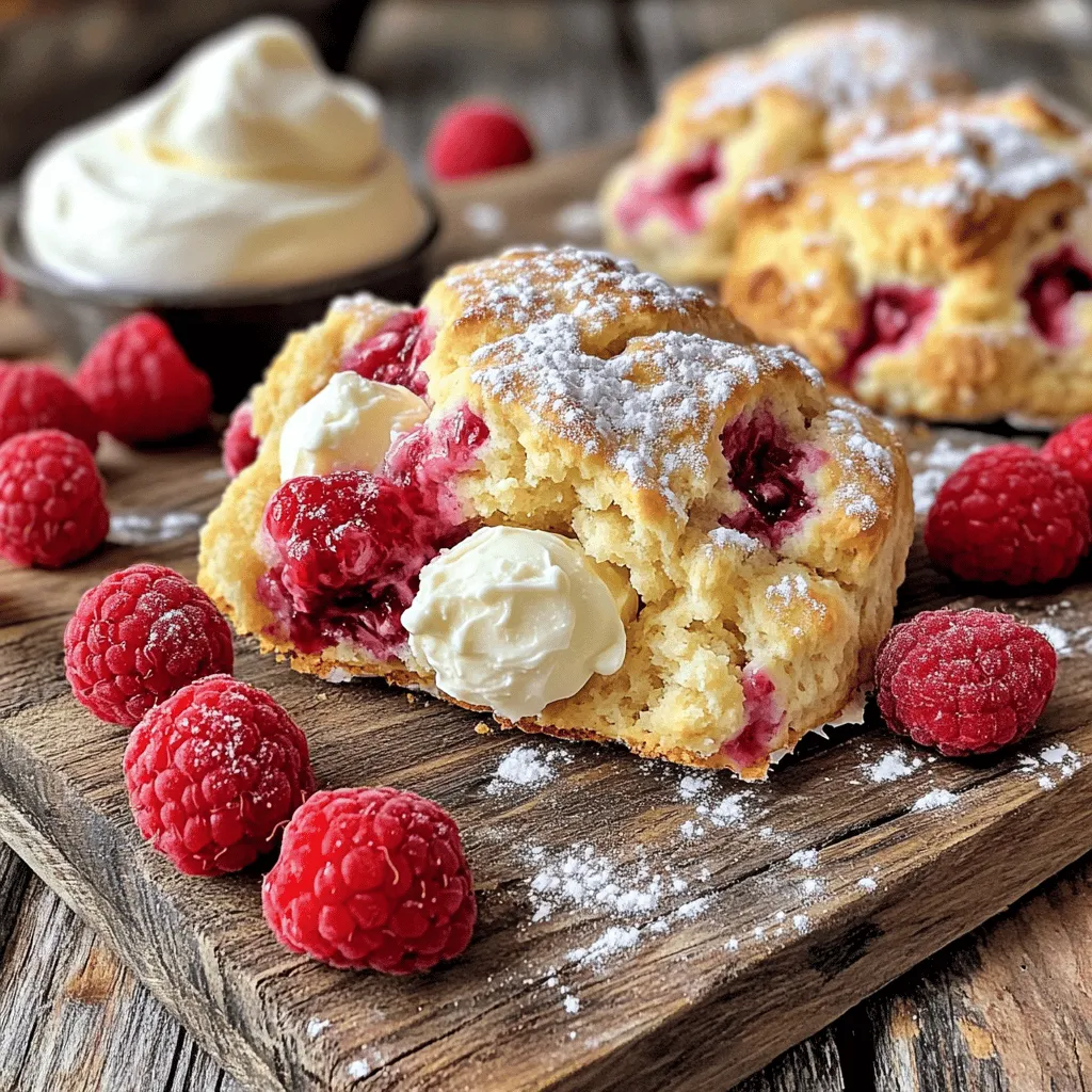 To make these delightful Raspberry White Chocolate Scones, you need a few simple ingredients. Here’s what you'll need: - 2 cups all-purpose flour - 1/4 cup granulated sugar - 1 tablespoon baking powder - 1/2 teaspoon salt - 1/4 cup cold unsalted butter, cut into cubes - 1/2 cup heavy cream - 1 large egg - 1 cup fresh raspberries (or frozen, thawed) - 1/2 cup white chocolate chips - 1 teaspoon vanilla extract - Coarse sugar, for sprinkling Each ingredient plays a key role. The all-purpose flour gives the scones structure. Granulated sugar adds sweetness, while baking powder helps them rise. Salt enhances flavor. Using cold unsalted butter makes the scones flaky. Heavy cream adds richness, and the egg binds the dough. Raspberries bring a burst of tartness, while white chocolate chips add sweetness. Vanilla extract rounds out the flavors. Coarse sugar on top gives a nice crunch. This mix creates a perfect balance of flavors and textures. You’ll love how these scones turn out! First, set your oven to 400°F (200°C). This temperature helps the scones rise well. Next, line a baking sheet with parchment paper. This keeps the scones from sticking and makes cleanup easy. In a large bowl, combine 2 cups of all-purpose flour, 1/4 cup of granulated sugar, 1 tablespoon of baking powder, and 1/2 teaspoon of salt. Whisk them together until blended. This mix forms the base of your scones. Now, take 1/4 cup of cold unsalted butter, cut into small cubes. Add this butter to your flour mixture. Use your fingertips or a pastry cutter. Work the butter into the flour until it looks like coarse crumbs. This gives the scones a flaky texture. In another bowl, whisk together 1/2 cup of heavy cream, 1 large egg, and 1 teaspoon of vanilla extract. Mix them until they are well combined. This creates a rich flavor and helps bind the dough. Pour your wet mixture into the dry ingredients. Stir gently with a spatula until just combined. Be careful not to overmix. This keeps your scones light and fluffy. Now it's time to add 1 cup of fresh raspberries and 1/2 cup of white chocolate chips. Gently fold them into the dough. Make sure they are well-distributed without breaking the raspberries too much. This adds bursts of flavor. Transfer the dough to a lightly floured surface. Knead it gently a few times to bring it together. Form the dough into a circle about 1 inch thick. This helps create even scones. Using a sharp knife or a round biscuit cutter, cut the dough into wedges or rounds. Arrange them on the prepared baking sheet, leaving space between each scone. This allows them to expand while baking. Place the baking sheet in your preheated oven. Bake for 15-20 minutes. Look for a golden brown color on top. This means your scones are perfectly baked. To make the best scones, you must avoid overmixing. This is key to keeping them light and fluffy. When you mix the wet and dry ingredients, stir just enough to combine them. A few lumps are okay! Using cold butter is also very important. Cold butter creates little pockets of air in the dough. This makes your scones rise nicely while baking. Cut the butter into small cubes before adding it to the flour. You’ll know your scones are done when they turn golden brown on top. The edges should look crisp, but the centers will still be soft. If you touch them lightly, they should spring back. Every oven cooks a bit differently. If your scones are not browning at 15 minutes, bake them for a few more minutes. Keep an eye on them to get the perfect bake. Serve your scones warm for the best taste. A dollop of clotted cream or butter on top brings out the flavors. It makes a delightful pairing! Garnish your scones with fresh raspberries. This adds a pop of color and freshness. Not only do they look great, but they also taste amazing! {{image_4}} You can change the fruit in these scones. Instead of raspberries, try blueberries, cranberries, or strawberries. Each fruit gives a new taste. For a tropical twist, add chopped pineapple or mango. Just remember to keep the amount of fruit the same. If you need gluten-free scones, use a gluten-free flour blend. Many brands work well for baking. Follow the instructions on the package for best results. For a dairy-free version, swap heavy cream with coconut cream or almond milk. Use dairy-free butter for a tasty and smooth texture. You can add spices to match the season. In fall, try cinnamon or nutmeg for warmth. In winter, a hint of ginger can brighten flavors. For spring and summer, fresh herbs like mint or basil add a refreshing twist. Feel free to get creative with the flavors you love! To store your scones at room temperature, place them in an airtight container. This keeps them fresh for up to two days. If you want to keep them from getting dry, add a piece of bread to the container. The bread helps maintain moisture. For long-term storage, freezing is best. Allow the scones to cool completely first. Wrap each scone tightly in plastic wrap. Then, place them in a freezer-safe bag. They can stay fresh for up to three months. When you’re ready to enjoy them, just take out what you need. To reheat scones, use an oven for the best results. Preheat your oven to 350°F (175°C). Place the scones on a baking sheet. Heat them for about 5 to 10 minutes. This helps restore their soft, fluffy texture. You can also use a microwave, but the oven is better for taste. Yes, you can use frozen raspberries. They work well in scones, but there are pros and cons. Pros: - Frozen raspberries are available year-round. - They often cost less than fresh berries. - They save prep time since you skip washing and picking. Cons: - They may release more juice, making the dough wetter. - You could lose some of the berry's shape when mixing. - Fresh raspberries taste brighter and more vibrant. Check for key signs to know your scones are ready. - They should be golden brown on top. - You can gently press them; they should feel firm. - A toothpick inserted in the center should come out clean. If they look pale, give them a few more minutes. Each oven is different, so keep an eye on them! Yes, you can prepare the dough ahead. It saves time for busy mornings. - Make the dough, shape it, and cut it into pieces. - Wrap each piece tightly in plastic wrap. - Store the wrapped dough in the fridge for up to 24 hours. When ready to bake, just place the scones on a baking sheet and bake as directed. Enjoy fresh scones in no time! Now you know how to make delicious raspberry scones. We covered the key ingredients and step-by-step instructions. I shared tips for perfect texture and baking time. You also learned about variations and how to store them. Making scones is fun and rewarding. These treats can brighten any day. Enjoy them warm with cream or fresh raspberries. Happy baking!