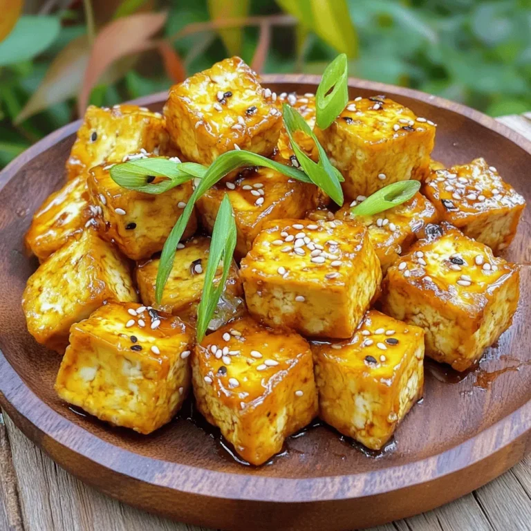 - Firm tofu (14 oz) - Low-sodium soy sauce - Pure maple syrup - Rice vinegar - Toasted sesame oil - Garlic - Fresh ginger - Cornstarch - Sesame seeds - Green onions To make Air Fryer Teriyaki Tofu Bites, start with firm tofu. I use a 14-ounce block. This type holds its shape well. Next, low-sodium soy sauce brings that savory depth. Pure maple syrup adds a perfect touch of sweetness. Rice vinegar balances the mix with a nice tang. For flavor, add toasted sesame oil. This oil gives a nutty taste. Fresh garlic and ginger bring brightness. Mince the garlic finely and grate the ginger. These ingredients make the dish pop with flavor. When it comes to coating, I use cornstarch. This helps the tofu form a crispy layer. For garnishing, sprinkle some sesame seeds on top. They add crunch and visual appeal. Finally, slice some green onions. These will brighten the dish when served. Gather these ingredients, and you're set to create a tasty dish! To start, you need to press the tofu. This means placing a weight on it for at least 30 minutes. Pressing helps remove excess water, giving the tofu a firmer texture. After pressing, cut the tofu into uniform bite-sized cubes. Make sure the pieces are even to cook well. Next, we will make the marinade. In a medium bowl, whisk together these ingredients: - 1/4 cup low-sodium soy sauce - 1/4 cup pure maple syrup - 1 tablespoon rice vinegar - 1 tablespoon toasted sesame oil - 2 cloves garlic, finely minced - 1 teaspoon fresh ginger, finely grated Mix until fully combined. This marinade will give the tofu a tasty teriyaki flavor. Now it’s time to marinate the tofu. Transfer the cubed tofu into a resealable bag or a bowl. Pour the marinade over the tofu, ensuring each piece gets coated. Seal the bag or cover the bowl with plastic wrap. Refrigerate for a minimum of 30 minutes. If you have more time, let it marinate for up to 2 hours for a richer taste. After marinating, use a slotted spoon to take out the tofu cubes. Let the excess marinade drip off. Place the tofu in a separate bowl and gently toss it in 1 tablespoon of cornstarch. This step is key for a crispy exterior. Before cooking, preheat your air fryer to 375°F (190°C). Arrange the cornstarch-coated tofu cubes in a single layer in the air fryer basket. Avoid overcrowding to ensure even cooking. Cook for 15-20 minutes. Remember to shake the basket halfway through to promote even browning. The tofu should be golden and crispy when done. Once the tofu is cooked, carefully take it out of the air fryer. Immediately sprinkle sesame seeds over the hot tofu bites to help them stick. For a lovely presentation, garnish with thinly sliced green onions just before serving. Enjoy these bites warm, on their own or with a side of rice or salad. Pressing the tofu is key. It helps get rid of extra water. This step makes the tofu firmer. Without pressing, the tofu can become mushy. Press it with a weight for at least 30 minutes. After pressing, cut it into uniform cubes. This shape helps it cook evenly. To achieve a crispy exterior, coat the tofu cubes in cornstarch. This adds a nice crunch when you air fry them. Toss the cubes gently to cover them fully. The cornstarch creates a great texture that you will love. For the best flavor infusion, marinate the tofu well. I suggest marinating for at least 30 minutes. If you have time, let it sit for two hours. This really deepens the flavor. You can adjust the sweetness and saltiness too. If you want a sweeter taste, add more maple syrup. If you prefer more salt, add more soy sauce. Taste your marinade before using it. Avoid overcrowding the basket when air frying. If you put too many cubes in, they won’t cook evenly. I recommend cooking in a single layer. This allows hot air to circulate around each piece. Shake the basket halfway through cooking. This helps the tofu brown evenly. It also keeps the texture nice and crispy. Following these tips will make your Air Fryer Teriyaki Tofu Bites a hit! {{image_4}} You can spice things up by adding sriracha to the marinade. This adds a nice kick. If you want to try something new, use different marinades. You can mix things like ginger soy or honey mustard. Each option gives a unique taste to the tofu. These teriyaki tofu bites pair well with rice or a fresh salad. You can serve them as a tasty appetizer or as a filling main dish. They fit perfectly in a wrap or on a plate with veggies. This recipe is naturally vegan and gluten-free. Use tamari instead of soy sauce for a gluten-free option. Want to reduce sodium? Choose a low-sodium soy sauce. These tweaks keep the flavor while fitting your dietary needs. To store your leftover Air Fryer Teriyaki Tofu Bites, place them in the fridge. Use an airtight container to keep them fresh. This method helps maintain their flavor and texture. - Airtight container: Choose a sturdy container that seals well. - Refrigeration time: These bites stay good for about 3-5 days. When you're ready to enjoy your leftovers, reheating is key. You want to keep the tofu crispy and tasty. - Best practice: Use the air fryer to reheat. Set it to 375°F (190°C) and cook for about 5-7 minutes. This keeps the outside crunchy. - Microwave option: If you're in a hurry, you can use the microwave. However, this may make the tofu a bit soggy. You can freeze your tofu bites if you have extra. This is a great way to save them for later. - Freezing tips: First, let the tofu cool completely. Place the bites in a single layer on a baking sheet. Freeze until solid, then transfer to a freezer bag. - Thawing and reheating: When you're ready to eat, thaw them in the fridge overnight. Reheat in the air fryer for the best texture. No, it’s best to use firm tofu. Firm tofu has a denser texture. This texture holds up well during cooking. Soft tofu can break apart easily. It also lacks the crispy texture we want. I recommend marinating for at least 30 minutes. This time allows the tofu to soak up flavors. For an even richer taste, marinate for up to 2 hours. Just remember to keep it in the fridge while marinating. These tofu bites pair well with many sides. You can serve them with steamed rice. A fresh salad also complements the dish nicely. You might even try them with stir-fried vegetables for extra crunch. Yes! These tofu bites are great for meal prep. Store them in an airtight container in the fridge. They stay tasty for up to four days. For reheating, the air fryer works best. It keeps the tofu crispy and delicious. You now have all the steps to make delicious air fryer teriyaki tofu bites. We covered the ingredients, from firm tofu to flavorful seasonings. You learned how to prepare, marinate, and cook the tofu for the best results. Remember to experiment with flavors and serve with your favorite sides. With these tips, you can enjoy crispy tofu that’s tasty and healthy. Happy cooking!