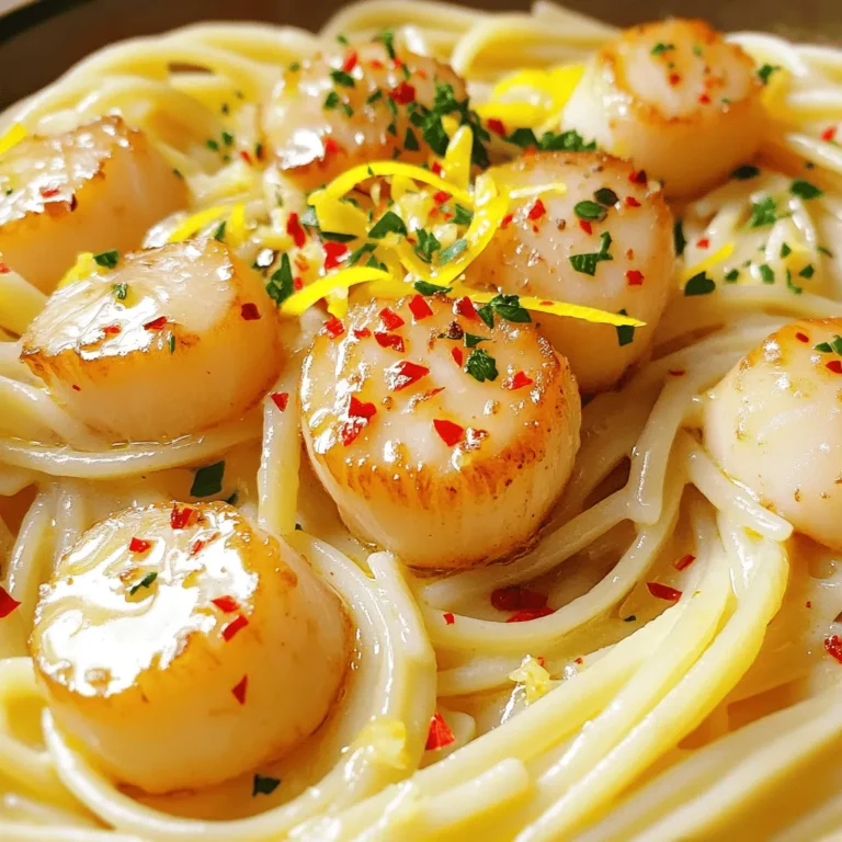 - 8 oz linguine pasta - 1 lb sea scallops, cleaned and patted dry - 4 tablespoons unsalted butter Linguine is a long, thin pasta that pairs well with seafood. Sea scallops are tender and sweet, making them a star in this dish. Unsalted butter adds richness and depth to the sauce. - 4 cloves garlic, minced - 1 tablespoon fresh lemon juice - 1 teaspoon red pepper flakes (optional) Garlic brings a bold aroma that enhances the dish. Fresh lemon juice adds brightness and balances the richness. Red pepper flakes offer a hint of heat, which you can adjust to your taste. - Salt and freshly ground black pepper to taste - Fresh parsley, chopped, for garnish - Zest of 1 lemon Salt and pepper are essential for bringing out flavors. Fresh parsley adds a pop of color and freshness. Lemon zest gives a fragrant touch that ties everything together. Gather these ingredients, and you're ready to create a savory delight that is sure to impress! Bring a large pot of salted water to a strong boil. Add 8 oz of linguine pasta. Cook it according to the package instructions until it is al dente, about 8-10 minutes. Once done, drain the pasta. Be sure to save 1/2 cup of the starchy pasta water for later. While the pasta is cooking, take 1 lb of sea scallops. Use paper towels to pat them dry. This step is key for a good sear. After drying, season both sides with salt and freshly ground black pepper. Proper seasoning brings out their natural flavor. Heat a large skillet over medium-high heat. Add 2 tablespoons of unsalted butter. Wait until the butter bubbles and smells great. Place the scallops in the skillet, giving them space. Sear each side for 2-3 minutes. Look for a golden brown crust. The scallops should be opaque when done. Set them aside on a plate once seared. In the same skillet, lower the heat to medium. Add the remaining 2 tablespoons of butter and let it melt. Then, add 4 cloves of minced garlic. Stir it for about 1 minute. You want the garlic to smell good but not brown. If you like spice, add 1 teaspoon of red pepper flakes for extra flavor. Add the drained linguine to the skillet with the sauce. Toss it well to coat in the garlic butter. Gradually pour in the reserved pasta water. Add 1 tablespoon of fresh lemon juice and the zest of 1 lemon. Mix everything gently. Carefully add the seared scallops back in. Be gentle to avoid breaking them. Take the skillet off the heat. Taste the dish and adjust the seasoning with more salt and pepper if needed. Serve the linguine right away. For a nice touch, sprinkle freshly chopped parsley on top. This adds color and freshness to your dish. To cook scallops well, remember these key points: - Dry Them Well: Use paper towels to remove excess moisture. - Season Generously: Use salt and black pepper on both sides. - Avoid Overcrowding: Cook in batches to ensure even cooking. Common mistakes include: - Cooking scallops too long, which makes them rubbery. - Not letting them sear properly, which prevents a good crust. You can boost flavor with these ingredient additions: - Fresh Herbs: Try adding basil or thyme for an aromatic touch. - Extra Garlic: More minced garlic adds depth to the dish. For pairing suggestions, consider these sides or drinks: - A fresh green salad complements the meal well. - A crisp white wine balances the richness of the dish. To manage your cooking time effectively: - Prep Ingredients First: This helps prevent delays while cooking. - Cook Pasta and Scallops Simultaneously: Start the pasta before the scallops to save time. Multitasking during cooking is key: - While the pasta boils, dry and season the scallops. - Use the time while the scallops sear to prepare your garlic butter sauce. {{image_4}} If you want to try different pasta, you can swap linguine for spaghetti or fettuccine. You can even use whole wheat or chickpea pasta for a twist. If you prefer seafood, shrimp works great in this dish. Just follow the same cooking steps as the scallops. For a gluten-free option, choose gluten-free pasta made from rice or quinoa. This keeps the dish tasty and safe for those with gluten sensitivities. If you want a vegan or vegetarian version, replace the scallops with sautéed mushrooms or tofu. Use plant-based butter or olive oil in place of the butter. To make the dish more exciting, add fresh herbs like basil, dill, or thyme. These herbs bring a fresh taste and vibrant color. You can also try different butter blends. Garlic herb butter adds depth, while lemon butter gives a zesty kick. Just melt it and mix it into the sauce as you would with regular butter. To store leftovers, let the dish cool first. Place it in an airtight container. Glass or plastic containers work well. Ensure the lid seals tightly to keep out air. Store in the fridge for up to three days. If you want to enjoy it later, freezing is a good option. Use freezer-safe containers or bags for this purpose. To reheat without losing texture, use a skillet on medium heat. Add a splash of water or broth to create steam. This helps the pasta stay moist. Stir gently while heating to avoid sticking. You can also use a microwave, but cover the dish with a damp paper towel. This keeps moisture in and prevents drying. To freshen the flavors, squeeze in more lemon juice while reheating. A sprinkle of fresh parsley adds color and taste. If you like spice, add a pinch of red pepper flakes too. Enjoy your dish just as tasty as when you first made it! This dish takes just 10 minutes to prep and 10 minutes to cook. You can have a tasty meal in only 20 minutes! Yes, you can use frozen scallops. Just remember to thaw them first. Thawing scallops makes them easier to cook and taste better. If you want a substitute, try shrimp or fish. Chicken or tofu also works well if you prefer non-seafood options. To avoid rubbery scallops, don’t overcook them. Sear them for 2-3 minutes on each side. They should be golden and opaque. Yes, you can meal prep this recipe! Just store the pasta and scallops separately. Reheat them when you’re ready to eat. This blog post shared an easy way to make Minute Garlic Butter Scallop Linguine. You learned about key ingredients, like linguine, scallops, and garlic. The steps included cooking the pasta, searing scallops, and making a tasty sauce. Remember, perfect scallops need care, and adjusting seasonings is essential. You can even explore variations or dietary adjustments. Enjoy your meal prep and feel confident in your cooking. With practice, you'll impress everyone at the table!