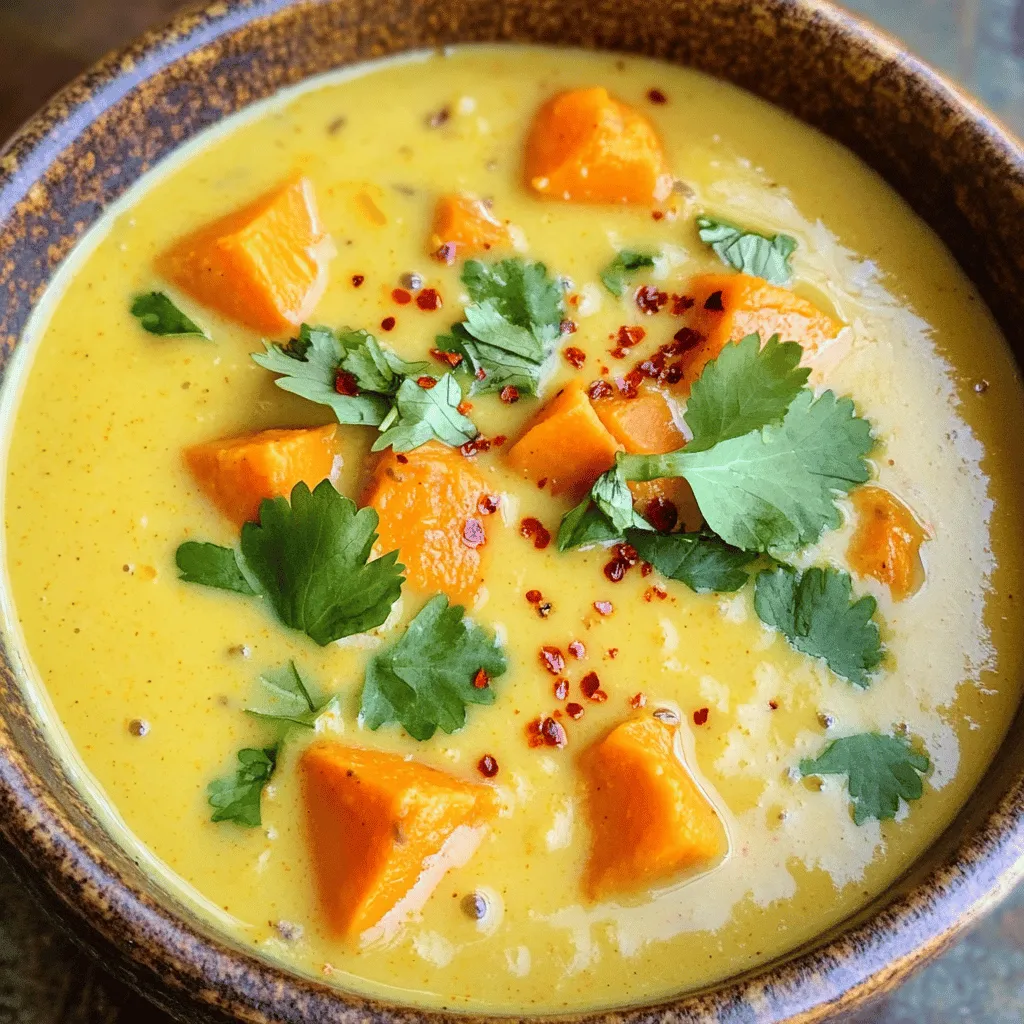 - 2 medium sweet potatoes, peeled and cut into 1-inch cubes - 1 can (400ml) coconut milk - 2 tablespoons red curry paste Sweet potatoes give this soup a creamy base. They add natural sweetness and nutrients. Coconut milk adds richness and a smooth texture. The red curry paste brings warmth and bold flavor to each spoonful. - 1 medium onion, finely chopped - 3 cloves garlic, minced - 1 tablespoon fresh ginger, peeled and grated Aromatics enhance the soup’s flavor. The onion adds sweetness when sautéed. Garlic gives a rich aroma. Ginger adds a spicy kick. Together, they create a strong base for your soup. - 1 tablespoon soy sauce or tamari - 1 teaspoon turmeric powder - Juice of 1 lime - Fresh cilantro, chopped (for garnish) Seasoning brings all the flavors together. Soy sauce or tamari adds depth. Turmeric gives a warm color and earthy taste. Lime juice brightens the soup. Fresh cilantro adds a fresh, herbal note. These ingredients make each bowl special. Start by warming 1 tablespoon of coconut oil in a large pot over medium heat. Add 1 finely chopped onion, and sauté it for about 5 minutes. Stir often until the onion turns soft and clear. Next, add 3 minced garlic cloves, 1 tablespoon of grated ginger, and 2 tablespoons of red curry paste to the pot. Sauté these for 2 more minutes, stirring continuously. This step releases the rich, aromatic flavors that make the soup special. Now, it’s time to add the main ingredient. Incorporate 2 medium sweet potatoes, cut into 1-inch cubes. Stir well to coat them in the curry mixture. Then, pour in 1 can of coconut milk and 4 cups of low-sodium vegetable broth. Add 1 tablespoon of soy sauce and 1 teaspoon of turmeric powder. Stir everything together and bring the mixture to a gentle boil. Once boiling, lower the heat, cover the pot, and let it simmer for about 20 minutes. The sweet potatoes should be fork-tender when done. After the sweet potatoes are soft, grab your immersion blender. Blend the soup until it is smooth and creamy. If you don’t have an immersion blender, carefully blend the soup in batches using a regular blender. Once blended, return the soup to the pot. Now, season with sea salt, black pepper, and the juice of 1 lime. Stir well to mix the flavors. Taste the soup and adjust the seasoning as needed. Serve hot, garnished with fresh cilantro and a sprinkle of red chili flakes for added spice. To blend properly, I use an immersion blender. It’s easy and safe. Just place it in the pot and blend until smooth. If you don’t have one, you can use a regular blender. When using a regular blender, allow the soup to cool a bit. This helps prevent spills. Fill the blender halfway and blend in batches. Be sure to cover the lid with a towel. This keeps the heat in and protects you from splatters. To boost flavor, you can add spices like cumin or coriander. These spices add depth and warmth. You might also try a pinch of cinnamon for a unique twist. If your soup tastes too sweet, add a splash of lime juice. This brightens the flavors and balances the sweetness. You can also add sea salt or pepper to enhance the taste. Taste as you go, so you find the perfect blend. {{image_4}} You can switch up the sweet potatoes. Try carrots or butternut squash. Both add a sweet touch. For a leafy green, add spinach or kale. Their flavors blend well with the curry. If you want a dairy-free option, consider using almond milk or cashew cream. They create a creamy base that works well. You may even use oat milk for a different flavor. For extra protein, add legumes like chickpeas or lentils. They cook well in the soup and add texture. Tofu is also a great choice. Use firm tofu for a hearty bite. Just cube it and toss it in during cooking. If you prefer meat, chicken or shrimp can boost the dish. For chicken, cube it and cook it with the onions. For shrimp, add them during the last few minutes of cooking. They cook quickly and absorb the curry's flavors. This soup pairs perfectly with bread or rice. A crusty bread can soak up the rich broth. Serve it with basmati or jasmine rice for a filling meal. To create a full meal, consider a side salad. A fresh cucumber or carrot salad adds crunch. You can also serve it with a light, zesty slaw for a nice contrast. To keep your Coconut Curry Sweet Potato Soup fresh, follow these steps: - Refrigeration: Place the soup in an airtight container. Store it in the fridge for up to 4 days. This keeps the flavors intact and safe to eat. - Freezing: If you want to save more, freeze the soup. Use freezer-safe containers or bags. Make sure to leave some space for expansion. The soup can last up to 3 months in the freezer. When you’re ready to eat, just thaw it in the fridge overnight. To enjoy your soup again, here are the best ways to reheat: - Microwave: Pour the soup into a microwave-safe bowl. Heat it in short bursts, stirring in between. This helps the soup heat evenly. - Stovetop: Pour the soup into a pot over low heat. Stir often to prevent sticking. Heat until it’s warm but not boiling. To keep the great flavor and smooth texture, add a splash of coconut milk while reheating. This will refresh the taste and creaminess. Enjoy your delicious soup! You can add heat by using red chili flakes. Just sprinkle them on top when serving. For more spice, mix in sliced fresh jalapeños or serranos. Another option is to include more red curry paste while cooking. Start with a little and taste. You can always add more, but you can't take it out! Yes, you can make this soup ahead of time! It stores well in the fridge for about three to four days. Just keep it in an airtight container. If you want to save it longer, freeze it for up to three months. To reheat, just warm it on the stove or in the microwave until hot. This soup pairs well with many sides. Serve it with crusty bread for dipping. A simple green salad adds a nice crunch. You can also enjoy it over cooked rice for a heartier meal. For extra flavor, try adding lime wedges and fresh cilantro on the side. This blog post covered how to make a tasty Coconut Curry Sweet Potato Soup. We explored the key ingredients like sweet potatoes, coconut milk, and red curry paste. You learned how to sauté aromatics and cook the soup step by step. I shared tips for the best consistency and flavor. You also discovered variations for personal touches and smart storage. For a delicious, easy meal, try this recipe. You'll enjoy the flavors and warmth in every bowl.