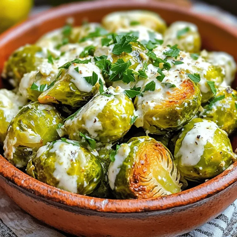 - 1 lb Brussels sprouts, trimmed and halved - 3 tablespoons olive oil - 4 cloves garlic, minced - 1 cup heavy cream - 1 cup freshly grated Parmesan cheese - 1 teaspoon salt - 1/2 teaspoon freshly ground black pepper - 1/2 teaspoon red pepper flakes (optional) - Fresh parsley, finely chopped (for garnish) To create creamy garlic Parmesan Brussels sprouts, you need quality ingredients. Start with fresh Brussels sprouts. Choose ones that are firm and bright green. The olive oil adds flavor and helps with roasting. Fresh garlic packs a punch and gives the dish its signature taste. Heavy cream makes the sauce rich and smooth. I always use freshly grated Parmesan cheese. It melts better and tastes great. Salt and pepper are key to enhancing flavors. Red pepper flakes can add a kick if you like some heat. Finally, parsley adds color and freshness. With this ingredient list, you set the stage for a delicious dish. Every part plays a role in making the sprouts creamy and flavorful. Remember to have fun while cooking; it’s all about enjoying the process! Set your oven to 400°F (200°C). This temperature helps roast the Brussels sprouts perfectly. In a large bowl, add 1 lb of halved Brussels sprouts. Drizzle in 3 tablespoons of olive oil. Sprinkle 1 teaspoon of salt, 1/2 teaspoon of black pepper, and 1/2 teaspoon of red pepper flakes if you want some heat. Toss well to coat each sprout evenly. Spread the seasoned Brussels sprouts in a single layer on a baking sheet. Roast them for 20-25 minutes. Be sure to toss them halfway through cooking for even browning. Look for a golden-brown color and a tender texture. While the sprouts roast, heat a large skillet over medium heat. Add 4 cloves of minced garlic and sauté for 1-2 minutes. Do not let the garlic burn; it should become fragrant. Next, pour in 1 cup of heavy cream and bring it to a gentle simmer. Lower the heat and stir in 1 cup of grated Parmesan cheese. Keep stirring until the cheese melts and the sauce is creamy. Once the Brussels sprouts are roasted, transfer them to the skillet with the creamy garlic sauce. Gently toss the sprouts to ensure they are well coated with the sauce. Let the mixture cook together for an additional 2-3 minutes. This step helps meld the flavors beautifully, making each bite a delight. Transfer the creamy Brussels sprouts to a serving dish. For a vibrant touch, garnish with finely chopped fresh parsley. This adds freshness and makes the dish look elegant. Serve warm and enjoy every bite! To get the best roast on your Brussels sprouts, follow some key steps. First, make sure to trim and halve them evenly. This helps them cook at the same rate. Use enough olive oil for even coating. A good rule is about three tablespoons for one pound of sprouts. Spread them out on the baking sheet without crowding. This ensures hot air circulates around each sprout, giving you that nice golden brown color. Toss them halfway through cooking. This trick promotes even browning and helps develop flavor. Even seasoning is crucial. Always add salt and pepper to the oil before coating the sprouts. This ensures every sprout gets the same flavor. If you like heat, add red pepper flakes into the mix for some zing. You can easily switch up the creamy sauce! If you want a lighter option, try using half-and-half or whole milk instead of heavy cream. For a vegan version, use coconut cream or cashew cream. Both will give you a rich texture without dairy. Feel free to mix in other cheeses. Goat cheese or feta can add a unique flavor twist. You can also sprinkle in some smoked paprika or Italian herbs for extra taste. These small changes can make the dish your own. Creamy Garlic Parmesan Brussels Sprouts pair well with many main dishes. They go great alongside roasted chicken or grilled steak. You can also serve them with pasta for a delightful vegetarian meal. For portion control, consider serving them in small bowls. This way, each guest can take what they want. It makes the meal feel special. Plus, it helps prevent overindulging. Remember, these sprouts are rich and creamy, so a little goes a long way! {{image_4}} To add some heat, use red pepper flakes. Just a half teaspoon gives a nice kick. If you want more spice, feel free to add a bit more. You can also use fresh chopped jalapeños for a different flavor. Balance the spice with the creamy sauce. The cream and cheese will help tone down the heat. If you want to make this dish vegan, you can swap the heavy cream. Use coconut cream or cashew cream instead. Both options create a rich texture. For a cheesy flavor, try nutritional yeast. Blend soaked cashews with garlic for a creamy sauce. This keeps the dish delicious and dairy-free. To make this dish heartier, add protein. Cooked chicken or crispy bacon works well. For chicken, simply dice and sauté it with the garlic. For bacon, cook it first, then add the garlic to the fat. Toss the sprouts with your chosen protein for a filling meal. This adds flavor and texture to your creamy garlic Parmesan Brussels sprouts. To keep your Creamy Garlic Parmesan Brussels Sprouts fresh, store them in the fridge. Use an airtight container to prevent moisture loss. Placing a paper towel inside can absorb extra moisture. This helps keep the sprouts crisp. Enjoy them within three days for the best taste. When reheating, use a skillet on low heat. This method helps to keep the creaminess intact. Stir gently to ensure even warming. If the sauce thickens, add a splash of cream or water. This will revive the dish’s smooth texture. Yes, you can freeze these Brussels sprouts! To freeze, let them cool completely first. Place them in freezer-safe bags, removing excess air. They can last up to three months in the freezer. When ready to eat, thaw in the fridge overnight. Reheat them on the stove to bring back their creamy goodness. Yes, you can prepare Brussels sprouts in advance. First, trim and halve the sprouts. Toss them in olive oil, salt, and pepper. Store them in the fridge for up to a day. When you’re ready, roast them as usual. The creamy sauce can also be made ahead. Just reheat it gently before combining with the sprouts. If you don’t have Parmesan, try Pecorino Romano or Grana Padano. Both options offer a nice salty flavor. Nutritional yeast is a great dairy-free alternative too. It adds a cheesy taste without the cheese. To reduce bitterness, try these tips. Roast the Brussels sprouts until they are golden brown. The caramelization adds sweetness. Season them with a little sugar or honey while cooking. Adding cream and cheese also helps mask any bitterness. You can use frozen Brussels sprouts, but they need adjustments. Thaw and drain them first to remove excess moisture. Roast them at a lower temperature, around 375°F (190°C), for about 30 minutes. This helps them get crispy without becoming mushy. In this blog post, I covered how to make Creamy Garlic Parmesan Brussels Sprouts. You learned about the key ingredients, like fresh Brussels sprouts, garlic, and Parmesan cheese. I provided step-by-step cooking instructions and helpful tips for perfecting the dish. In conclusion, this recipe shines with its creamy sauce and bright flavors. Try variations to suit your taste. Enjoy your cooking and impress your guests with this tasty side!