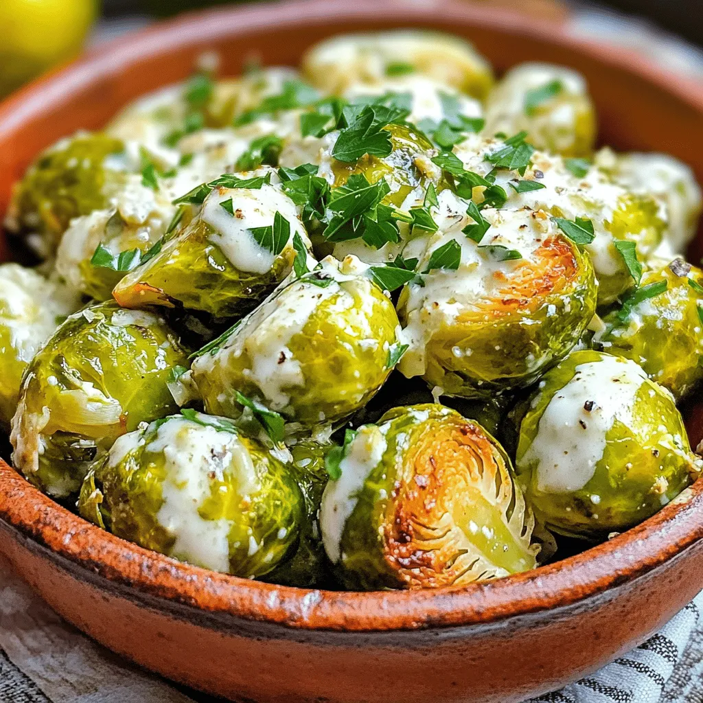 - 1 lb Brussels sprouts, trimmed and halved - 3 tablespoons olive oil - 4 cloves garlic, minced - 1 cup heavy cream - 1 cup freshly grated Parmesan cheese - 1 teaspoon salt - 1/2 teaspoon freshly ground black pepper - 1/2 teaspoon red pepper flakes (optional) - Fresh parsley, finely chopped (for garnish) To create creamy garlic Parmesan Brussels sprouts, you need quality ingredients. Start with fresh Brussels sprouts. Choose ones that are firm and bright green. The olive oil adds flavor and helps with roasting. Fresh garlic packs a punch and gives the dish its signature taste. Heavy cream makes the sauce rich and smooth. I always use freshly grated Parmesan cheese. It melts better and tastes great. Salt and pepper are key to enhancing flavors. Red pepper flakes can add a kick if you like some heat. Finally, parsley adds color and freshness. With this ingredient list, you set the stage for a delicious dish. Every part plays a role in making the sprouts creamy and flavorful. Remember to have fun while cooking; it’s all about enjoying the process! Set your oven to 400°F (200°C). This temperature helps roast the Brussels sprouts perfectly. In a large bowl, add 1 lb of halved Brussels sprouts. Drizzle in 3 tablespoons of olive oil. Sprinkle 1 teaspoon of salt, 1/2 teaspoon of black pepper, and 1/2 teaspoon of red pepper flakes if you want some heat. Toss well to coat each sprout evenly. Spread the seasoned Brussels sprouts in a single layer on a baking sheet. Roast them for 20-25 minutes. Be sure to toss them halfway through cooking for even browning. Look for a golden-brown color and a tender texture. While the sprouts roast, heat a large skillet over medium heat. Add 4 cloves of minced garlic and sauté for 1-2 minutes. Do not let the garlic burn; it should become fragrant. Next, pour in 1 cup of heavy cream and bring it to a gentle simmer. Lower the heat and stir in 1 cup of grated Parmesan cheese. Keep stirring until the cheese melts and the sauce is creamy. Once the Brussels sprouts are roasted, transfer them to the skillet with the creamy garlic sauce. Gently toss the sprouts to ensure they are well coated with the sauce. Let the mixture cook together for an additional 2-3 minutes. This step helps meld the flavors beautifully, making each bite a delight. Transfer the creamy Brussels sprouts to a serving dish. For a vibrant touch, garnish with finely chopped fresh parsley. This adds freshness and makes the dish look elegant. Serve warm and enjoy every bite! To get the best roast on your Brussels sprouts, follow some key steps. First, make sure to trim and halve them evenly. This helps them cook at the same rate. Use enough olive oil for even coating. A good rule is about three tablespoons for one pound of sprouts. Spread them out on the baking sheet without crowding. This ensures hot air circulates around each sprout, giving you that nice golden brown color. Toss them halfway through cooking. This trick promotes even browning and helps develop flavor. Even seasoning is crucial. Always add salt and pepper to the oil before coating the sprouts. This ensures every sprout gets the same flavor. If you like heat, add red pepper flakes into the mix for some zing. You can easily switch up the creamy sauce! If you want a lighter option, try using half-and-half or whole milk instead of heavy cream. For a vegan version, use coconut cream or cashew cream. Both will give you a rich texture without dairy. Feel free to mix in other cheeses. Goat cheese or feta can add a unique flavor twist. You can also sprinkle in some smoked paprika or Italian herbs for extra taste. These small changes can make the dish your own. Creamy Garlic Parmesan Brussels Sprouts pair well with many main dishes. They go great alongside roasted chicken or grilled steak. You can also serve them with pasta for a delightful vegetarian meal. For portion control, consider serving them in small bowls. This way, each guest can take what they want. It makes the meal feel special. Plus, it helps prevent overindulging. Remember, these sprouts are rich and creamy, so a little goes a long way! {{image_4}} To add some heat, use red pepper flakes. Just a half teaspoon gives a nice kick. If you want more spice, feel free to add a bit more. You can also use fresh chopped jalapeños for a different flavor. Balance the spice with the creamy sauce. The cream and cheese will help tone down the heat. If you want to make this dish vegan, you can swap the heavy cream. Use coconut cream or cashew cream instead. Both options create a rich texture. For a cheesy flavor, try nutritional yeast. Blend soaked cashews with garlic for a creamy sauce. This keeps the dish delicious and dairy-free. To make this dish heartier, add protein. Cooked chicken or crispy bacon works well. For chicken, simply dice and sauté it with the garlic. For bacon, cook it first, then add the garlic to the fat. Toss the sprouts with your chosen protein for a filling meal. This adds flavor and texture to your creamy garlic Parmesan Brussels sprouts. To keep your Creamy Garlic Parmesan Brussels Sprouts fresh, store them in the fridge. Use an airtight container to prevent moisture loss. Placing a paper towel inside can absorb extra moisture. This helps keep the sprouts crisp. Enjoy them within three days for the best taste. When reheating, use a skillet on low heat. This method helps to keep the creaminess intact. Stir gently to ensure even warming. If the sauce thickens, add a splash of cream or water. This will revive the dish’s smooth texture. Yes, you can freeze these Brussels sprouts! To freeze, let them cool completely first. Place them in freezer-safe bags, removing excess air. They can last up to three months in the freezer. When ready to eat, thaw in the fridge overnight. Reheat them on the stove to bring back their creamy goodness. Yes, you can prepare Brussels sprouts in advance. First, trim and halve the sprouts. Toss them in olive oil, salt, and pepper. Store them in the fridge for up to a day. When you’re ready, roast them as usual. The creamy sauce can also be made ahead. Just reheat it gently before combining with the sprouts. If you don’t have Parmesan, try Pecorino Romano or Grana Padano. Both options offer a nice salty flavor. Nutritional yeast is a great dairy-free alternative too. It adds a cheesy taste without the cheese. To reduce bitterness, try these tips. Roast the Brussels sprouts until they are golden brown. The caramelization adds sweetness. Season them with a little sugar or honey while cooking. Adding cream and cheese also helps mask any bitterness. You can use frozen Brussels sprouts, but they need adjustments. Thaw and drain them first to remove excess moisture. Roast them at a lower temperature, around 375°F (190°C), for about 30 minutes. This helps them get crispy without becoming mushy. In this blog post, I covered how to make Creamy Garlic Parmesan Brussels Sprouts. You learned about the key ingredients, like fresh Brussels sprouts, garlic, and Parmesan cheese. I provided step-by-step cooking instructions and helpful tips for perfecting the dish. In conclusion, this recipe shines with its creamy sauce and bright flavors. Try variations to suit your taste. Enjoy your cooking and impress your guests with this tasty side!
