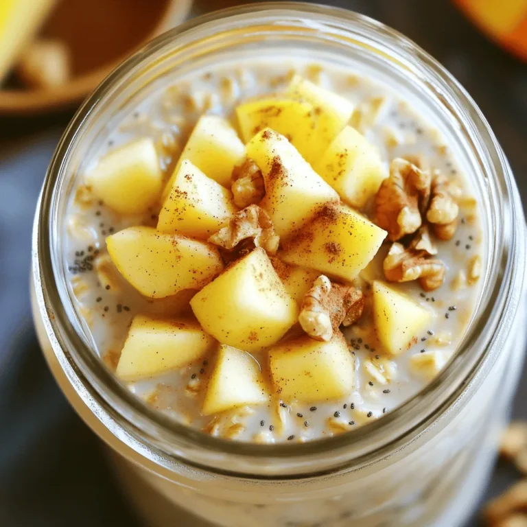 - 1 cup rolled oats - 1 ½ cups almond milk (or any milk of your choice) - 1 sweet apple, diced (such as Fuji or Honeycrisp for optimal sweetness) - 1 tablespoon chia seeds - 1 teaspoon ground cinnamon - 1 tablespoon maple syrup (or honey for sweetness) - ½ teaspoon pure vanilla extract - Pinch of salt - Toppings: Chopped nuts (walnuts or pecans), additional diced apple, and a dusting of cinnamon To make Apple Cinnamon Overnight Oats, gather these ingredients. Rolled oats serve as the base. They soak up the almond milk overnight. This creates a creamy, soft texture. Use almond milk or any milk you prefer. It blends well with oats and sweet apple. The sweet apple, like Fuji or Honeycrisp, adds a nice crunch and flavor. Dicing the apple lets it mix well into the oats. Chia seeds give a boost of nutrition. They also help thicken the mixture. Ground cinnamon brings warmth and spice, perfect for the apple. Maple syrup or honey adds natural sweetness. A tiny bit of pure vanilla extract enhances the overall flavor. Finally, a pinch of salt balances the sweetness. For toppings, think nuts for crunch. Chopped walnuts or pecans work well. You may also add more diced apple and a sprinkle of cinnamon. These toppings make the dish even more delightful. This list makes it easy to create a tasty breakfast. Each ingredient plays a role in flavor and texture. Enjoy the process of making this simple dish! 1. First, grab a medium bowl or a mason jar. 2. Combine 1 cup of rolled oats with 1 ½ cups of almond milk. 3. Add 1 tablespoon of chia seeds, 1 teaspoon of ground cinnamon, and 1 tablespoon of maple syrup. 4. Pour in ½ teaspoon of pure vanilla extract and a pinch of salt. 5. Mix everything well. Ensure the oats get coated with the milk and flavors. 6. Next, gently fold in the diced sweet apple. Save a few pieces for later. 7. Seal the bowl or jar tightly with a lid or plastic wrap. 8. Place it in the fridge. Let it chill for at least 4 hours, or overnight is best. 1. In the morning, take the jar from the fridge. 2. Stir the oats well before serving. If it's too thick, add a splash of milk. 3. Serve the oats in bowls, or eat straight from the jar. 4. Top with the reserved diced apple, chopped nuts, and a sprinkle of cinnamon. Enjoy your tasty Apple Cinnamon Overnight Oats! Choosing the right apple When picking apples, go for sweet types like Fuji or Honeycrisp. They will make your oats taste great. You can also try Granny Smith if you like a tart kick. Just remember, sweeter apples mean a sweeter dish. Alternatives to sweeteners If you want to skip maple syrup, try honey or agave nectar. You can even use mashed bananas for a natural touch. Each option brings its own unique flavor. Just adjust the amount based on your taste. Storing oatmeal in jars Storing oatmeal in mason jars is simple and fun. Each jar can hold one serving of oats. This keeps your breakfast ready to go. Just seal the jars tightly and place them in the fridge. Tips for meal prep Meal prep saves time in the morning. Make a batch of overnight oats for the week. You can mix different flavors in each jar for variety. Use different toppings each day to keep it exciting. This way, breakfast stays fresh and fun! {{image_4}} You can make apple cinnamon overnight oats even more fun by adding other fruits. Try bananas, berries, or peaches for a fresh twist. Each fruit gives a unique taste. You can also add spices like nutmeg or ginger to enhance the flavor. Nut butter is another great addition. Almond, peanut, or cashew butter adds creaminess and protein. A spoonful of nut butter can also make your oats more filling. It’s a simple way to change up the taste and boost nutrition. When making overnight oats, you can use quick oats instead of rolled oats. Quick oats soak up liquid faster. They will give your dish a softer texture. If you like a bit more chew, stick with rolled oats. Incorporating yogurt is a great way to add creaminess. Greek yogurt also increases protein content. Swirl in some yogurt before serving for a smooth finish. This adds a lovely tang that pairs well with the sweetness of the apples. To keep your apple cinnamon overnight oats fresh, store them in the fridge. Use an airtight container to prevent any odors from getting in. If you made extra, jars work well too. Just make sure the lid is on tight. This helps the oats stay creamy and tasty. For the best flavor and texture, eat your oats within five days. Always check for freshness. If you see any mold or a sour smell, toss them out. Your health is important! If the oats seem dry or hard, they may not taste good anymore. Enjoy your oats while they are still fresh and delicious! Yes, you can easily make this recipe vegan. Just use almond milk or any plant-based milk. Maple syrup is already vegan, so you are good to go. You can keep these overnight oats in the fridge for up to 5 days. Just make sure you store them in a sealed container. After a few days, the oats may become softer, but they'll still taste great! Using instant oats is possible, but the texture will change. Instant oats soak up liquid faster, so your oats may be too mushy. Stick with rolled oats for the best results. They stay firm and give a nice bite. You can create a healthy and tasty breakfast with simple ingredients. We covered the main ingredients, steps to prepare, and tips to customize. You can add different fruits or nut butters for flavor. Remember to store your oats properly for the best freshness. With these easy steps, you can enjoy delicious overnight oats any time. Experiment and find your favorite combinations! Enjoy a quick, nutritious meal that fits your lifestyle.