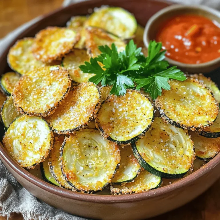- 2 medium zucchinis - 1 cup freshly grated Parmesan cheese - Seasonings: garlic powder, onion powder, smoked paprika, salt, black pepper - 2 tablespoons extra-virgin olive oil - Fresh parsley (for garnish) To make Parmesan garlic baked zucchini chips, you need fresh ingredients. Begin with two medium zucchinis. They should be firm and bright. Next, freshly grate one cup of Parmesan cheese. This step is key for flavor and texture. For seasonings, gather garlic powder, onion powder, smoked paprika, salt, and black pepper. These spices work together to build a savory taste. You will also need two tablespoons of extra-virgin olive oil. This oil helps the zucchini crisp up nicely. Finally, get some fresh parsley for garnish. It adds color and a hint of freshness. With these ingredients, you are ready to create a delicious snack that is both crispy and satisfying. Set your oven to 225°F (110°C). This low heat helps the zucchini chips become crispy. Line a baking sheet with parchment paper. This step keeps the chips from sticking and makes clean-up easier. Take two medium zucchinis and slice them thinly into rounds. Place the slices in a large mixing bowl. Drizzle two tablespoons of extra-virgin olive oil over the zucchini. Toss the slices gently until they are evenly coated with the oil. In a separate bowl, mix one cup of freshly grated Parmesan cheese, one teaspoon garlic powder, one teaspoon onion powder, one teaspoon smoked paprika, half a teaspoon of salt, and a quarter teaspoon of black pepper. Stir well to combine all the dry ingredients. This mix will add great flavor to the chips. Now, take one zucchini slice at a time. Dip it into the Parmesan mixture, pressing gently to coat both sides. This ensures even coverage. Once coated, lay the slices on the lined baking sheet in a single layer. Avoid overlapping the slices so they crisp up nicely. Place the baking sheet in the oven. Bake the zucchini chips for about two hours. Halfway through baking, flip the chips using tongs. This helps them cook evenly. They are done when they are golden brown and feel crispy to the touch. After baking, remove the chips from the oven and let them cool for a few minutes on the baking sheet. This cooling time enhances their crunchiness. Once cooled, sprinkle finely chopped fresh parsley over the chips for a touch of color. Serve the chips in a rustic bowl or on a stylish platter. You can add a small bowl of marinara sauce or ranch dressing for dipping. Enjoy! To get the best crunch from your zucchini chips, follow these tips: - Oven settings and techniques: Preheat your oven to 225°F (110°C). This low temperature helps dry out the zucchini slowly. This method creates crispy chips without burning them. - Ideal thickness of zucchini slices: Slice your zucchinis into thin rounds, about 1/8 inch thick. This thickness allows for even cooking and crispiness. If they are too thick, the chips may turn out soggy. Boost the taste of your chips with these simple ideas: - Suggested spices and seasonings: Besides the garlic powder and smoked paprika, feel free to try adding Italian seasoning or even a pinch of cayenne for heat. These spices give your chips a unique kick. - Using fresh herbs: Fresh herbs, like basil or oregano, can add a burst of flavor. Mix them into your seasoning or sprinkle them on top after baking for a fresh touch. Make your zucchini chips even more enjoyable with these serving ideas: - Best dips and accompaniments: Serve your chips with marinara sauce, ranch dressing, or a tangy yogurt dip. These flavors pair well with the savory Parmesan. - Presentation ideas for gatherings: Arrange your chips in a colorful bowl or on a stylish platter. Add a small bowl of dip in the center. This not only looks great but also invites guests to dig in. {{image_4}} You can swap Parmesan for other cheeses. Try using Pecorino Romano for a sharper taste. Asiago or nutritional yeast can also work well for a twist. Combining cheeses can create rich flavors. Mixing Parmesan with cheddar gives a creamy texture and a new depth. Do not hesitate to experiment with spices. You can add onion powder for a savory kick. Smoked paprika brings a nice smoky taste. Want some heat? Chili flakes or diced jalapeños can spice things up. Just adjust the amount to match your heat level. If you want a quicker option, try air frying your zucchini chips. An air fryer cuts the cook time while still making them crispy. You can also pan-fry them in olive oil for a different texture. Just keep an eye on them to avoid burning. To keep your Parmesan garlic baked zucchini chips fresh, store them in the refrigerator. Use an airtight container to prevent moisture from making them soggy. Avoid using paper bags, as they won’t protect the chips from air. When stored properly, your chips can remain crispy for a few days. If you want to enjoy your chips again, reheating is key. Use an oven or an air fryer to restore their crispiness. Preheat the oven to 350°F (175°C) and bake for 5-10 minutes. This method helps keep them crunchy. Avoid using the microwave, as it can make them soggy. Understanding how long your chips last is important. When stored correctly, they can last about 3-5 days in the fridge. Look for signs of spoilage, like a change in color or a soft texture. If they smell off, it's best to toss them. Enjoy your crispy snack while they’re at their best! Using frozen zucchini is not ideal for this recipe. Frozen zucchini has a lot of water. This extra moisture can make your chips soggy. If you must use frozen, thaw them first. Then, pat them dry with a paper towel. This step helps reduce excess moisture. You may also need to adjust the cooking time to ensure they crisp up well. To make zucchini chips without cheese, you can use a mix of spices. Try using nutritional yeast for a cheesy flavor. Add garlic powder, onion powder, and your favorite herbs. You can also use breadcrumbs if you want a crunchy coating. Coat the zucchini slices with olive oil and the spice mix. Then bake as you would with cheese. Zucchini chips are a healthy snack option. They provide essential nutrients like vitamins A and C. Zucchini is low in calories and high in fiber. This helps keep you full longer. The use of olive oil adds healthy fats, while Parmesan cheese offers protein. Overall, these chips are a tasty and nutritious choice. Yes, you can bake zucchini chips at a higher temperature. If you set the oven to 350°F (175°C), the chips will cook faster. However, you need to watch them closely. Bake for about 30-40 minutes instead of 2 hours. Flip them halfway to ensure even cooking. Keep an eye on them to prevent burning. Zucchini chips pair well with many dips and snacks. Try serving them with marinara sauce or ranch dressing for dipping. You can also add guacamole or hummus for a twist. They make a great side for sandwiches or burgers. Serve them in a beautiful bowl for a fun presentation at gatherings. This blog post covered how to make delicious zucchini chips. We learned the best ingredients, like fresh zucchini and Parmesan cheese, and followed easy steps to create crisp chips. You also discovered tips for perfect flavor and texture, plus fun variations for your kitchen. In the end, zucchini chips are a healthy snack. They are easy to make, tasty, and great for sharing. Try them today and enjoy a crunchy treat!
