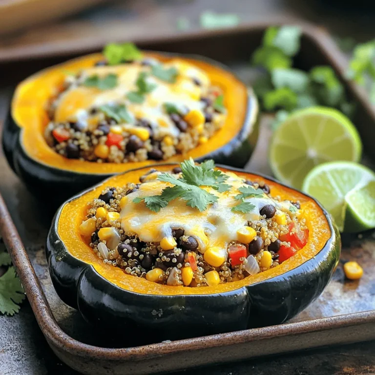 - 2 acorn squashes, halved and seeds removed - 1 cup cooked quinoa - 1 can (15 oz) black beans, drained and rinsed - 1 cup corn (fresh, frozen, or canned) - 1 red bell pepper, diced - 1 small red onion, finely chopped - 2 cloves garlic, minced - 1 teaspoon ground cumin - 1 teaspoon chili powder - 1/2 teaspoon smoked paprika - 1/4 teaspoon cayenne pepper (adjust to taste) - 1 cup shredded cheddar cheese (or vegan cheese substitute) - Salt and pepper, to taste - Fresh cilantro, for garnish - Lime wedges, for serving If you can’t find acorn squash, butternut squash works well. For quinoa, try using rice or farro. If you want a different bean, kidney beans or pinto beans can be tasty. Use sweet potato instead of corn if you want a sweet twist. If you need a cheese substitute, nutritional yeast can add a nice flavor. When picking acorn squash, look for ones that are firm and heavy for their size. The skin should be dull and free from soft spots. Choose corn that has bright yellow or white kernels. For bell peppers, pick ones that are firm and vibrant. A fresh red onion should feel solid and have a papery skin. Always smell the garlic; it should be strong and fresh. Start by preheating your oven to 400°F (200°C). Cut the acorn squashes in half and remove the seeds. Place the squash halves cut side up on a baking sheet. Drizzle a little olive oil on top and sprinkle with salt and pepper. Roast them in the oven for 30 to 35 minutes. The flesh should feel tender and a fork should pierce the skin easily. In a large skillet, add a splash of olive oil and set it over medium heat. Add the finely chopped red onion and sauté it for about 3 to 4 minutes until it turns clear. Next, add the minced garlic and diced red bell pepper to the skillet. Sprinkle in the ground cumin, chili powder, smoked paprika, and cayenne pepper. Cook this mixture for 3 to 5 minutes. Stir it often until the bell pepper softens. Now, stir in the cooked quinoa along with the drained black beans and corn. Mix all the ingredients well. Season with salt and pepper to taste. Lastly, take the skillet off the heat and fold in half of the shredded cheese until it melts and mixes evenly. Once the acorn squashes are done roasting, carefully take them out of the oven using oven mitts. Spoon the quinoa filling into each squash half, packing it down gently. Top each filled squash with the rest of the shredded cheese. Return the baking sheet to the oven for another 10 to 15 minutes. Bake until the cheese is melted, bubbly, and slightly golden. After cooking, let the stuffed squashes cool a bit before serving. Garnish with fresh cilantro and serve with lime wedges for a fresh kick. To roast acorn squash well, start by preheating your oven to 400°F (200°C). Cut the squash in half and scoop out the seeds. This step is key for even cooking. Place the halves cut side up on a baking sheet. Drizzle them lightly with olive oil. Make sure to season with salt and pepper. Roast the squash for 30-35 minutes. You know it’s ready when the flesh is tender. A fork should easily pierce the skin. This method ensures a sweet and soft base for your filling. When it comes to cheese, you have choices! For classic taste, use shredded cheddar cheese. It melts well and adds great flavor. If you prefer a vegan option, try vegan cheese. Many brands offer good melting cheese. You can also use crumbled feta for a tangy twist. If you want to cut calories, consider using low-fat cheese. Each option gives a unique flavor to your stuffed squash. Choose what suits your diet best. To make your dish pop, add more flavor! Ground cumin, chili powder, and smoked paprika are great base spices. For extra heat, add cayenne pepper. Adjust it based on your spice tolerance. Fresh herbs like cilantro add bright notes. Consider adding a squeeze of lime juice for a zesty kick. If you like a savory depth, add a splash of soy sauce. Experiment with these options to find your perfect flavor balance. {{image_4}} You can easily adapt this dish to fit your diet. For a vegetarian version, use regular cheese. If you need a vegan option, swap in vegan cheese. Make sure it melts well for that gooey texture. Both options taste great! Feel free to mix in more veggies. Zucchini, spinach, or mushrooms work well here. You can also add diced tomatoes for extra flavor. These veggies boost nutrition and add color. Plus, they make the dish even more fun! Want to turn up the heat? Add more cayenne pepper for a fiery kick! You can also use fresh jalapeños or hot sauce. If you prefer mild flavors, use less cayenne. Adjust it to fit your taste! Store your Southwest Quinoa Stuffed Acorn Squash in an airtight container. Place it in the fridge. It stays fresh for about 3 to 4 days. Make sure to let it cool first before sealing. This helps keep it from getting soggy. To reheat, place the stuffed squash on a baking sheet. Heat your oven to 350°F (175°C). Bake for about 15-20 minutes until it’s warm. You can also use a microwave. Just cover it with a microwave-safe lid and heat for 2-3 minutes. You can freeze these stuffed squashes too! Wrap each half in plastic wrap, then place them in a freezer bag. They stay good for up to 3 months. To eat them later, thaw in the fridge overnight. Reheat as described above. Enjoy your tasty meal anytime! Yes, you can prepare this recipe in advance. Make the filling and roast the squash earlier in the day. Just keep them separate. When you are ready to serve, stuff the squash and bake it. This method saves time and keeps the flavors fresh. Roasting the acorn squash takes about 30 to 35 minutes. You want the flesh to be tender. A fork should easily pierce the skin. Preheat your oven to 400°F (200°C) for best results. This dish pairs well with a fresh salad or some warm bread. You can also serve it with a side of guacamole or salsa for extra flavor. Lime wedges on the side add a nice zesty touch. This blog post covered all you need to know about making Southwest quinoa stuffed acorn squash. We explored key ingredients, cooking tips, and even tasty variations. We also shared how to store leftovers and answered common questions. Remember, fresh produce elevates your dish, and creativity in flavor and spice makes it fun. Enjoy your cooking journey with this dish. You’ll impress everyone and satisfy your taste buds!