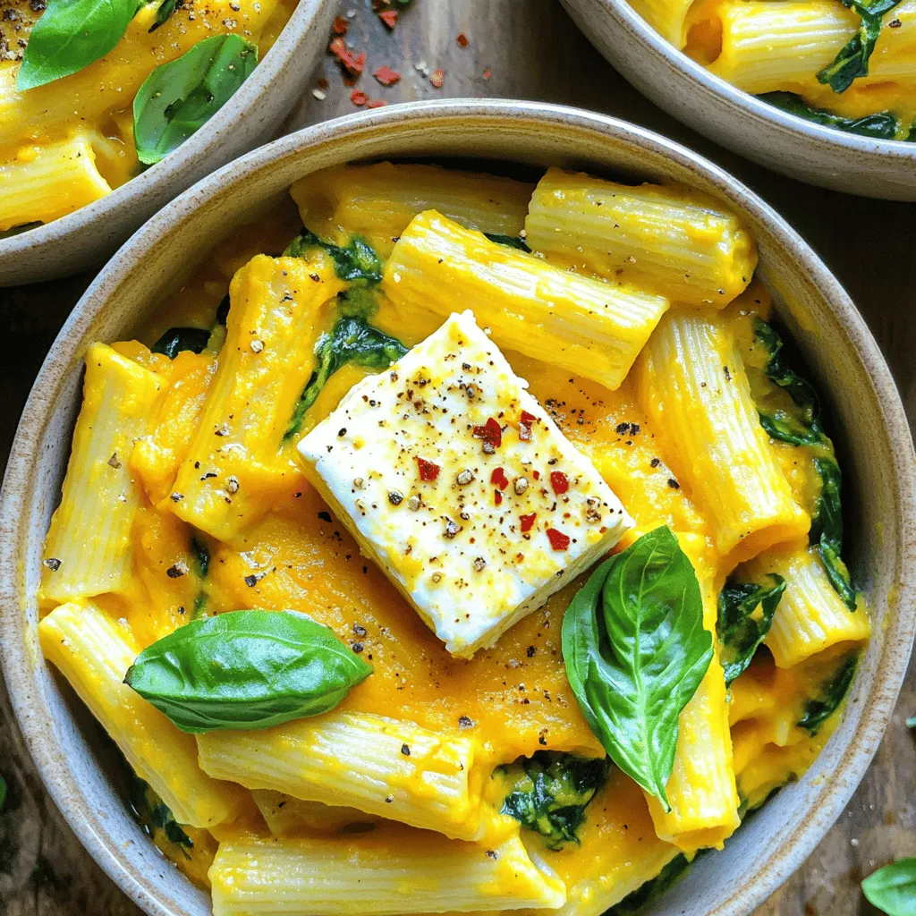 - Pasta: Use 8 ounces of penne or fusilli for the best texture. - Pumpkin puree: One cup is needed. You can use canned or homemade. - Feta cheese: One block, 8 ounces. Choose a good quality feta for flavor. - Olive oil: Two tablespoons to enhance the creaminess. - Seasonings: - One teaspoon of garlic powder for depth. - One teaspoon of dried thyme for a fragrant touch. - Half a teaspoon of red pepper flakes for a hint of heat. Adjust to your taste! - Salt and black pepper to season to your liking. - Grated Parmesan cheese: A quarter cup adds richness to the dish. - Fresh herbs: Use basil or parsley for a fresh, vibrant garnish. Start by preheating your oven to 400°F (200°C). This step is key for even cooking. While the oven heats, boil water in a large pot. Add 8 ounces of pasta, like penne or fusilli. Cook it until it is al dente, which means it should be firm but not hard. Drain the pasta and set it aside. Next, grab a medium baking dish. Place the block of feta cheese right in the center. Surround the feta with 1 cup of pumpkin puree. Drizzle 2 tablespoons of olive oil over everything. Sprinkle in 1 teaspoon of garlic powder, 1 teaspoon of dried thyme, and ½ teaspoon of red pepper flakes. Season generously with salt and black pepper. Gently mix the ingredients around the feta. This helps all the flavors blend nicely. Now, it's time to bake. Carefully place the baking dish in your preheated oven. Bake for 25-30 minutes. Look for the feta to be soft, bubbly, and golden. Once it's done, take the dish out of the oven. Use a fork to mash the feta into the pumpkin puree. Mix until it turns creamy and smooth. Add the cooked pasta and 1 cup of roughly chopped spinach to the creamy mixture. Stir everything well so that the pasta and spinach are coated in the sauce. If you want an extra creamy texture, you can add ¼ cup of grated Parmesan cheese. To serve, spoon the creamy pumpkin pasta into bowls. Garnish with fresh basil or parsley for a nice touch. Adjusting spice levels can change the whole dish. I like to use red pepper flakes to add heat. Start with a half teaspoon and taste. If you want more spice, add a bit more. This way, you can make it just right for your family. Choosing the best type of pasta is key. I recommend penne or fusilli. They hold sauce well and add texture. Make sure to cook your pasta until it’s al dente. This keeps it firm and helps it mix well with the creamy sauce. For a richer taste, think about adding garlic or herbs. Fresh garlic gives a great punch. You can chop some and add it when you mix the feta and pumpkin. Fresh herbs like basil or parsley can also brighten up the dish. Toss in a handful right before serving for color and flavor. If you want to switch things up, try ingredient substitutions. You can use cream cheese if you can't find feta. For a twist, add sautéed mushrooms or spinach for extra nutrition and taste. Don't be afraid to get creative with what you have on hand! {{image_4}} For those following a vegan diet, you can swap feta cheese for a plant-based alternative. Look for brands that mimic the taste and texture of feta. You can also make a homemade version using blended tofu, lemon juice, and nutritional yeast. This gives you a creamy, tangy flavor without any dairy. If you need gluten-free options, choose gluten-free pasta. Many brands now offer great choices made from rice, quinoa, or chickpeas. These options provide the same enjoyable texture and taste while keeping the dish gluten-free. Add more veggies for extra nutrition and flavor. Spinach is great, but you can also use kale, zucchini, or bell peppers. Just chop them up and mix them in with the pasta. This will give the dish more color and nutrients. You can change the seasonings to fit your taste. Try adding Italian herbs for a classic flavor or toss in some curry powder for an exciting twist. Experimenting with different spices can change the whole vibe of the dish. It’s fun to make it unique to your palate! To keep your creamy baked feta pumpkin pasta fresh, follow these simple steps: - Cool Down: Let the pasta cool to room temperature before storing. - Use Airtight Containers: Place the leftovers in airtight containers. This helps maintain moisture and flavor. - Refrigerate: Store the containers in the fridge. They will stay fresh for about 3-4 days. Reheating your pasta without losing creaminess is key. Here’s how to do it right: - Stovetop Method: Heat a pan over low heat. Add a splash of water or olive oil to prevent sticking. Stir gently until warm. - Microwave Method: Place pasta in a microwave-safe bowl. Add a bit of water, cover with a lid or microwave-safe wrap, and heat in short bursts. Stir between intervals to ensure even heating. - Add Creaminess: If the pasta seems dry, mix in a little extra olive oil or a splash of cream. This keeps the dish rich and smooth. How long does it take to bake the feta? It takes 25 to 30 minutes to bake feta. You want it soft and bubbly. The top should be golden brown. This gives the feta a creamy texture and rich flavor. Can I use fresh pumpkin instead of puree? Yes, you can use fresh pumpkin. Just cook and mash the pumpkin first. Fresh pumpkin adds a nice texture and flavor. Make sure to measure out one cup for the recipe. What type of pasta works best for this recipe? Penne or fusilli works great for this dish. Their shapes hold the creamy sauce well. You can use other pasta types if you prefer, but these are my favorites. The entire dish serves four people and has about 350 calories per serving. Here’s a breakdown of key nutrients: - Carbohydrates: Pasta and pumpkin provide healthy carbs for energy. - Protein: Feta adds protein to help keep you full. - Fiber: Pumpkin and spinach offer fiber for digestion. Health benefits of key ingredients - Pumpkin: High in vitamins A and C. It’s great for your eyes and skin. - Feta Cheese: Contains calcium and can support bone health. - Spinach: Rich in iron and antioxidants. It boosts your immune system. This blog post covers all you need to create a tasty pasta dish with pumpkin and feta. You learned about key ingredients, cooking steps, and helpful tips for success. Remember to pick the best pasta and adjust spices to your liking. With ideas for variations and storage, you'll enjoy this dish for days. Now, go ahead and make this creamy pasta delight. Your taste buds will thank you!