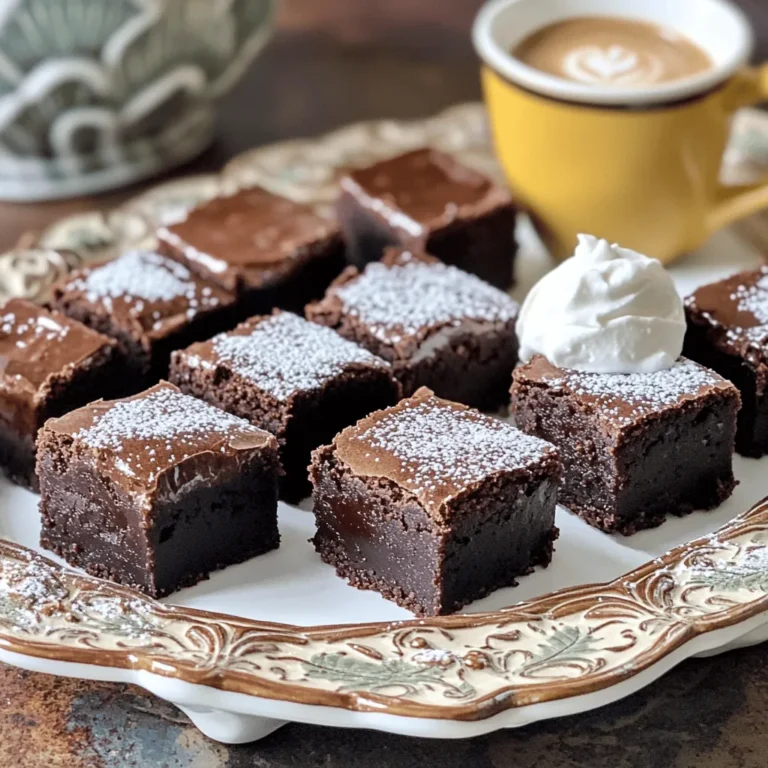 - 1 cup dark chocolate chips - 1/2 cup unsalted butter (1 stick) - 3/4 cup granulated sugar - 2 large eggs, at room temperature - 1 teaspoon vanilla extract - 1/3 cup all-purpose flour - 1/4 cup unsweetened cocoa powder - 1 tablespoon espresso powder - 1/4 teaspoon salt - Optional: powdered sugar for dusting Dark chocolate chips give these bites a rich flavor. I love using high-quality dark chocolate, as it enhances the taste. Unsalted butter adds creaminess and depth to the batter. Granulated sugar helps sweeten and creates a lovely texture. Eggs are key here. They bind the batter and provide moisture. Using room temperature eggs ensures they mix in well. Vanilla extract adds warmth and rounds out the flavors in the brownies. For the dry mix, I use all-purpose flour and unsweetened cocoa powder. These create a sturdy base and add that chocolatey goodness. Espresso powder boosts the chocolate flavor. It gives a nice kick without being too strong. A pinch of salt balances the sweetness and enhances all the flavors. If you want an extra touch, consider powdered sugar for dusting. It adds a nice visual appeal and a hint of sweetness. Each ingredient plays a role in making these espresso brownie bites delicious and memorable. 1. Preheat your oven to 350°F (175°C). This helps the brownie bites bake evenly. 2. Prepare a mini muffin pan by lining it with paper liners. You can also grease it with non-stick spray. This step stops the brownie bites from sticking. 3. Melt the chocolate and butter together. In a microwave-safe bowl, combine 1 cup of dark chocolate chips with 1/2 cup of unsalted butter. Heat them in the microwave. Use 30-second intervals and stir well each time. Keep doing this until the mix is smooth and melted. 4. Mix in sugar and eggs. Add 3/4 cup of granulated sugar to your melted mix. Stir it until it blends well. Then, add 2 large eggs one at a time, mixing well after each. Finally, stir in 1 teaspoon of vanilla extract for flavor. 1. Sift and mix the dry ingredients. In another bowl, combine 1/3 cup of all-purpose flour, 1/4 cup of unsweetened cocoa powder, 1 tablespoon of espresso powder, and 1/4 teaspoon of salt. Sifting helps to break up any lumps and makes mixing easier. 2. Fold the dry mix into the wet mix. Gently combine the dry and wet ingredients. Mix just until you see no flour bits. Be careful not to overmix; this keeps your brownie bites chewy. 1. Fill the muffin pan. Use a spoon or a small cookie scoop to fill each muffin cavity about 3/4 full. This amount lets them rise perfectly. 2. Bake in the oven. Place the filled pan in your preheated oven. Bake for 10 to 12 minutes. The edges should look firm, while the centers stay soft and fudgy. 3. Cool the brownie bites. Once baked, take them out of the oven. Let them cool in the pan for 3 to 5 minutes. Then, move them to a wire rack to cool completely. This cooling step helps them set up nicely. 4. Optional dusting. If you want a sweet touch, sprinkle powdered sugar on the cooled brownie bites right before serving. This adds a nice look and extra sweetness. To get chewy brownie bites, avoid overmixing the batter. Mix just until you see no dry flour. Overmixing makes brownies tough. Using room temperature eggs is key. Cold eggs can make the batter clumpy. They mix better when warm. Just take them out of the fridge for about 30 minutes before using. Balancing chocolate and espresso is crucial. Too much espresso can overpower the chocolate. Use one tablespoon of espresso powder for the right kick. For a fancy touch, dust the finished brownie bites with powdered sugar. It adds sweetness and a nice look. You can also serve them with whipped cream or a shot of espresso for a rich dessert experience. {{image_4}} You can change the chocolate in these bites to make them your own. - Adding nuts or chocolate chunks: Mix in walnuts, pecans, or chocolate chunks for a tasty crunch. Nuts add a nice texture, while extra chocolate boosts the flavor. Just fold in about half a cup of your favorite nuts or chunks before baking. - Using different types of chocolate: For a sweeter treat, try milk chocolate instead of dark chocolate. This will give your brownie bites a creamier taste. You can even blend dark and milk chocolate for a nice balance. Get creative with flavors to make these bites unique. - Adding flavored extracts: A splash of almond or hazelnut extract can elevate your bites. Just add a teaspoon to the mix. This will add a lovely aroma and depth to the brownies. - Incorporating spices: Spice things up by adding a pinch of cinnamon or chili powder. Cinnamon gives warmth and comfort, while chili powder adds a surprising kick. Start with just a quarter teaspoon and adjust to your taste. These variations keep your espresso brownie bites exciting. Feel free to mix and match to find your favorite flavor combinations! Store your espresso brownie bites in an airtight container. Keep them at room temperature for the best taste. A cool, dry spot works well. If you live in a warm area, consider using the fridge. This keeps them fresh longer but may alter the texture. If you choose the fridge, let them sit out for a bit before serving. This will soften them up again. These brownie bites stay fresh for about 3 to 5 days at room temperature. If stored in the fridge, they can last up to a week. You can also freeze them for about a month. Just wrap each bite tightly in plastic wrap. Store them in a freezer-safe bag or container. When you're ready to enjoy, let them thaw at room temperature. Can I use a different type of coffee instead of espresso powder? Yes, you can use instant coffee granules. Just make sure to match the amount. Espresso powder gives a stronger coffee flavor, so adjust to your taste. How do I know when the brownie bites are done baking? Check for firm edges and slightly soft centers. They should not jiggle when you shake the pan. A toothpick inserted should come out with a few moist crumbs. Can I make these brownie bites gluten-free? Absolutely! Substitute all-purpose flour with a gluten-free blend. Make sure the blend includes xanthan gum for the best texture. What can I serve with espresso brownie bites? Serve them with a shot of espresso or a scoop of vanilla ice cream. Whipped cream or a sprinkle of berries adds a nice touch. Can I freeze espresso brownie bites for later? Yes, you can freeze them! Place them in an airtight container. They stay fresh for up to three months. Just thaw before serving for the best taste. In this article, we explored how to make delicious brownie bites using simple ingredients. We covered the steps from preheating the oven to cooling your treats. I shared tips for perfect texture and flavor, along with variations like adding nuts or spices. Remember to store your brownie bites properly for the best taste. With these insights, you'll bake great brownie bites every time. Enjoy your baking journey!