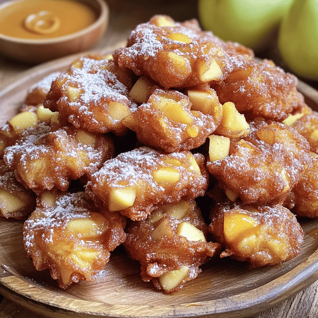 - 2 medium apples (Granny Smith or Honeycrisp) - 1 cup all-purpose flour - 1/4 cup granulated sugar - 1 teaspoon baking powder - 1/2 teaspoon ground cinnamon (plus extra for sprinkling) - 1/4 teaspoon salt - 1/2 cup milk - 1 large egg - 1 teaspoon vanilla extract - Vegetable oil for frying - 1/2 cup powdered sugar for coating - Mixing bowls - Whisk - Slotted spoon - Deep frying pan - Cooking thermometer When I make cinnamon sugar apple fritters, I focus on fresh ingredients. First, I choose two medium apples. Granny Smith or Honeycrisp work best for a sweet and tart flavor. Next, I gather my dry ingredients. I need one cup of all-purpose flour, a quarter cup of granulated sugar, one teaspoon of baking powder, half a teaspoon of ground cinnamon, and a quarter teaspoon of salt. In another bowl, I measure half a cup of milk, one large egg, and one teaspoon of vanilla extract. These wet ingredients help bind everything together. I also prepare vegetable oil for frying. It needs to be deep enough to hold about two inches. Lastly, I have half a cup of powdered sugar ready for coating. This will make my fritters sweet and delicious. For equipment, I need mixing bowls to combine ingredients. A whisk helps mix the wet ingredients smoothly. A slotted spoon is great for removing the fritters from hot oil. A deep frying pan is essential for cooking, and a cooking thermometer ensures the oil is at the right temperature. With all these ingredients and tools, I'm ready to create a tasty treat. - In a medium bowl, combine: - 1 cup all-purpose flour - 1/4 cup granulated sugar - 1 teaspoon baking powder - 1/2 teaspoon ground cinnamon - 1/4 teaspoon salt Whisk these dry ingredients until they are free of lumps. - In another bowl, mix: - 1/2 cup milk - 1 large egg - 1 teaspoon vanilla extract Whisk them together until smooth. - Slowly pour the wet mixture into the dry mix. Stir gently until just combined. It’s okay if some lumps remain. - Carefully fold in: - 2 medium apples, peeled and finely diced. Ensure the apples are evenly mixed into the batter. - In a deep frying pan, heat about 2 inches of vegetable oil. Use a thermometer to check the temperature. Heat the oil to 350°F (175°C). - Once the oil is hot, drop spoonfuls of the batter into the oil. Be sure not to overcrowd the pan. - Fry each fritter for about 3-4 minutes until golden brown. Then, flip them and fry for another 3-4 minutes on the other side. - Using a slotted spoon, remove the fritters from the oil. Let them drain on paper towels to absorb excess oil. - While still warm, roll each fritter in a mix of: - 1/2 cup powdered sugar - A sprinkle of cinnamon This adds a sweet and spicy touch to each fritter. - Let the fritters cool slightly on a wire rack before serving. Enjoy them warm for a delightful treat! - Maintaining the right oil temperature: Heat the oil to 350°F (175°C). Use a thermometer to check. This keeps the fritters crispy and golden. If the oil is too cool, the fritters will soak up oil. If it's too hot, they will burn quickly. - Avoiding overcrowding in the frying pan: Fry just a few fritters at a time. This helps them cook evenly. Overcrowding lowers the oil temperature and makes them soggy. Give each fritter space to rise and float. - Choosing the best type of apple: Use Granny Smith or Honeycrisp apples. These apples have great flavor and hold their shape well when cooked. They add a nice tartness that balances the sweetness of the fritters. - Tips for perfecting the batter consistency: Mix the wet and dry ingredients until just combined. Lumps are okay! A thick batter helps the fritters hold their shape. If it’s too runny, add a little more flour. - Arranging fritters on a serving plate: Stack the fritters in a nice pile. Dust with powdered sugar for a sweet finish. Use a beautiful plate to make them look special. - Pairing with dips like maple syrup or caramel: Serve with small bowls of maple syrup or warm caramel sauce. These dips add a fun twist and enhance the flavors of the fritters. {{image_4}} You can make your fritters even better by adding nuts or raisins. Chopped walnuts or pecans add a nice crunch. Raisins bring sweetness and chewiness to each bite. Mix in about 1/2 cup of either option when you fold in the apples. You might also want to try adding spices like nutmeg or cloves. A pinch of nutmeg can enhance the warm flavors. Cloves add a bold taste that pairs well with apples. Just a touch goes a long way, so start with 1/4 teaspoon and adjust to your liking. If you need gluten-free fritters, swap the all-purpose flour for a gluten-free blend. There are many great mixes available. Make sure they work well for frying, as some can be too dense. For a vegan version, replace the egg with a flax egg. Mix 1 tablespoon of ground flaxseed with 2.5 tablespoons of water. Let it sit for 5 minutes until it thickens. Use plant-based milk instead of dairy milk. Almond or oat milk works great in this recipe. To keep your fritters fresh, store them in an airtight container. This helps seal in moisture, keeping them soft and tasty. You can use a plastic container or a resealable bag. Make sure the fritters are completely cool before storing. Placing warm fritters in a container can create steam, making them soggy. - Best ways to store fritters for freshness: - Use an airtight container. - Let fritters cool fully before sealing. - Recommended storage containers: - Plastic food storage containers. - Resealable plastic bags. To enjoy your fritters again, reheating is key. You want them warm and fluffy, not dry. The oven works best, but you can use a microwave in a pinch. - How to reheat fritters without losing moisture: - Preheat your oven to 350°F (175°C). - Place fritters on a baking sheet. - Heat for about 5-10 minutes. - Alternative heating methods (oven vs. microwave): - Oven: Best for keeping fritters crisp. - Microwave: Quick option, but can make them soft. Use a paper towel to cover fritters. To make cinnamon sugar apple fritters, follow these steps: 1. Mix Dry Ingredients: In a bowl, combine flour, sugar, baking powder, cinnamon, and salt. Whisk them until smooth. 2. Mix Wet Ingredients: In another bowl, mix milk, egg, and vanilla. Whisk until blended. 3. Combine Mixtures: Pour the wet mix into the dry mix. Stir gently until just combined. Lumps are okay! 4. Add Apples: Fold in the diced apples evenly into the batter. 5. Heat Oil: In a deep pan, heat vegetable oil to 350°F (175°C). 6. Fry Fritters: Drop spoonfuls of batter into the hot oil. Fry for 3-4 minutes on each side until golden brown. 7. Drain and Coat: Remove fritters with a slotted spoon and drain on paper towels. Roll them in powdered sugar and cinnamon while warm. 8. Serve: Let them cool slightly on a wire rack. Enjoy warm or at room temperature! Yes, you can bake these fritters! Here’s how: 1. Preheat Oven: Preheat your oven to 375°F (190°C). 2. Prepare Baking Sheet: Line a baking sheet with parchment paper. 3. Scoop the Batter: Drop spoonfuls of batter onto the sheet, spacing them apart. 4. Bake: Bake for about 15-20 minutes, or until golden brown. Check for doneness with a toothpick. 5. Cool and Coat: Let them cool slightly. Coat with powdered sugar and cinnamon before serving. Cinnamon sugar apple fritters taste best fresh but can last: - At Room Temperature: Keep for 1-2 days in an airtight container. - In the Refrigerator: They can stay fresh for about 5 days. - Freezing: Freeze fritters for up to 3 months. Reheat in the oven to regain crispness. Keep in mind that storage may impact their texture. Making cinnamon sugar apple fritters is simple and fun. We covered the ingredients, gear, and steps needed to fry perfect fritters. I shared tips to enhance flavor, texture, and presentation. Variations can easily suit your taste, and proper storage keeps them fresh. Enjoy creating these sweet treats. You’ll love how they taste and look. Whether you follow my tips or get creative, satisfying your craving will be a joy! Now, get in the kitchen and have fun!