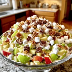 Snickers Apple Salad is a fun and tasty dessert. It shines with sweet apples, chocolate, and creamy goodness. This dish is super easy and takes only 15 minutes to prep. You’ll need simple ingredients that blend beautifully. - 3 medium-sized apples (Granny Smith or Honeycrisp), diced - 1 cup Snickers bars, chopped (approximately 4-5 bars) - 1 cup mini marshmallows - 1 cup whipped topping (like Cool Whip) - 1/2 cup plain Greek yogurt - 1/4 cup chopped pecans or walnuts (optional for added crunch) - 1 tablespoon fresh lemon juice - A pinch of ground cinnamon (optional for extra warmth) You can make this salad your own! Here are some fun ideas: - Add raisins or dried cranberries for a chewy texture. - Swap in other nuts like almonds or cashews for a new crunch. - Use flavored yogurt, like vanilla, for a twist. - Mix in some chocolate chips for extra sweetness. - Step 1: Dicing the Apples Start by taking three medium-sized apples. I like Granny Smith or Honeycrisp. Wash them well. Cut them into small, bite-sized pieces. Place the diced apples in a large mixing bowl. Drizzle one tablespoon of fresh lemon juice over the apples. This keeps them from turning brown and adds a nice zing. - Step 2: Mixing Snickers and Marshmallows Now, chop about four or five Snickers bars into small bits. Add them to the bowl with the apples. Next, pour in one cup of mini marshmallows. These will add a sweet and fluffy texture. Gently mix everything together with a spoon. - Step 3: Creating the Creamy Mixture In a separate bowl, take one cup of whipped topping, like Cool Whip. Add half a cup of plain Greek yogurt to it. Whisk until it is smooth and creamy. If you want, sprinkle a pinch of ground cinnamon into this mix for some extra warmth. Carefully fold the creamy mixture into the apple and Snickers combo. Make sure all pieces are coated well. This ensures every bite is full of flavor. If you like a little crunch, stir in a quarter cup of chopped pecans or walnuts. Cover the bowl tightly with plastic wrap. Place it in the fridge for at least one hour. This lets the flavors blend and the salad chill. When it’s ready, serve it in individual bowls or on a large platter. You can garnish it with a sprinkle of chopped nuts or a light dusting of cinnamon. Enjoy the delightful mix of sweet and crunchy flavors! To make the best Snickers Apple Salad, use fresh apples. Granny Smith or Honeycrisp work great. Their crispness and tangy flavor balance the sweet Snickers. Chop your Snickers into small pieces. This helps them mix well and gives every bite a taste of chocolate and caramel. Apples can brown quickly after cutting. To stop this, drizzle fresh lemon juice over the diced apples. This not only prevents browning but also adds a zesty flavor. Make sure to coat all the pieces well. Serve this salad chilled for the best taste. You can use individual bowls or a large platter. For extra flair, sprinkle chopped nuts or a pinch of cinnamon on top. This adds a nice touch and makes your dish look great. Enjoy sharing this fun and tasty salad at parties or family gatherings! {{image_4}} To make a healthier Snickers Apple Salad, swap out a few ingredients. Instead of using whipped topping, try using Greek yogurt. This change lowers sugar and adds protein. You can also use less candy. Just chop up two Snickers bars instead of four or five. The sweetness from the apples and marshmallows will still shine through. Nuts add a nice crunch to this salad. If you prefer pecans or walnuts, that’s great! But you can also try almonds or cashews. They give a unique flavor twist. Just chop them small, so they mix well. You can even toast the nuts for a warm, nutty taste. Seasonal fruits can add fresh flavors to your salad. In fall, add diced pears or pomegranate seeds for a pop of color. In spring, try strawberries or blueberries for a fruity burst. These fruits blend well with the apples and Snickers. They make your salad look and taste even better. To keep your Snickers Apple Salad fresh, store it in an airtight container. This helps maintain its texture and flavor. If you make it ahead of time, cover the bowl tightly with plastic wrap. Always use a clean spoon when serving. This prevents any bacteria from spoiling your delicious salad. When stored properly, Snickers Apple Salad lasts about 3 days in the fridge. After this time, the apples may become mushy. The salad is best enjoyed fresh, so try to eat it within this time frame. If you notice any changes in color or smell, it's best to toss it out. This salad is best served chilled, so there is no need to reheat it. After refrigerating, simply scoop it into bowls or onto a platter. You can add a sprinkle of nuts or cinnamon on top for extra flair. Enjoy it as a refreshing dessert at your next gathering! For Snickers Apple Salad, I recommend using Granny Smith or Honeycrisp apples. These apples provide a nice balance of tartness and sweetness. Granny Smith apples add a crisp bite, while Honeycrisp apples bring a juicy texture. Both types hold up well in the salad, so you get crunchy bites in every spoonful. Yes, you can make this salad ahead of time! It’s great for parties or family gatherings. Prepare the salad and store it in the fridge for up to 24 hours before serving. The flavors blend beautifully, making it even tastier. Just keep it covered to stay fresh. You can definitely substitute Greek yogurt. If you prefer a lighter option, try using regular plain yogurt. For a dairy-free choice, use coconut yogurt or almond yogurt. Each option will still give the salad a creamy texture, but the flavor may change slightly. This blog post gave you a complete guide to making Snickers Apple Salad. You learned about the ingredients, preparation steps, and how to customize the dish. I shared tips for perfecting your recipe and storing it safely. Remember, you can swap ingredients to fit your taste. This salad is fun and flexible. With these steps, you can impress your friends and family. Enjoy your tasty creation, and don’t forget to share it!