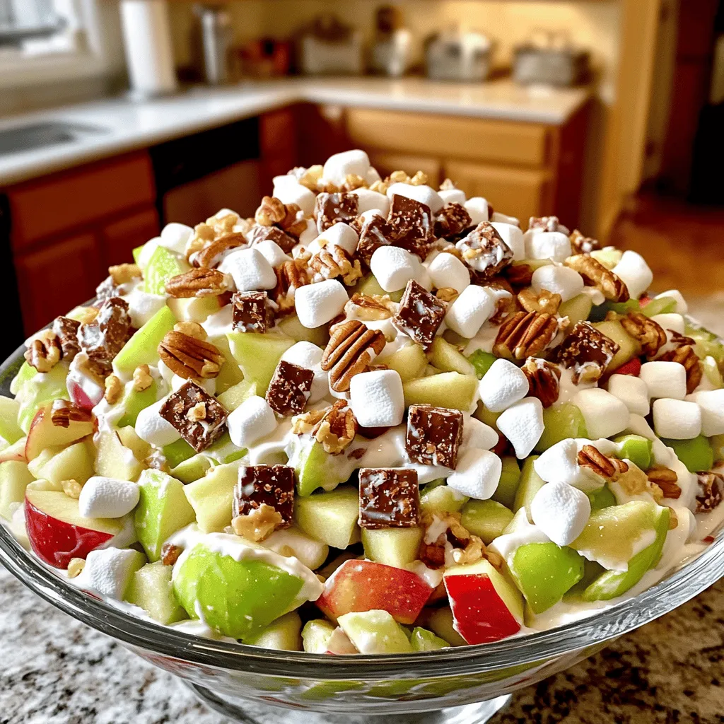 Snickers Apple Salad is a fun and tasty dessert. It shines with sweet apples, chocolate, and creamy goodness. This dish is super easy and takes only 15 minutes to prep. You’ll need simple ingredients that blend beautifully. - 3 medium-sized apples (Granny Smith or Honeycrisp), diced - 1 cup Snickers bars, chopped (approximately 4-5 bars) - 1 cup mini marshmallows - 1 cup whipped topping (like Cool Whip) - 1/2 cup plain Greek yogurt - 1/4 cup chopped pecans or walnuts (optional for added crunch) - 1 tablespoon fresh lemon juice - A pinch of ground cinnamon (optional for extra warmth) You can make this salad your own! Here are some fun ideas: - Add raisins or dried cranberries for a chewy texture. - Swap in other nuts like almonds or cashews for a new crunch. - Use flavored yogurt, like vanilla, for a twist. - Mix in some chocolate chips for extra sweetness. - Step 1: Dicing the Apples Start by taking three medium-sized apples. I like Granny Smith or Honeycrisp. Wash them well. Cut them into small, bite-sized pieces. Place the diced apples in a large mixing bowl. Drizzle one tablespoon of fresh lemon juice over the apples. This keeps them from turning brown and adds a nice zing. - Step 2: Mixing Snickers and Marshmallows Now, chop about four or five Snickers bars into small bits. Add them to the bowl with the apples. Next, pour in one cup of mini marshmallows. These will add a sweet and fluffy texture. Gently mix everything together with a spoon. - Step 3: Creating the Creamy Mixture In a separate bowl, take one cup of whipped topping, like Cool Whip. Add half a cup of plain Greek yogurt to it. Whisk until it is smooth and creamy. If you want, sprinkle a pinch of ground cinnamon into this mix for some extra warmth. Carefully fold the creamy mixture into the apple and Snickers combo. Make sure all pieces are coated well. This ensures every bite is full of flavor. If you like a little crunch, stir in a quarter cup of chopped pecans or walnuts. Cover the bowl tightly with plastic wrap. Place it in the fridge for at least one hour. This lets the flavors blend and the salad chill. When it’s ready, serve it in individual bowls or on a large platter. You can garnish it with a sprinkle of chopped nuts or a light dusting of cinnamon. Enjoy the delightful mix of sweet and crunchy flavors! To make the best Snickers Apple Salad, use fresh apples. Granny Smith or Honeycrisp work great. Their crispness and tangy flavor balance the sweet Snickers. Chop your Snickers into small pieces. This helps them mix well and gives every bite a taste of chocolate and caramel. Apples can brown quickly after cutting. To stop this, drizzle fresh lemon juice over the diced apples. This not only prevents browning but also adds a zesty flavor. Make sure to coat all the pieces well. Serve this salad chilled for the best taste. You can use individual bowls or a large platter. For extra flair, sprinkle chopped nuts or a pinch of cinnamon on top. This adds a nice touch and makes your dish look great. Enjoy sharing this fun and tasty salad at parties or family gatherings! {{image_4}} To make a healthier Snickers Apple Salad, swap out a few ingredients. Instead of using whipped topping, try using Greek yogurt. This change lowers sugar and adds protein. You can also use less candy. Just chop up two Snickers bars instead of four or five. The sweetness from the apples and marshmallows will still shine through. Nuts add a nice crunch to this salad. If you prefer pecans or walnuts, that’s great! But you can also try almonds or cashews. They give a unique flavor twist. Just chop them small, so they mix well. You can even toast the nuts for a warm, nutty taste. Seasonal fruits can add fresh flavors to your salad. In fall, add diced pears or pomegranate seeds for a pop of color. In spring, try strawberries or blueberries for a fruity burst. These fruits blend well with the apples and Snickers. They make your salad look and taste even better. To keep your Snickers Apple Salad fresh, store it in an airtight container. This helps maintain its texture and flavor. If you make it ahead of time, cover the bowl tightly with plastic wrap. Always use a clean spoon when serving. This prevents any bacteria from spoiling your delicious salad. When stored properly, Snickers Apple Salad lasts about 3 days in the fridge. After this time, the apples may become mushy. The salad is best enjoyed fresh, so try to eat it within this time frame. If you notice any changes in color or smell, it's best to toss it out. This salad is best served chilled, so there is no need to reheat it. After refrigerating, simply scoop it into bowls or onto a platter. You can add a sprinkle of nuts or cinnamon on top for extra flair. Enjoy it as a refreshing dessert at your next gathering! For Snickers Apple Salad, I recommend using Granny Smith or Honeycrisp apples. These apples provide a nice balance of tartness and sweetness. Granny Smith apples add a crisp bite, while Honeycrisp apples bring a juicy texture. Both types hold up well in the salad, so you get crunchy bites in every spoonful. Yes, you can make this salad ahead of time! It’s great for parties or family gatherings. Prepare the salad and store it in the fridge for up to 24 hours before serving. The flavors blend beautifully, making it even tastier. Just keep it covered to stay fresh. You can definitely substitute Greek yogurt. If you prefer a lighter option, try using regular plain yogurt. For a dairy-free choice, use coconut yogurt or almond yogurt. Each option will still give the salad a creamy texture, but the flavor may change slightly. This blog post gave you a complete guide to making Snickers Apple Salad. You learned about the ingredients, preparation steps, and how to customize the dish. I shared tips for perfecting your recipe and storing it safely. Remember, you can swap ingredients to fit your taste. This salad is fun and flexible. With these steps, you can impress your friends and family. Enjoy your tasty creation, and don’t forget to share it!