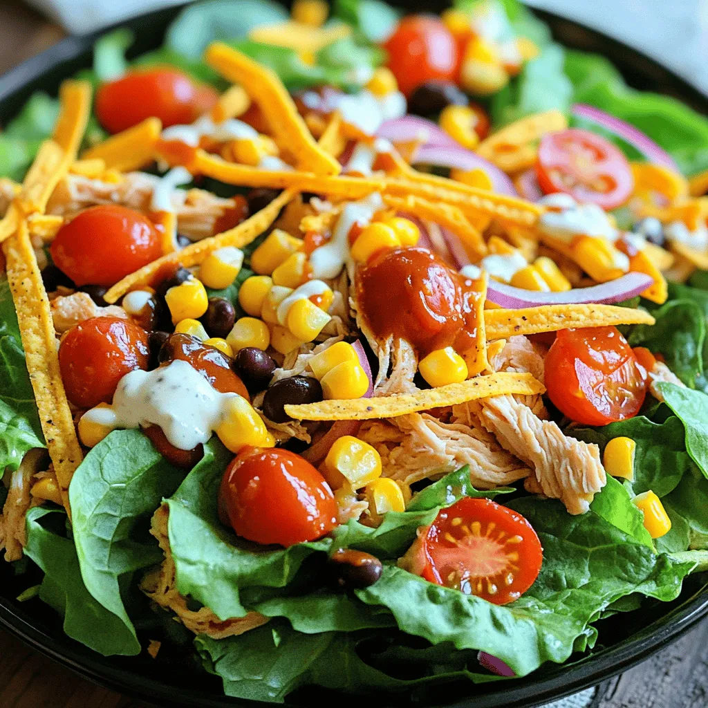 - 2 cups cooked chicken breast, shredded - 4 cups mixed greens (spinach, arugula, romaine) - 1 cup cherry tomatoes, halved - 1/2 cup red onion, thinly sliced - 1 cup corn (canned or freshly grilled) - 1/2 cup black beans, rinsed and drained - 1/2 cup shredded cheese (cheddar or pepper jack) - 1/4 cup ranch dressing - 1/4 cup BBQ sauce - Salt and freshly cracked pepper to taste - Optional: Crunchy tortilla strips for garnish When I select ingredients for BBQ Ranch Chicken Salad, I focus on freshness. Always choose bright, crisp greens. They make your salad come alive. Look for ripe cherry tomatoes; they should be firm and fragrant. For corn, I love grilling it for a smoky flavor. If you use canned corn, rinse it well. Black beans should be rinsed and drained for better taste and texture. Choose cheese that melts well, like cheddar for creaminess. If you don’t have chicken, try using grilled tofu for a plant-based option. You can swap mixed greens for kale or spinach. If you can’t find cherry tomatoes, diced bell peppers add nice color. Instead of red onion, green onions work well for a milder flavor. Use Greek yogurt mixed with ranch dressing for a healthier twist. For a fun crunch, use croutons instead of tortilla strips. To start, grab a large mixing bowl. Add 2 cups of shredded chicken. Pour in 1/4 cup of BBQ sauce and a pinch of salt and pepper. Mix well until the chicken is coated. In another bowl, combine 1/4 cup of ranch dressing with a tablespoon of BBQ sauce. Whisk it together to make a tasty blend. Now, take a big salad bowl. Layer 4 cups of mixed greens at the bottom. Next, arrange 1 cup of halved cherry tomatoes, 1/2 cup of thinly sliced red onion, 1 cup of corn, 1/2 cup of black beans, and 1/2 cup of shredded cheese on top. Then, spread the BBQ chicken mixture over these colorful ingredients. Finally, drizzle the ranch and BBQ dressing over the salad. Gently toss everything together, but be careful not to break the greens. You can serve this salad in individual bowls or on a nice platter. For a crunchy finish, sprinkle some tortilla strips on top. This adds texture and looks great. Enjoy this fresh and tasty BBQ Ranch Chicken Salad as a light meal or a delicious side dish. Marinating chicken makes it juicy and full of flavor. Start with cooked chicken, as it’s easy to shred. For the best taste, use BBQ sauce and a pinch of salt. Let the chicken sit in the marinade for at least 30 minutes. If you have time, marinate it overnight. This gives the chicken a deeper flavor. You can also add spices like garlic powder or onion powder for extra zest. To boost the salad's flavor, mix ranch dressing with a bit of BBQ sauce. This combo adds a nice tang. Use fresh ingredients like cherry tomatoes and red onions. They bring crunch and sweetness. Fresh herbs, like cilantro or parsley, can also brighten the dish. For a touch of heat, add diced jalapeños. This creates a nice balance with the creamy dressing. You can make this salad even better with healthy add-ons. Try adding sliced avocado for creaminess and healthy fats. You can also toss in some cucumber for extra crunch. For a protein boost, add chickpeas or extra black beans. If you're feeling adventurous, swap the mixed greens for kale or spinach. These greens offer more nutrients and a different texture. Don't forget to make it your own! {{image_4}} You can easily make this salad vegetarian. Swap the chicken for grilled tofu or chickpeas. Both options add protein and texture. You can also add roasted veggies like bell peppers or zucchini for a tasty twist. Use the same BBQ sauce and ranch dressing to keep those bold flavors alive. For a low-carb option, skip the corn and beans. You can add more greens instead. Try using lettuce wraps instead of a bowl. Choose a sugar-free BBQ sauce to keep carbs low. You can also use shredded cheese as a topping to add flavor without the carbs. While ranch and BBQ are a classic mix, you can explore other dressings. A tangy vinaigrette can brighten the salad. You might also enjoy a creamy avocado dressing for a rich taste. For a spicy kick, consider using a chipotle ranch. Each dressing changes the flavor and keeps things fun! To keep your BBQ Ranch Chicken Salad fresh, store leftovers in the fridge. Use an airtight container. This way, the salad stays crisp and tasty for up to three days. If you know you won’t eat it all, consider storing the chicken and veggies separately. This prevents sogginess from the dressing. Choose glass or BPA-free plastic containers. Glass is great because it doesn’t stain and keeps odors away. Look for containers with tight-fitting lids. This helps keep the air out and the flavors in. If you want to take your salad on the go, use smaller containers for easy packing. Most salads are best cold, but if you want to heat the chicken, do it gently. Place the chicken in a microwave-safe dish. Heat it on low for about 30 seconds. Stir and check the temperature. Make sure it’s warm, not hot. Add the warm chicken back to the salad just before serving. Enjoy your flavorful meal! BBQ Ranch Chicken Salad has about 400 to 500 calories per serving. This depends on how much cheese and dressing you use. To make it lighter, use less cheese or dressing. Yes, you can make BBQ Ranch Chicken Salad ahead of time. It tastes great if you chill it for a few hours. Just remember to keep the dressing separate until you are ready to eat. This keeps the greens fresh and crunchy. Some tasty side dishes to serve with BBQ Ranch Chicken Salad include: - Grilled corn on the cob - Garlic bread - Fresh fruit salad - Potato chips for crunch These sides enhance your meal and add variety. Absolutely! BBQ Ranch Chicken Salad is perfect for meal prep. You can store it in individual containers. Just keep the dressing separate to maintain freshness. Enjoy it for lunch or dinner throughout the week! You now have all the tools to make a great BBQ Ranch Chicken Salad. We covered ingredients, tips, and variations. Remember to choose fresh items for the best taste. Try different dressings or healthy add-ons to match your style. Store any leftovers in tight containers for later. With these steps, you'll impress your family or guests. Enjoy your flavorful, satisfying salad!