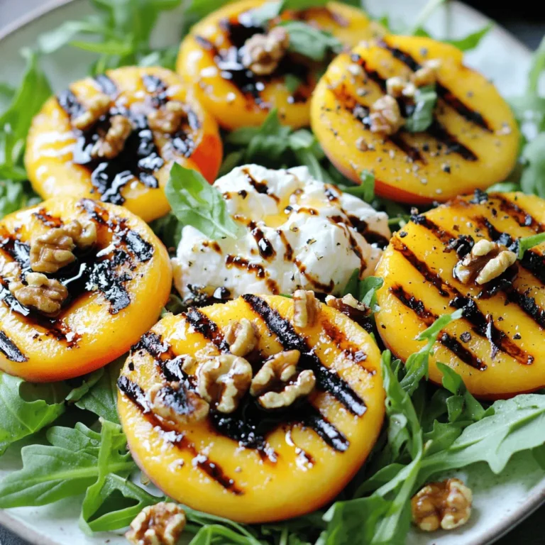 - 2 ripe peaches, halved and pitted - 1 tablespoon extra virgin olive oil - Sea salt and freshly ground black pepper, to taste - 4 cups fresh arugula or a vibrant mix of greens - 1 ball of burrata cheese, at room temperature - 1/4 cup balsamic glaze, for drizzle - 1/4 cup walnuts or pecans, toasted for depth of flavor - A handful of fresh basil leaves, for a fragrant garnish Choose ripe peaches for the best flavor. They should give slightly when you press them. Use high-quality extra virgin olive oil for rich taste. The burrata cheese adds creaminess and balance. You can swap walnuts or pecans based on your taste. Fresh basil gives a delightful aroma and looks great. - Grill or grill pan - Brush for oil - Tongs for flipping peaches - Large serving bowl - Knife for cutting - Small bowl for mixing ingredients First, set your grill to medium heat. Aim for about 350°F (175°C). This temperature gives peaches a nice char without burning them. While the grill heats, take two ripe peaches. Cut them in half and remove the pits. Brush the cut sides with one tablespoon of extra virgin olive oil. This step adds flavor and helps with grilling. Then, sprinkle a bit of sea salt and freshly ground black pepper on them. This seasoning enhances their sweetness. Once the grill is ready, place the peach halves cut side down on the grates. Grill them for 4-5 minutes. Look for lovely grill marks and a slightly soft texture. After grilling, take them off the heat and set them aside to cool a bit. Take a large serving bowl and fill it with 4 cups of fresh arugula or your favorite mix of greens. This will be the salad's base. Next, arrange the grilled peach halves on top of the greens. Make it look nice and inviting. Now, take 1/4 cup of balsamic glaze. Drizzle it generously over the salad. This adds a sweet and tangy flavor to each bite. For a crunch, sprinkle 1/4 cup of toasted walnuts or pecans across the salad. This adds depth and texture. Finally, tear some fresh basil leaves and scatter them on top. They give a fragrant aroma and a pop of color. Serve the salad right away for the best taste! Grilling peaches is simple but can be tricky. Here are my best tips to ensure perfect peaches: - Choose ripe peaches: Look for peaches that yield slightly when pressed. They should feel soft but not mushy. - Cut and oil: Halve the peaches and remove the pit. Brush the cut sides with olive oil. This helps prevent sticking. - Preheat the grill: Aim for a medium heat of about 350°F (175°C). A hot grill gives those nice grill marks. - Grill cut side down: Place the peaches cut side down on the grill. Grill for 4-5 minutes. You want them to soften and get those beautiful grill marks. To make your salad burst with flavor, try these tips: - Season well: A sprinkle of sea salt and fresh black pepper brings out the sweetness of the peaches. Don’t skip this step! - Balsamic glaze: Drizzle the salad with balsamic glaze. It adds a sweet and tangy kick that pairs well with grilled peaches. - Nuts for crunch: Toasted walnuts or pecans add a nice crunch. They also add depth to the salad's flavor. - Fresh herbs: Adding fresh basil gives a fragrant lift. It brightens the dish and makes it extra special. The greens you choose can make a big difference. Here’s how to pick the best ones: - Arugula: I love using fresh arugula for its peppery taste. It balances the sweetness of the peaches. - Mixed greens: A vibrant mix of greens can also work well. Look for greens like spinach or baby kale for variety. - Freshness is key: Always choose fresh, crisp greens. Wilting can ruin the salad’s texture and flavor. - Seasonal options: Consider using seasonal greens for the best taste. They are often more flavorful and have better texture. {{image_4}} You can switch up the salad with different fruits. Try using nectarines or plums instead of peaches. Both of these fruits will add a sweet twist. If you want more crunch, swap walnuts or pecans for almonds or hazelnuts. For a different cheese, goat cheese makes a nice choice. It adds a tangy flavor that pairs well with the sweet fruit. Balsamic glaze adds a sweet touch, but you can explore other dressings. A honey mustard vinaigrette brings a nice zing. Just mix honey, mustard, olive oil, and vinegar. For a creamy option, a yogurt-based dressing can work well. Just mix plain yogurt with lemon juice and herbs for a fresh taste. This salad shines at summer picnics or barbecues. Its bright colors will catch the eye. For a lunch option, serve it with grilled chicken for protein. If you want to impress guests, use a larger platter and layer the ingredients. This way, everyone can see the beautiful colors and textures. To store your Grilled Peach Burrata Salad, first, let it cool down. Place any leftover salad in an airtight container. Make sure to keep the dressing separate to avoid sogginess. Store it in your fridge for up to two days. This way, you'll keep the flavors fresh and vibrant. Reheating this salad is not ideal. The peaches might lose their nice texture. If you must heat it, do so gently. Use a microwave on low power for about 30 seconds. Check often to avoid overheating. You want the salad warm, not hot. Freezing this salad is not recommended. The peaches and burrata do not freeze well. They lose their taste and texture when thawed. Instead, enjoy this salad fresh. It tastes best right after you make it. Yes, you can. Feta or goat cheese adds a nice salty kick. Both pair well with the sweet peaches. If you prefer a creamier texture, use ricotta. Each cheese brings a unique taste. Experiment to find your favorite! You can grill many fruits! Pineapple, nectarines, and apricots work well. Grilling enhances their sweetness and adds a smoky flavor. Try using bananas for a sweet twist. Just slice them and grill briefly. They become soft and delicious! Ripe peaches feel slightly soft when you squeeze them gently. They should also smell sweet and fragrant. Look for a deep yellow or golden color. Avoid hard or overly firm peaches. These won’t have the same juicy flavor. Yes, this salad is great for meal prep! You can grill the peaches ahead and store them. Keep the greens and cheese separate until serving. This keeps everything fresh and crisp. Enjoy this salad throughout the week! Grilling peaches is fun and easy. We covered the best ingredients, tools, and steps for a perfect salad. Remember to preheat your grill and choose ripe peaches. Use fresh greens and try different dressings to mix things up. Don’t forget to store leftovers properly! This dish is great for any occasion and tastes amazing. You can impress your friends and family with this simple recipe. Enjoy making your grilled peach salad and have fun experimenting!