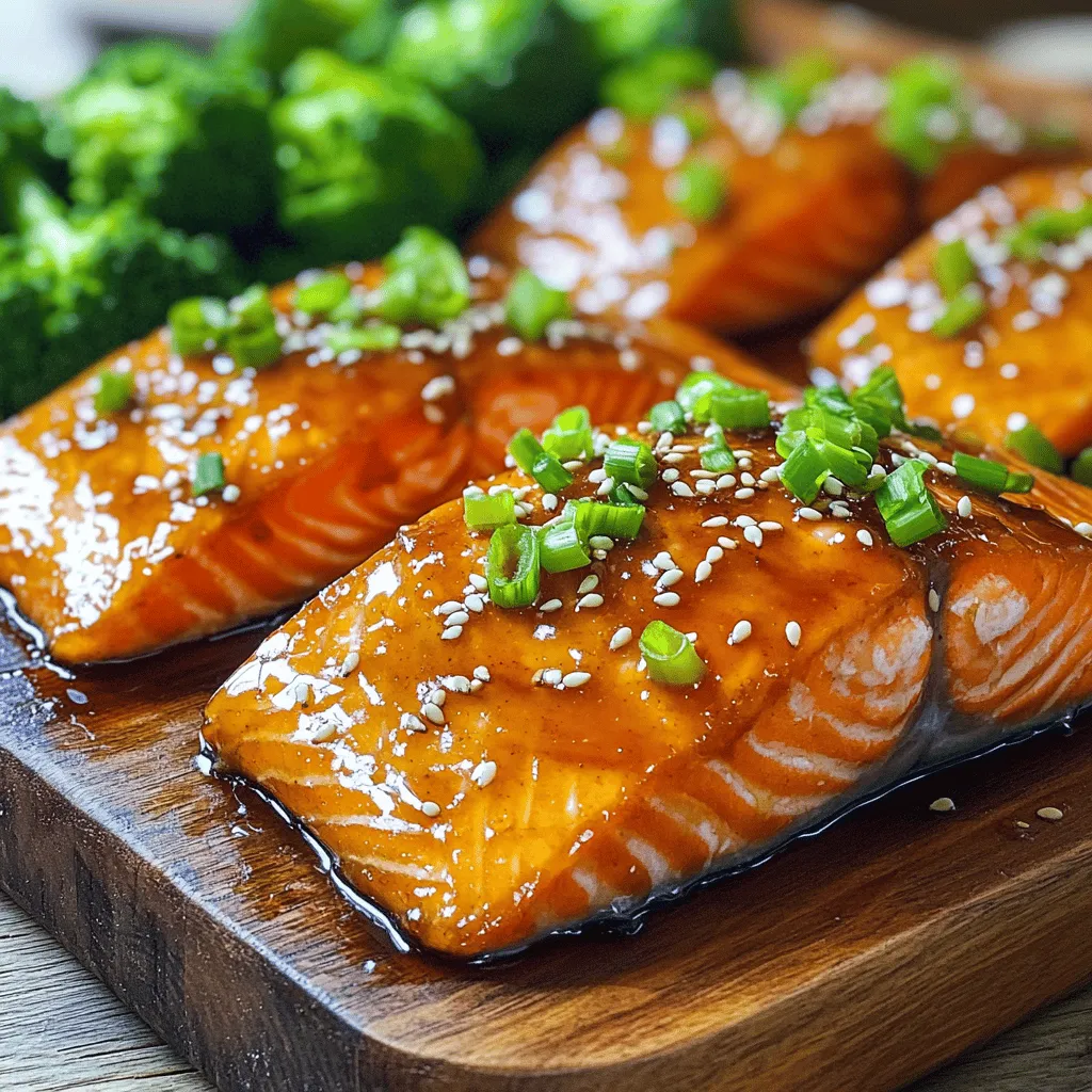 - 4 salmon fillets (can be skin-on or skinless) - 1/4 cup pure maple syrup - 2 tablespoons soy sauce (or tamari for gluten-free) - 2 cloves garlic, minced - 1 tablespoon Dijon mustard - 1 teaspoon ground ginger - Salt and black pepper, to taste - 2 tablespoons extra virgin olive oil - Lemon juice for brightness - Fresh herbs like thyme or dill for added aroma - Red pepper flakes for heat - Chopped green onions for color - Sesame seeds for crunch - Fresh cilantro for a burst of freshness Start by making the marinade. In a small bowl, mix together: - 1/4 cup pure maple syrup - 2 tablespoons soy sauce - 2 cloves garlic, minced - 1 tablespoon Dijon mustard - 1 teaspoon ground ginger - Salt and black pepper to taste Whisk these ingredients until smooth. This blend gives the salmon its sweet and savory flavor. Next, place the salmon fillets in a shallow dish or a resealable bag. Pour half the marinade over the fillets. Make sure they are well-coated. Cover the dish or seal the bag. Let the salmon marinate at room temperature for 15 to 30 minutes. This step helps the flavors soak into the fish. While the salmon marinates, preheat your oven to 400°F (200°C). Heat 2 tablespoons of extra virgin olive oil in a large oven-safe skillet over medium-high heat. Once the oil is hot, add the marinated salmon fillets, skin-side down. Sear them for about 2 to 3 minutes. You want the skin to be crispy and golden brown. After searing, gently flip the fillets using a spatula. Brush the tops with the remaining marinade. This adds extra flavor. Transfer the skillet to the preheated oven. Bake the salmon for 8 to 10 minutes. It should be cooked through and flake easily with a fork. The ideal internal temperature is 145°F (63°C). Once you take the salmon out of the oven, let it rest in the skillet for 2 to 3 minutes. This resting time keeps the fish juicy and tender. When ready to serve, place the salmon on a wooden platter or on individual plates. Garnish with chopped green onions and sesame seeds. This adds color and a nice crunch. For a complete meal, serve with steamed broccoli or fluffy quinoa. Marinating your salmon is key to great flavor. Use a glass or plastic dish for marinating. Avoid metal, as it can react with the marinade. Make sure to coat the salmon well. Let the salmon sit in the marinade for 15-30 minutes. This time allows the flavors to soak in. You can even marinate overnight for deeper flavor. If you have time, try adding herbs like dill or parsley. To get crispy skin, start with a dry fillet. Pat the skin with a paper towel to remove moisture. Heat the olive oil in a hot skillet before adding the salmon. Place the fillets skin-side down. Don’t move them for the first few minutes. This helps the skin crisp up nicely. Cook until the skin is golden brown, about 2-3 minutes. Flip gently and brush with more marinade for flavor. Cooking salmon perfectly is all about timing. Aim for an internal temperature of 145°F (63°C). Use a meat thermometer to check the temperature. Bake the salmon for 8-10 minutes after searing. It should flake easily with a fork when done. Let the salmon rest for a few minutes after cooking. This keeps it juicy and tender. Trust me, these tips will help you serve the best maple glazed salmon! {{image_4}} You may want to change some ingredients to suit allergies or tastes. If you need a gluten-free option, swap soy sauce for tamari. If you dislike garlic, simply leave it out. You can also replace Dijon mustard with yellow mustard if that’s what you have. For a sweeter flavor, try adding a bit of brown sugar to the glaze. To change the taste, consider adding other spices. You might use a pinch of cayenne pepper for heat. A splash of orange juice can add a nice citrus kick. If you love herbs, try fresh thyme or rosemary in the marinade. These changes make the dish unique and exciting every time you cook it. Pairing your maple glazed salmon with sides can elevate your meal. Steamed broccoli or asparagus adds color and crunch. Quinoa or rice makes a hearty base and soaks up the glaze well. For a light touch, serve with a fresh salad. A simple mix of greens, cucumber, and a lemon vinaigrette works great. Don’t forget to garnish the salmon with green onions and sesame seeds for a lovely finish! Store leftover maple glazed salmon in an airtight container. Place it in the fridge. It will stay fresh for up to three days. Make sure the salmon cools down before sealing it. This helps keep the flavor intact. If you want to keep the salmon longer, freezing is a great option. Wrap each fillet in plastic wrap. Then, place them in a freezer-safe bag. Remove as much air as you can. Frozen maple glazed salmon can last for about three months. When ready to eat, thaw it in the fridge overnight. To reheat your salmon, preheat your oven to 350°F (175°C). Place the salmon on a baking sheet. Cover it with foil to keep it moist. Heat for about 10-15 minutes, or until warmed through. You can also use a microwave. Heat it on low power for short bursts. Check often to avoid overcooking. Enjoy your delicious salmon without losing its taste! You can serve maple glazed salmon with many sides. Here are some great options: - Steamed broccoli - Fluffy quinoa - Roasted sweet potatoes - Garlic mashed potatoes - Light salad with mixed greens These sides add color and flavor. They also balance the rich taste of the salmon. Yes, you can use frozen salmon fillets. Just remember to thaw them first. The best way to thaw is in the fridge overnight. If you are short on time, place the sealed salmon in cold water for 30 minutes. After thawing, marinate the salmon as usual. This dish will still taste great! Leftover salmon lasts up to three days in the fridge. To store it properly, place it in an airtight container. If you want to keep it longer, freeze it. It can last up to three months in the freezer. Just remember to wrap it well to prevent freezer burn. Reheat gently in the oven or microwave when ready to eat. This post covered how to create delicious maple glazed salmon. We explored the main and optional ingredients, provided step-by-step cooking instructions, and shared helpful tips to enhance your dish. We also talked about variations for different tastes and how to store your leftovers properly. When cooked right, salmon offers great flavor and health benefits. Enjoy experimenting with this recipe and make it your own. I hope you feel confident cooking this tasty dish!