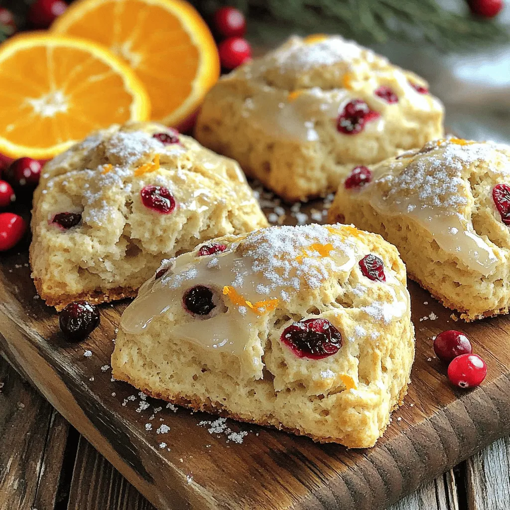 To make bakery-style cranberry orange scones, you need the following ingredients: - 2 cups all-purpose flour - 3/4 cup granulated sugar - 1 tablespoon baking powder - 1/2 teaspoon salt - 1/2 cup unsalted butter, cold and cut into small cubes - 1/2 cup dried cranberries - Zest of 1 large orange - 1/2 cup heavy cream - 1 large egg - 1 teaspoon pure vanilla extract - For Egg Wash: 1 egg beaten with 1 tablespoon of water - Optional: Coarse sugar for a sparkling finish These ingredients create a scone that balances sweetness with tartness. The cranberries give a pop of flavor while the orange zest adds brightness. If you don’t have some ingredients, here are some easy swaps: - Flour: Use whole wheat flour for a heartier scone. - Butter: Replace with coconut oil for a dairy-free option. - Cranberries: Swap dried cranberries for dried cherries or blueberries. - Heavy Cream: Use milk or almond milk, but scones may be less rich. - Egg: For a vegan option, mix 1 tablespoon of flaxseed meal with 2.5 tablespoons of water as a substitute. Feel free to get creative with your ingredients. Sometimes, these changes can lead to great new flavors. Using fresh ingredients is key to making the best scones. Fresh baking powder ensures your scones rise well. Fresh cranberries add vibrant flavor and color. The zest from a fresh orange brightens the taste and aroma. When you use fresh ingredients, your scones will taste better and look more appealing. This freshness adds to the overall enjoyment of your scones. It makes the experience of eating them even more delightful. Remember, the quality of your ingredients truly makes a difference! Start by preheating your oven to 400°F (200°C). This high temperature helps the scones rise well. Next, line a baking sheet with parchment paper. This step prevents sticking and makes cleanup easier. In a large bowl, whisk together these dry ingredients: - 2 cups all-purpose flour - 3/4 cup granulated sugar - 1 tablespoon baking powder - 1/2 teaspoon salt Mix until well combined. This ensures even flavor. In another bowl, whisk together the wet ingredients: - 1/2 cup heavy cream - 1 large egg - 1 teaspoon pure vanilla extract Make sure this mixture is smooth. This helps to blend well with the dry mix. Add cold, cubed unsalted butter (1/2 cup) to the dry mix. Cut it in until the mixture looks like coarse crumbs. Then, gently fold in: - 1/2 cup dried cranberries - Zest of 1 large orange Pour the wet mixture into the dry mix. Stir gently just until combined. The dough should be crumbly but hold together. Transfer the dough to a floured surface. Knead it a few times, then flatten it into a 1-inch thick circle. Next, cut the dough into 8 wedges, like a pizza. Place each wedge on the baking sheet, leaving space for them to expand. Brush the tops with an egg wash made from: - 1 egg beaten with 1 tablespoon of water If you want, add a sprinkle of coarse sugar for a nice finish. Bake for 15-20 minutes. Look for a golden brown top and check with a toothpick. If it comes out clean, they are done! Cool them on a wire rack for a few minutes before serving. To get the best texture, keep your butter cold. Use cubed butter right from the fridge. When you mix it into the flour, aim for small crumbs. This helps the scones stay flaky. Don't over-mix the dough; it should feel light and crumbly. If you knead too much, your scones may turn out tough. One common mistake is using warm butter. It can ruin the lightness. Be careful not to add too much liquid. The dough should not be sticky. If you find it too wet, sprinkle in a bit more flour. Also, remember to space the scones apart on the baking sheet. They need room to rise and expand. When serving, enjoy them warm for the best taste. A simple glaze made from powdered sugar and orange juice adds a sweet touch. Arrange them on a wooden board for a nice look. Add some orange slices and mint for color. These little details make your scones shine and taste even better. {{image_4}} You can add nuts or chocolate to your scones for a twist. Chopped walnuts or pecans bring a nice crunch. Use about 1/2 cup of nuts for balance. If chocolate is your favorite, mix in 1/2 cup of dark chocolate chips. They melt and create a rich flavor that pairs well with orange and cranberry. Cranberries and oranges work well together, but you can mix it up! Try blueberries or raspberries for a fruity burst. For a tropical vibe, use pineapple or mango. Just make sure to adjust the sugar if the fruit is sweet. About 1/4 cup less sugar works well with sweeter fruits. If you need gluten-free scones, use a gluten-free flour blend. Make sure it has xanthan gum for texture. For a vegan option, replace the butter with coconut oil and the heavy cream with almond milk. Use a flax egg instead of a regular egg. Just mix 1 tablespoon of ground flaxseed with 2.5 tablespoons of water, let it sit for 5 minutes, and use it like an egg. To keep your cranberry orange scones fresh, place them in an airtight container. This prevents moisture loss and keeps them soft. You can also wrap each scone in plastic wrap. This method works well if you want to keep them for a short time. Store the container at room temperature for up to two days. If you need to store them longer, follow the next steps. When you want to enjoy your leftover scones, you can reheat them easily. Preheat your oven to 350°F (175°C). Place the scones on a baking sheet. Heat them for about 5 to 10 minutes. This makes them warm and soft again. You can also use a microwave. Heat each scone for about 15 to 20 seconds. This is quick but may not keep that crisp crust. Freezing is a great option for longer storage. Wrap each cooled scone tightly in plastic wrap. Then, place them in a freezer bag or container. Be sure to remove as much air as possible. They will stay fresh for up to three months. When you’re ready to eat, thaw them in the fridge overnight. Reheat them in the oven for the best texture. Enjoy your scones whenever you crave a fresh delight! To get that flaky texture, keep your butter cold. Cut it into the flour until it resembles coarse crumbs. Avoid mixing too much. This helps the dough stay light and airy. The steam from the butter during baking creates those lovely layers. Yes, you can make the dough ahead of time. After shaping it, wrap the dough in plastic wrap. Refrigerate it for up to 24 hours. When ready, just slice and bake. This helps save time on busy mornings. Enjoy your scones warm from the oven. A drizzle of glaze made from powdered sugar and orange juice adds a nice touch. Pair them with tea or coffee for a perfect snack. You can also serve them with butter or cream for added richness. These scones are best enjoyed fresh. They will stay good for about 2 days at room temperature. Store them in an airtight container to keep them soft. For longer storage, freeze them for up to 2 months. Just reheat when you crave a warm treat. In this post, we covered how to make tasty scones with fresh ingredients. I shared detailed steps and tips to avoid mistakes. You learned about different flavors and how to store scones for later. Remember, using fresh ingredients is key to great results. With practice, you’ll bake perfect scones every time. Now, get started and enjoy your baking journey!