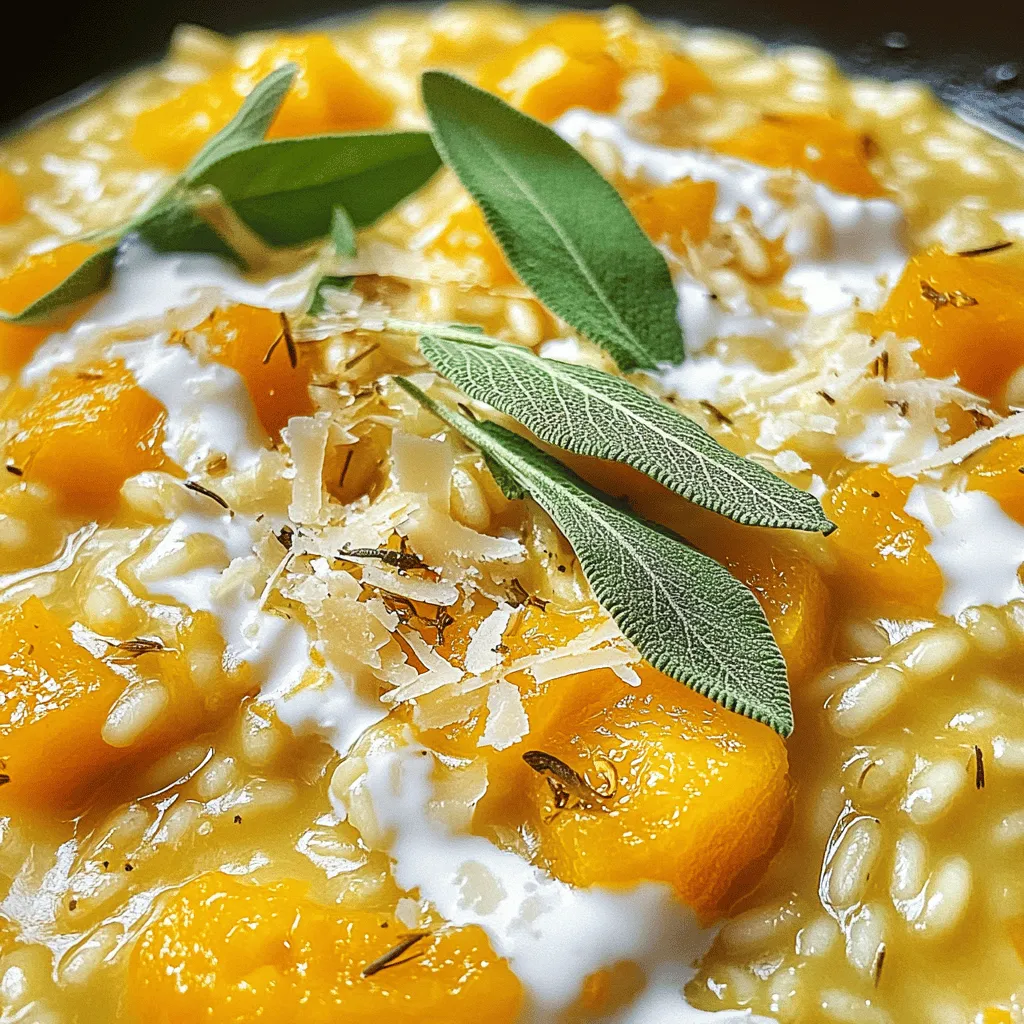 To make this creamy butternut squash sage risotto, gather the following ingredients: - 1 medium butternut squash, peeled and cubed - 1 cup Arborio rice - 4 cups vegetable broth - 1 small onion, finely chopped - 2 cloves garlic, minced - 2 tablespoons olive oil - 1 tablespoon butter - 1/2 cup grated Parmesan cheese - 1/4 cup heavy cream - 1 tablespoon fresh sage, chopped (plus additional for garnish) - Salt and pepper to taste Choose fresh, firm butternut squash for the best flavor. Look for a squash with a smooth skin and no soft spots. When selecting onions, pick ones that feel heavy for their size. They should be dry and firm. For garlic, choose bulbs that are plump and free from sprouting. Fresh sage should be vibrant and green, with no wilting or browning. You can enhance the risotto by adding a few extra ingredients. Consider using: - A splash of white wine for depth - Crushed red pepper flakes for heat - A handful of spinach or kale for extra greens - Chopped nuts like walnuts or pecans for crunch These options can take your creamy butternut squash sage risotto to the next level! Start by heating 4 cups of vegetable broth in a medium saucepan. Use low heat to keep the broth warm. This makes it easier for the rice to cook. A warm broth helps the risotto stay creamy and smooth. In a large skillet, add 1 tablespoon of olive oil over medium heat. Once hot, add 1 medium butternut squash, peeled and cubed. Sauté the squash for about 8 to 10 minutes. You want it tender and slightly caramelized. Once done, remove it from the skillet and set it aside. In the same skillet, add another tablespoon of olive oil and 1 tablespoon of butter. Let the butter melt, then add 1 small onion, finely chopped. Cook until it turns translucent, around 3 to 4 minutes. Next, add 2 cloves of minced garlic and cook for 1 more minute until it smells great. Now, pour in 1 cup of Arborio rice. Stir it well, and toast the rice for 2 to 3 minutes. You want the edges to look slightly translucent. This step brings out a nutty flavor. Then, start ladling in the warm vegetable broth, one ladle at a time. Stir often and let the rice absorb the broth before adding more. Continue this for 15 to 20 minutes until the risotto is creamy and the rice is al dente. Once the rice is cooked, stir in the sautéed butternut squash, 1/4 cup of heavy cream, 1 tablespoon of chopped fresh sage, and 1/2 cup of grated Parmesan cheese. Mix everything until it’s creamy. Don’t forget to season with salt and pepper to taste. Remove the skillet from heat and let it sit for a minute. Serve warm, garnished with fresh sage and extra Parmesan for a beautiful finish. To make creamy risotto, start with the right rice. Arborio rice is perfect because it has high starch. This starch makes the risotto creamy. Always heat your broth in a separate pot. Keeping it warm helps the rice cook well. Stirring often is key. This helps the rice release more starch. - Use fresh ingredients: Fresh butternut squash and herbs add flavor. - Cook slowly: Take your time. This dish needs at least 20 minutes of gentle cooking. One mistake is adding all the broth at once. This can make the rice soggy. Instead, add one ladle at a time. Let the rice absorb the broth before adding more. Another common error is not stirring enough. If you don’t stir, the rice might stick to the pan. Always keep an eye on it. Lastly, don’t skip the seasoning. Taste as you cook. Add salt and pepper to enhance the flavors. To get the right texture, focus on timing. Cook the rice until it's al dente, or firm to the bite. This usually takes about 15 to 20 minutes. When you add the heavy cream and cheese, mix well. This will give your risotto that creamy feel. If it seems too thick, add a splash of warm broth. This will help loosen it up. Always aim for a smooth, rich consistency that flows easily on the plate. {{image_4}} You can easily make a vegan version of butternut squash sage risotto. Replace the butter with more olive oil. Skip the Parmesan cheese and use nutritional yeast instead. It adds a cheesy flavor without dairy. For creaminess, swap heavy cream with coconut cream or a plant-based cream. This way, you keep the dish rich and tasty while making it vegan-friendly. If you want to add protein, chicken and sausage work great. For chicken, you can sauté bite-sized pieces in the skillet before cooking the onions. Make sure they're cooked through. For sausage, slice it and cook it with the onion and garlic. This adds a savory depth to the risotto. Both options make the dish more filling and enjoyable, perfect for a hearty meal. You can switch up the vegetables based on the season. In spring, try adding peas or asparagus for a fresh taste. In summer, zucchini or bell peppers brighten up the dish. In fall, mushrooms add an earthy flavor that pairs well with the squash. Each season gives you a new way to enjoy this creamy risotto. Feel free to experiment and discover what you love! To store leftover risotto, first let it cool to room temperature. Then, place it in an airtight container. Make sure to seal it well to prevent moisture loss. Store the container in the fridge. The risotto will stay fresh for up to three days. If you want to keep it longer, consider freezing it. When reheating risotto, add a splash of broth or water to keep it creamy. Use a skillet over medium heat for even warmth. Stir the risotto often while reheating. This helps to prevent it from sticking to the pan. You can also use the microwave, but be cautious. Heat it in short bursts, stirring in between. This way, you avoid overcooking it. Freezing risotto is a great option for meal prep. However, keep in mind that the texture changes after freezing. To freeze, place it in a freezer-safe container. Leave some space at the top for expansion. It can stay in the freezer for up to three months. When you are ready to eat, thaw it in the fridge overnight before reheating. Arborio rice is a special type of short-grain rice. It is starchy and creamy when cooked. This rice absorbs liquid well, which makes risotto rich and smooth. The starch from Arborio rice gives risotto its famous creamy texture. You cannot use regular rice for this dish, as it won’t create the same result. Yes, you can use butternut squash puree. It saves time and makes cooking easier. However, fresh squash adds texture and flavor. If you choose puree, skip the sauté step. Just stir it in after adding the broth. Adjust the liquid amounts to keep the risotto creamy. Risotto usually takes about 20 minutes to cook. You want to stir it often. This helps the rice absorb the broth and become creamy. Always taste it to check if the rice is al dente or soft enough for your liking. You can prepare risotto ahead of time, but it is best fresh. If you make it early, it may become thick. To reheat, add a little broth or water. Stir it over low heat until warm. This will help restore its creamy texture. This blog post explored how to make creamy butternut squash sage risotto. You learned about selecting fresh ingredients, preparing broth, and step-by-step cooking instructions. We discussed tips for perfecting your risotto, including variations for special diets. Remember, making risotto takes patience and practice, but the rewards are great. Whether you choose classic or creative twists, this dish will impress. Enjoy your cooking adventure!