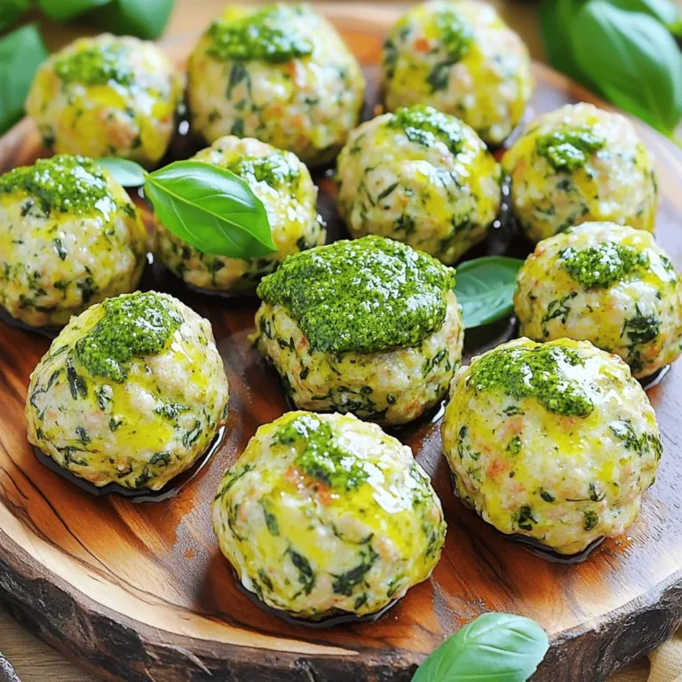 To make Pesto Spinach Turkey Meatballs, gather these simple ingredients: - 1 lb ground turkey - 1 cup fresh spinach, finely chopped - 1/2 cup basil pesto - 1/4 cup breadcrumbs (preferably whole wheat for added fiber) - 1/4 cup finely grated Parmesan cheese - 1 large egg, at room temperature - 2 cloves garlic, minced - 1 teaspoon salt - 1/2 teaspoon freshly ground black pepper - 1/2 teaspoon red pepper flakes (optional, for a spicy kick) - 1 tablespoon olive oil (for cooking and enhancing flavor) Choosing fresh ingredients makes a big difference. When picking spinach, look for vibrant green leaves without dark spots. For the turkey, select lean ground turkey for a healthy option. Check the pesto jar for a fresh seal, and ensure it has a bright green color. Fresh garlic should be firm with no soft spots. Always choose eggs that feel heavy and have no cracks. These steps ensure your meatballs taste their best. If you need alternatives, there are great options. For a vegetarian dish, try using lentils or chickpeas instead of turkey. You can swap breadcrumbs for gluten-free oats or ground almonds for a gluten-free option. If dairy is a concern, use nutritional yeast instead of Parmesan cheese. These swaps keep the flavor while meeting your diet needs. 1. Preheat the oven: Set your oven to 400°F (200°C). This makes cooking easy and quick. 2. Combine the ingredients: In a big bowl, add the ground turkey, chopped spinach, pesto, breadcrumbs, Parmesan, garlic, and egg. 3. Season the mix: Add salt, black pepper, and red pepper flakes if you want some heat. 4. Mix carefully: Use your hands or a spoon. Combine everything, but don’t overdo it. The mix should be sticky but hold together. 5. Shape the meatballs: Wet your hands to stop the mix from sticking. Roll the mixture into small balls, about 1 to 1.5 inches wide. 6. Arrange on a baking sheet: Place the meatballs on a lined baking sheet. Give them space so they can cook well. 7. Add olive oil: Drizzle olive oil over the meatballs. This keeps them moist and adds great flavor. 8. Bake: Put the baking sheet in the oven. Bake for 20-25 minutes until they are golden brown. 9. Check the temperature: Use a meat thermometer to see if they hit 165°F (74°C). This means they are safe to eat. 10. Cool before serving: After baking, let them sit for a few minutes. This helps them stay juicy. Now, you have delicious pesto spinach turkey meatballs ready to enjoy! To keep your meatballs tender, do not overmix. Just mix until the ingredients are combined. Overmixing makes the meatballs tough. I also suggest using ground turkey with some fat. Lean turkey can dry out. Adding breadcrumbs helps keep the meat moist, too. You can boost the flavor in these meatballs. Use fresh garlic for a strong taste. A touch of red pepper flakes adds a nice kick. If you love herbs, try adding chopped parsley or oregano. Drizzling olive oil over the meatballs before baking helps keep them juicy. These meatballs shine when served right. Try them on a bed of whole grain pasta. A vibrant salad makes a great side, too. You could even nestle them in a whole-grain wrap for lunch. For a beautiful finish, drizzle more pesto on top and sprinkle fresh basil leaves. This adds color and flavor to your dish. Enjoy your meal! {{image_4}} You can swap ground turkey for other meats. Chicken or lean beef works well. Each meat brings a unique taste. If you want a richer flavor, use pork. Just be mindful of cooking times. Different meats may need different baking times. Adding veggies can boost nutrition and taste. Try finely chopped carrots or bell peppers. You can also add herbs like parsley or oregano. For a kick, mix in jalapeños or a dash of hot sauce. Feel free to play with flavors until you find your favorite mix. To make these meatballs gluten-free, use gluten-free breadcrumbs. You can also use ground oats as a binder. This keeps the meatballs moist and tasty. Always check labels for hidden gluten in sauces like pesto. Enjoy these meatballs without worry! Store any leftover meatballs in an airtight container. Place a piece of parchment paper between layers to keep them from sticking. They can stay fresh in the fridge for up to three days. Make sure to let them cool before sealing the container. This way, they won’t trap steam and get soggy. To reheat, you can use the oven or a skillet. For the oven, preheat it to 350°F (175°C). Place the meatballs on a baking sheet and heat for about 10-15 minutes. If using a skillet, add a splash of water, cover it, and warm them over low heat. This method keeps them moist. You can freeze the meatballs for up to three months. First, place them on a baking sheet in a single layer. Freeze them for about an hour until firm. Once frozen, transfer them to a freezer bag. Label the bag with the date. When you’re ready to enjoy them, thaw in the fridge overnight before reheating. Yes, you can! Ground chicken or lean beef works well. Each meat adds its own flavor. If you choose beef, opt for lean cuts to keep it healthy. For a vegetarian option, try using plant-based meat substitutes. These meatballs stay fresh for about three to four days in the fridge. Make sure to store them in an airtight container. This helps keep them moist and flavorful. These meatballs pair great with many sides. You can serve them with whole grain pasta or a fresh salad. They also taste amazing in a whole grain wrap. Drizzle some extra pesto on top for added flavor. This blog post covers all you need to make tasty pesto spinach turkey meatballs. You learned about fresh ingredients, preparation steps, and cooking tips. We shared ways to avoid tough meatballs and add flavor. You also saw how to make variations to fit your diet. Finally, we provided storage and reheating tips for leftovers. Cooking can be fun and easy. Enjoy your meatballs and share them with friends!