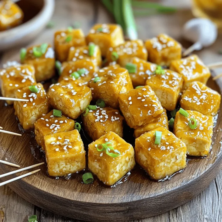 To make honey garlic tofu bites, you need the following ingredients: - 1 block (14 oz) firm tofu, pressed and cut into bite-sized cubes - 3 tablespoons honey (or agave syrup for a vegan option) - 2 tablespoons soy sauce (low-sodium preferred) - 3 cloves garlic, minced - 1 tablespoon fresh ginger, minced - 1 tablespoon cornstarch - 2 tablespoons vegetable oil - 1 green onion, finely sliced (for garnish) - Sesame seeds (for garnish) - Salt and pepper to taste You can make this recipe your own by swapping some ingredients. If you prefer a vegan option, use agave syrup instead of honey. Low-sodium soy sauce will help cut down on salt. For extra flavor, you can try different oils like sesame or olive oil. Fresh ginger adds a kick, but you can use ground ginger in a pinch. Always choose what you like best! Fresh ingredients make a big difference in taste. Fresh tofu gives a better texture and flavor. Fresh garlic and ginger add a bright, zesty note. Using fresh green onions and sesame seeds for garnish will enhance the look and taste of your dish. When you choose fresh, your honey garlic tofu bites will shine! To start, you need to press the tofu. This step is key for crispiness. Wrap the block of tofu in a clean kitchen towel. Place something heavy, like a skillet, on top. Let it sit for 15 to 20 minutes. This removes extra moisture. Once pressed, cut the tofu into bite-sized cubes. Now your tofu is ready to soak in flavor. Next, you will make a tasty marinade. In a mixing bowl, whisk together three tablespoons of honey or agave syrup, two tablespoons of soy sauce, three minced garlic cloves, and one tablespoon of minced ginger. Mix until smooth. This marinade is what gives the tofu its sweet and savory taste. Now, let’s cook the tofu bites. First, add the pressed tofu cubes to the bowl with the marinade. Toss gently to coat each piece. Allow the tofu to marinate for at least 20 minutes at room temperature. For even more flavor, cover and refrigerate for up to one hour. After marinating, sprinkle one tablespoon of cornstarch over the tofu. Toss the cubes again to coat them evenly. This helps the tofu get that crispy texture you want. Heat two tablespoons of vegetable oil in a large skillet over medium-high heat. Once hot, add the tofu cubes in a single layer. Cook for about three to four minutes on each side. Look for a golden brown color and a crispy outside. Once cooked, reduce the heat to medium. Pour any leftover marinade over the tofu. Sauté for an additional two to three minutes. This allows the sauce to thicken and glaze the tofu bites. Finally, taste and season with salt and pepper as desired. Don’t forget to garnish! Sprinkle some finely sliced green onions and sesame seeds on top before serving. Enjoy your delicious honey garlic tofu bites! Pressing tofu is key for great texture. Start with a clean kitchen towel. Wrap the tofu block in the towel. Place a heavy object on top, like a skillet or cans. Let it sit for 15 to 20 minutes. This removes excess moisture. Drier tofu fries better and gets crispy. To get that perfect crispy texture, coat the tofu cubes with cornstarch after marinating. Use a gentle tossing motion to evenly coat each piece. This layer helps create a crunchy crust when frying. Make sure your oil is hot before adding tofu. Fry each side for 3 to 4 minutes. Golden brown means you did it right! For extra flavor, try adding spices to the marinade. A pinch of cayenne pepper can give it some heat. You can also add a splash of rice vinegar for tanginess. If you like a deeper flavor, use dark soy sauce instead. Don't forget to garnish your tofu bites! A sprinkle of sesame seeds and sliced green onions adds a fresh touch. {{image_4}} You can easily make this dish vegan. Just swap honey for agave syrup. This change keeps the sweet flavor while making it plant-based. Agave syrup has a mild taste. It blends well with garlic and ginger. Use the same amount as honey in the recipe. Your tofu bites will still taste amazing and sweet. If you like spice, add some heat. You can include red pepper flakes or cayenne pepper. Start with a small amount, like a pinch, and taste. You can always add more if needed. This will give your tofu bites a fun kick. Spicy honey garlic tofu bites will impress your guests. It’s a great way to shake things up. Serve the tofu bites in style. Place them on a nice platter. Drizzle some leftover marinade over the top for extra flavor. Garnish with green onions and sesame seeds for a pop of color. You can also serve them with toothpicks for easy eating. For a full meal, pair them with steamed broccoli or a fresh salad. These ideas will make your dish look and taste fantastic! To store leftover tofu bites, let them cool completely. Place them in an airtight container. Make sure to separate layers with parchment paper. This helps keep them from sticking together. Store in the fridge for up to three days. To reheat your tofu bites, use a skillet for the best results. Heat the skillet over medium heat. Add a splash of oil to help regain crispiness. Cook the tofu bites for about 3-4 minutes, turning them until hot. You can also use a microwave, but the texture may not be as nice. If you want to freeze tofu bites, first cool them completely. Then, place them in a single layer on a baking sheet. Once frozen, transfer them to a freezer bag. Be sure to remove excess air from the bag. You can freeze them for up to two months. When ready to eat, simply thaw in the fridge overnight before reheating. The best type of tofu for honey garlic tofu bites is firm tofu. Firm tofu holds its shape well during cooking. It absorbs flavors nicely and gets crispy on the outside. You can also use extra-firm tofu for an even firmer texture. Just remember to press it to remove excess moisture. Yes, you can bake the tofu instead of frying it. Baking gives you a healthier option. To bake, preheat your oven to 400°F (200°C). Arrange the coated tofu cubes on a baking sheet lined with parchment paper. Bake for 25-30 minutes, flipping halfway through. This method still yields a tasty and crispy result. You can store honey garlic tofu bites in an airtight container in the fridge. They will stay fresh for about 3-4 days. If you want to keep them longer, consider freezing them. Ensure they cool completely before freezing, and they can last up to 2 months in the freezer. Just reheat in the oven for best results. This blog post covered the key steps to make tasty tofu bites. We discussed choosing fresh ingredients, preparing the tofu, and creating the perfect marinade. You learned helpful tips for crispiness and ways to add flavors. We also explored variations, storage methods, and answered common questions. In cooking, great ingredients and techniques make all the difference. Enjoy your tasty tofu bites and feel free to get creative!