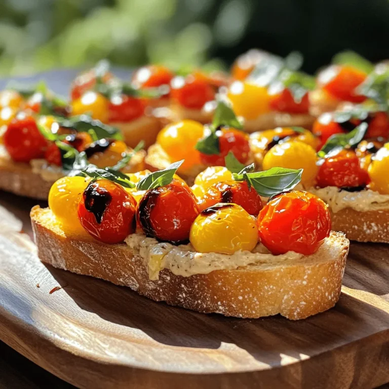 - 1 French baguette, sliced into 1/2-inch thick pieces - 1 cup cherry tomatoes, quartered - 6 cloves garlic, unpeeled - 3 tablespoons olive oil, divided - 1 tablespoon balsamic vinegar - 1/4 cup fresh basil, finely chopped - Salt and freshly ground black pepper, to taste - Optional: 1/4 teaspoon red pepper flakes for an extra kick You can change up the ingredients based on what you have. For cherry tomatoes, try using any small tomatoes like grape or heirloom. If you want a different texture, any crusty bread works. Think ciabatta or sourdough. If you need a vegan option, use dairy-free cheese or skip it altogether. Bruschetta is all about being creative. Mix it up as you like! - Preheat oven to 400°F (200°C). - Spread unpeeled garlic cloves on a baking sheet. Drizzle with 1 tablespoon olive oil. - Roast for 15-20 minutes until golden brown and soft. - Allow garlic to cool before handling. - In a bowl, combine quartered cherry tomatoes, balsamic vinegar, and seasonings. - Add 2 tablespoons of olive oil, finely chopped basil, salt, and black pepper. - For extra heat, add red pepper flakes. - Stir gently and let flavors meld for 10 minutes. - Arrange baguette slices on a separate baking sheet. - Lightly drizzle or brush them with olive oil. - Toast in the oven for 5-7 minutes until golden and crispy. - Squeeze roasted garlic into a bowl and mash into a smooth paste. - Spread roasted garlic paste on each toasted baguette slice. - Spoon the marinated tomato mixture over the garlic spread. - Serve warm for the best flavor and texture. - Best practices for roasting garlic: To roast garlic, keep the skins on. This helps the garlic stay moist. Coat the cloves with olive oil before roasting. Roast them at 400°F for 15-20 minutes. Look for a golden brown color. This means they are ready. - How to achieve crispy baguette slices: Slice the baguette into 1/2-inch pieces. Brush each slice with olive oil. This helps them crisp up nicely. Toast them in the oven for 5-7 minutes. Keep an eye on them to avoid burning. - Ensuring balanced flavors in the tomato mixture: Mix quartered cherry tomatoes with balsamic vinegar and olive oil. Add salt and pepper to taste. Fresh basil adds a nice touch. Let the mixture sit for 10 minutes. This helps all the flavors come together. - Pairing with wines or other appetizers: This bruschetta pairs well with a light white wine. Try a Sauvignon Blanc or a Pinot Grigio. These wines enhance the fresh flavors. You can also serve it with olives or cheese for a great spread. - Garnishing ideas for visual appeal: For a beautiful look, add whole basil leaves on top. A drizzle of balsamic glaze adds shine. These small touches make your bruschetta stand out. - Over-roasting garlic: Keep an eye on the garlic while it roasts. If it gets too dark, it may taste bitter. Perfectly roasted garlic should be soft and sweet. - Skipping the marination step for tomatoes: Letting the tomatoes marinate is key. It allows the flavors to meld together. Rushing this step can lead to a bland topping. - Using stale bread: Always use fresh baguette slices. Stale bread will not get crispy and will ruin the texture. Fresh bread makes all the difference in this dish. {{image_4}} Bruschetta is a fun dish because you can change it up in many ways. Here are some ideas to make your roasted garlic tomato bruschetta even better. - Adding fresh mozzarella or burrata: This cheese adds a creamy texture and rich flavor. It makes each bite extra special. Just tear or slice the cheese and place it on top of your tomato mix. - Incorporating avocado for creaminess: Mashed avocado gives a smooth feel. It also adds healthy fats. Spread a layer on your toasted bread before adding the tomato topping. - Mediterranean-inspired toppings: Try adding olives or feta cheese. These ingredients give strong, bold flavors. You can mix them into the tomato topping or sprinkle them on top. - Spicy variations with jalapeños or hot sauce: If you like heat, add some sliced jalapeños. You can also drizzle hot sauce over the bruschetta. This will wake up your taste buds! - Using seasonal vegetables: Zucchini or bell peppers work great. Roast them with olive oil and add them on top for a fresh taste. - Adjusting flavors with seasonal herbs: Use herbs like thyme or oregano. These herbs bring a garden-fresh taste. You can mix them into the tomato topping for added flavor. These variations let you enjoy bruschetta in new and exciting ways! To keep your bruschetta fresh, store each part separately. Place the tomato mix in a sealed container. Keep it in the fridge for up to three days. For the baguette, wrap it in foil to keep it from drying out. Use within two days for the best taste. Store the roasted garlic in a small jar with a lid. It will last up to a week in the fridge. To reheat the baguette, preheat your oven to 350°F (175°C). Place the slices on a baking sheet. Toast them for about five minutes. This keeps them crunchy. Avoid the microwave, as it makes the bread soggy. If you have leftover tomato mix, don't heat it. Serve it cold on the warm bread for the best flavor. You can freeze the tomato mix, but not the bread. For freezing, pack it in an airtight container. It will stay good for up to three months. When you're ready to eat, thaw it in the fridge overnight. Use it cold or let it sit at room temperature for a bit before serving. Enjoy the fresh flavors! To make roasted garlic, start by preheating your oven to 400°F (200°C). Place unpeeled garlic cloves on a baking sheet. Drizzle with one tablespoon of olive oil to coat them. Roast for 15-20 minutes until they turn golden brown and soft. Once done, let them cool before using. You can prepare some parts in advance. The tomato mixture can sit for up to an hour. Keep it in the fridge. However, toast the baguette just before serving. This keeps it crispy and fresh. Bruschetta pairs well with many sides. Here are some ideas: - A fresh green salad - A charcuterie board - Soup, like tomato or minestrone - A cheese platter for variety Traditional bruschetta is not gluten-free due to the use of baguette. However, you can use gluten-free bread to make it suitable for those with gluten allergies. To add heat to your bruschetta, include red pepper flakes in the tomato mixture. You can also add diced jalapeños or a splash of hot sauce for an extra kick. Adjust the spice level to suit your taste! You now have a complete guide to making Roasted Garlic Tomato Bruschetta. We covered ingredients, preparation, and tips to ensure your dish shines. Experiment with variations to suit your taste. Don’t forget to store leftovers properly for later enjoyment. This dish is perfect for gatherings or a simple snack. Enjoy making this savory treat and impressing your friends and family!