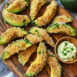 - 2 ripe avocados, sliced into wedges - 1 cup panko breadcrumbs - 1/2 cup finely grated Parmesan cheese - 1 teaspoon garlic powder - 1 teaspoon onion powder - 1/2 teaspoon smoked paprika - Salt and freshly ground black pepper, to taste - 2 large eggs, beaten - Cooking spray This recipe starts with ripe avocados. Choosing ripe avocados is key. They should feel slightly soft to the touch. Slice them into wedges for easy frying. Next, you need panko breadcrumbs and Parmesan cheese. Panko gives a nice crunch. Parmesan adds a rich flavor. For seasonings, we use garlic powder, onion powder, and smoked paprika. These spices enhance the taste of the fries. Add salt and pepper to balance the flavors. You will also need beaten eggs. These help the crumbs stick to the avocado. Finally, cooking spray helps achieve a golden finish. Gather these ingredients for a fun and tasty cooking adventure! Set the air fryer to 400°F (200°C). Preheating is key for crispiness. It helps the fries cook evenly and gives them a nice crunch. In a bowl, mix 1 cup panko breadcrumbs, 1/2 cup finely grated Parmesan cheese, 1 teaspoon garlic powder, 1 teaspoon onion powder, 1/2 teaspoon smoked paprika, and a pinch of salt and pepper. Stir until everything is well mixed. This ensures every fry is tasty. Arrange two shallow dishes next to each other. Pour 2 large beaten eggs in one dish and the breadcrumb mix in the other. Dip each avocado wedge into the egg. Let excess egg drip off. This helps the breadcrumbs stick. Next, coat the egg-dipped wedge with the breadcrumb mix. Press gently to ensure a good layer forms. This step is important for a crunchy exterior. Place the breaded avocado fries in the air fryer basket. Arrange them in a single layer. Avoid overcrowding. Lightly spray the tops with cooking spray for extra crunch. Cook the fries for 8-10 minutes. Flip them halfway through to ensure even browning. Look for a golden and crispy finish. Once done, carefully take the fries out of the air fryer. Let them cool for a minute. This makes them easier to handle. For a great presentation, serve the fries on a colorful platter. Pair them with a zesty sauce like lime aioli or chipotle mayo. Garnish with fresh herbs for a nice touch. Enjoy your delicious creation! When selecting ripe avocados, look for ones that feel slightly soft when you squeeze them gently. A ripe avocado will have smooth skin without dark spots. The ideal avocado for frying should be firm but not hard. If it feels mushy, it’s overripe and may not hold its shape during cooking. Using cooking spray is key to getting that golden, crispy finish. Lightly spray the tops of the fries before they go in the fryer. Set your air fryer to 400°F (200°C) for the best results. Preheating for about five minutes helps create a crispy outer layer while keeping the inside creamy. To boost flavor, consider adding spices like cayenne pepper for heat or Italian seasoning for extra depth. Fresh herbs like cilantro or parsley make vibrant garnishes. They not only add color but provide a fresh taste that complements the richness of the avocado fries. {{image_4}} You can add some heat to your avocado fries by including jalapeños. Chop a few jalapeños finely and mix them into the breadcrumb mixture. This will give your fries a spicy kick. If you want to switch up the cheese, try using different kinds. Cheddar, mozzarella, or even a spicy pepper jack can work well. Each cheese will bring its own unique flavor to the dish. If you do not have an air fryer, you can bake these fries in the oven. Preheat your oven to 425°F (220°C). Arrange the breaded avocado wedges on a baking sheet lined with parchment paper. Bake for about 15-20 minutes, flipping halfway through. This will give you crispy fries with a nice texture. Another option is to pan-fry the wedges. Heat some oil in a skillet over medium heat. Fry the avocado wedges for about 2-3 minutes on each side until they are golden brown. Make sure not to crowd the pan to keep them crispy. These avocado fries pair great with salads or tacos. You can use them as a crunchy topping for your favorite salad. They also make a delicious side for tacos, giving a creamy and crunchy contrast. For a fun twist, try serving them with a zesty dipping sauce. Lime aioli or chipotle mayo can enhance the flavor. You can also place them on a colorful platter with fresh herbs for a beautiful presentation. To store your leftover avocado fries, use an airtight container. Glass or plastic containers work well. Make sure to let the fries cool completely before sealing them. This helps prevent moisture build-up. Store them in the fridge for up to three days. To reheat, the best method is to use the air fryer. This helps keep the fries crispy. Set the air fryer to 350°F (175°C). Heat for about 5 minutes. You can also use an oven for reheating. Just place the fries on a baking sheet and bake for 10 minutes. You can freeze these fries before or after cooking. For unbaked fries, place them on a tray to freeze. Once frozen, transfer them to a freezer bag. They can last up to three months. If you freeze baked fries, let them cool first. Reheat straight from the freezer in the air fryer. Cook for about 8-10 minutes at 350°F (175°C). Yes, you can make these avocado fries vegan. Instead of eggs, you can use aquafaba, which is the liquid from canned chickpeas. It works great as a binder. Just dip the avocado wedges in aquafaba instead of beaten eggs. You can also use a plant-based milk mixed with a bit of flour to help the breadcrumbs stick. To check if your avocado fries are done, look for a golden color and a crispy texture. They should be firm to the touch but not hard. If they are slightly soft inside, that’s perfect! You can also use a fork to gently poke one. If it feels hot all the way through, they are ready to eat. Avocado fries go well with many sauces. Here are some tasty options: - Lime aioli: A zesty dip that adds a fresh kick. - Chipotle mayo: Creamy with a smoky flavor that enhances the fries. - Ranch dressing: A classic choice that complements the crispy texture. - Salsa: Fresh and tangy, it adds a vibrant touch. You can use regular breadcrumbs, but the texture will be different. Panko is lighter and crispier because it is larger and flakier. This helps create that perfect crunch you want. Regular breadcrumbs may not give the same crispy outcome, but they will still work if panko is not available. In this post, you learned how to make delicious air-fried avocado fries. We covered the ingredients needed, from ripe avocados to panko and Parmesan. You now know how to prepare, bread, and cook the wedges for a crispy treat. Remember to choose ripe avocados for the best taste. Experiment with spices and serving ideas to make it your own. Enjoy your avocado fries with friends or family for a fun snack!