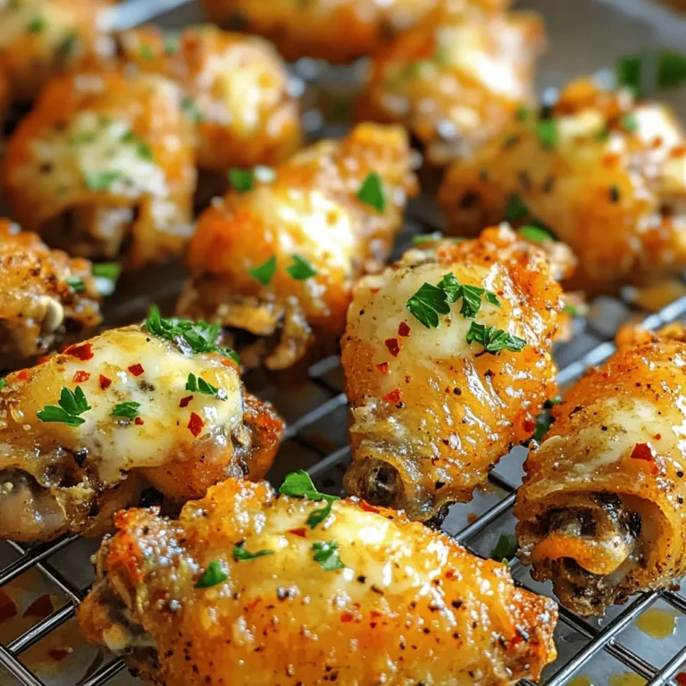- 2 pounds chicken wings - 1/4 cup unsalted butter, melted - 1/4 cup finely grated Parmesan cheese - 5 cloves garlic, minced - 1 tablespoon fresh parsley, finely chopped - 1 teaspoon smoked paprika - 1 teaspoon freshly ground black pepper - 1 teaspoon sea salt - 1/2 teaspoon red pepper flakes - Baking sheet and wire rack - Mixing bowls - Whisk and spatula Each serving contains: - Calories: 400 - Protein: 25g - Carbs: 1g - Fats: 35g The ingredients for Garlic Parmesan Chicken Wings create a dish that's full of flavor. The chicken wings are the star, bringing juicy goodness. The butter adds richness, while Parmesan gives a tasty kick. When you mix in garlic, parsley, and spices, the wings become truly special. To make this dish right, you'll need some basic tools. A baking sheet with a wire rack helps the wings cook evenly. Mixing bowls are essential for blending the sauce. A whisk makes it easy to combine the ingredients smoothly, while a spatula helps coat the wings well. With the right ingredients and tools, you're set to create a delicious meal. The nutritional info shows these wings are filling and packed with protein. Enjoy every crispy bite! Set your oven to 425°F (220°C). This high heat helps the wings turn crispy. Line a baking sheet with aluminum foil. Place a wire rack over the foil. This allows air to flow around the wings while they cook. Take 2 pounds of chicken wings. Use paper towels to pat them dry. This step is key. Removing moisture helps the skin get crispy. If the wings are wet, they will steam instead of bake. In a medium bowl, mix the sauce. Combine 1/4 cup melted butter, 1/4 cup grated Parmesan cheese, and 5 minced garlic cloves. Add 1 tablespoon of chopped parsley, 1 teaspoon smoked paprika, 1 teaspoon black pepper, and 1 teaspoon sea salt. If you want heat, add 1/2 teaspoon red pepper flakes. Whisk until the mixture is smooth. Put the dried wings in a large bowl. Drizzle the sauce over the wings. Use your hands or a spatula to toss them well. Make sure every wing is coated in that tasty sauce. Carefully place the coated wings on the wire rack. Space them out so they cook evenly. Bake for 40 to 45 minutes. Halfway through, flip the wings over. This helps them brown on both sides. Check that they reach an internal temperature of 165°F (74°C). Once the wings are golden brown, take them out of the oven. Let them cool for a few minutes. Just before serving, add more chopped parsley and a sprinkle of Parmesan on top. This makes them look great. Serve them on a platter lined with parchment paper. Add lemon wedges for a fresh touch. To get crispy wings, you must dry them first. Use paper towels. Pat the wings dry to remove moisture. A dry skin helps them crisp up in the oven. Next, use a wire rack over a baking sheet. This allows air to flow around the wings. It helps every side cook evenly, making them crispy. For a great Garlic Parmesan sauce, start with melted butter. Mix it with finely grated Parmesan cheese and minced garlic. Add fresh parsley for color and flavor. Smoked paprika adds a nice touch. Black pepper and sea salt enhance the taste. Red pepper flakes bring some heat. Whisk everything together until smooth. This sauce coats the wings well and adds amazing flavor. You can cook wings in different ways. Baking is simple and gives great results. Preheat your oven to 425°F (220°C). Bake your wings for 40 to 45 minutes. Flip them halfway to ensure even cooking. Air frying is another option. It cooks the wings fast and keeps them crispy. Set your air fryer to 400°F (200°C). Cook for about 25 to 30 minutes. Both methods work well, but choose what fits your kitchen best. {{image_4}} You can really mix up the flavor of your garlic Parmesan chicken wings! Here are some fun ideas: - Buffalo Sauce: Add a splash for heat. - Lemon Zest: For a fresh twist, mix in some zest. - Herbs: Try adding dried oregano or thyme for depth. - Cheese: Swap in Pecorino for a sharper taste. - Honey: Drizzle some honey for a sweet touch. These easy changes will make your wings unique! Feel free to get creative and find your favorite mix. You can cook chicken wings in different ways. Here’s how to grill or air fry them: Grilling: 1. Preheat your grill to medium heat. 2. Prepare the wings as you would for baking. 3. Place the wings on the grill. Cook for 20-25 minutes. 4. Turn them often for even cooking. Use a meat thermometer to check for 165°F. Air Frying: 1. Preheat your air fryer to 400°F. 2. Prepare the wings just like before. 3. Place them in a single layer in the basket. 4. Cook for about 25-30 minutes. Shake the basket halfway through. Both methods give a tasty result, so choose what works for you! Adjusting for wing sizes is simple. Here’s how to handle smaller or larger wings: - Smaller Wings: Cook them for about 30-35 minutes. They cook faster, so watch closely. - Larger Wings: Increase the cooking time to about 50 minutes. Always check for that 165°F mark! By knowing how to adjust, you can enjoy wings no matter their size! To store leftover Garlic Parmesan chicken wings, let them cool first. Then, place them in an airtight container. You can keep them in the fridge for up to three days. Make sure to seal the container well to prevent moisture from getting in. This keeps the wings tasty and fresh for later. The best way to reheat chicken wings is in the oven. Preheat your oven to 350°F (175°C). Place the wings on a baking sheet. Heat them for about 10 to 15 minutes. This method helps keep the wings crispy. If you are in a hurry, you can use a microwave. Just remember, they may not stay crunchy. Yes, you can freeze Garlic Parmesan chicken wings. To do this, let them cool completely. Place them in a freezer bag or container. Make sure to remove as much air as possible. They can stay in the freezer for up to three months. When you are ready to eat them, thaw them in the fridge overnight before reheating. Bake your Garlic Parmesan chicken wings at 425°F (220°C) for 40 to 45 minutes. Check the wings halfway through cooking. Flip them to ensure even browning. The wings should look golden brown and crispy. Use a meat thermometer to check if the internal temperature reaches 165°F (74°C). Yes, you can use frozen wings! Just remember to thaw them first. Place them in the fridge overnight for best results. If you’re in a hurry, you can use cold water to thaw them. After thawing, follow the same steps for drying and coating them with the sauce. Garlic Parmesan chicken wings pair well with many sides. Here are some tasty options: - Celery sticks - Carrot sticks - Ranch dressing - Blue cheese dressing - French fries - Salad You can mix and match to create a fun platter! Want some heat in your sauce? There are easy ways to spice it up: - Add more red pepper flakes. - Mix in some hot sauce. - Use cayenne pepper for a kick. Adjust the spice level to suit your taste! You learned how to make tasty Garlic Parmesan Chicken Wings. We covered the key ingredients, tools, and step-by-step instructions. I shared tips for crispy wings and variations to try. You now know how to store and reheat leftovers safely. With this guide, you can enjoy your wings any way you like. Cooking great wings at home is fun and easy. Get ready to impress your friends and family with your new skills. Enjoy your delicious creations!