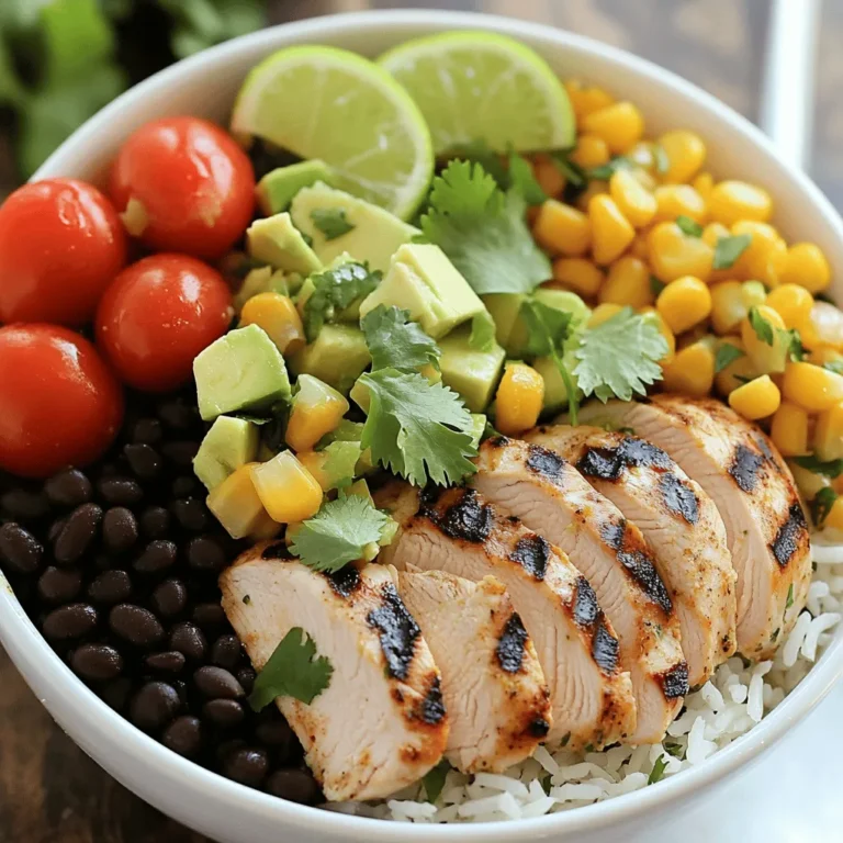 - 2 boneless, skinless chicken breasts - 1 cup jasmine rice - 1 ½ cups chicken broth - 1 cup black beans, rinsed and drained - 1 cup cherry tomatoes, halved - 1 ripe avocado, diced - 1 cup corn (fresh, frozen, or canned) - 1 lime, zested and juiced - ½ cup fresh cilantro, finely chopped - 2 tablespoons extra virgin olive oil - 1 teaspoon ground cumin - 1 teaspoon garlic powder - Sea salt and freshly cracked black pepper, to taste - Optional toppings: sour cream, sliced jalapeños, additional cilantro When making cilantro lime chicken burrito bowls, you need fresh ingredients. Each one adds flavor and texture. The chicken breasts are tender and juicy, making them the star of the dish. Jasmine rice serves as a fluffy base, soaking up all the flavors. Black beans add protein and fiber. Cherry tomatoes bring a burst of color and sweetness. Diced avocado adds creaminess and healthy fats. Corn gives a nice crunch, whether fresh or frozen. The lime juice and zest brighten the whole dish. Fresh cilantro adds a fragrant touch. Olive oil helps the marinade stick to the chicken, enhancing its taste. For seasoning, ground cumin and garlic powder provide warmth and depth. Don't forget sea salt and black pepper! They balance all the flavors perfectly. Optional toppings like sour cream or jalapeños can make your bowl even better. They let you customize each serving. Enjoy building your burrito bowl with these fresh ingredients! To start, you'll want to marinate the chicken. In a medium bowl, mix together 2 tablespoons of olive oil, the juice and zest of 1 lime, 1 teaspoon of ground cumin, 1 teaspoon of garlic powder, and a pinch of sea salt and black pepper. Whisk these together until well combined. Next, add the 2 boneless, skinless chicken breasts to the bowl. Make sure they are fully coated in the marinade. Cover the bowl and place it in the fridge for at least 30 minutes. If you have more time, letting it sit for up to 2 hours will boost the flavor. Now, let’s cook the jasmine rice. Start by rinsing 1 cup of jasmine rice under cold running water. You want the water to run clear. This step helps remove excess starch and makes the rice fluffy. In a medium saucepan, bring 1 ½ cups of chicken broth to a rolling boil. Once boiling, add the rinsed rice. Cover the pot with a lid and reduce the heat to low. Let the rice simmer for 15 to 18 minutes until it’s tender and the liquid is absorbed. After that, remove it from heat and fluff it gently with a fork. Set the rice aside and let it cool. While the rice cools, it’s time to grill the chicken. Preheat your grill or grill pan to medium-high heat. Once hot, take the chicken out of the marinade and place it on the grill. Cook the chicken for about 6 to 7 minutes on each side. You want it to reach an internal temperature of 165°F. Once it’s done, remove the chicken from the grill. Let it rest for about 5 minutes before slicing it into strips. This makes the chicken juicy and tender. Now comes the fun part—assembling your bowls! Take four individual serving bowls and evenly distribute the cooked jasmine rice as the base. On top of the rice, add portions of 1 cup of black beans, 1 cup of corn, and 1 cup of halved cherry tomatoes. Next, layer in the diced avocado and the sliced grilled chicken. This colorful mix not only looks good but also tastes amazing. For the final touch, sprinkle each bowl with ½ cup of finely chopped fresh cilantro. Squeeze some fresh lime juice over the top for a zesty flavor. You can also add optional toppings like sour cream or sliced jalapeños to customize your bowl. For a beautiful presentation, arrange the ingredients in distinct sections. Serve with lime wedges on the side, inviting everyone to add a splash of freshness! To get the best flavor from your cilantro lime chicken, marinate the chicken for at least 30 minutes. I prefer to let it sit for up to 2 hours. This deepens the flavor as the spices and lime juice soak in. Grilling is key. Preheat your grill to medium-high heat. This helps seal in the juices and gives a nice char. Cook the chicken for 6-7 minutes on each side. Use a meat thermometer to check for 165°F to ensure perfect doneness. These bowls are great on their own, but you can add extra fun toppings. Consider using: - Sour cream for creaminess - Sliced jalapeños for heat - Extra cilantro for freshness - Shredded cheese for richness Pair your bowl with tortilla chips for some crunch or a side of pico de gallo for added flavor. Make your bowls look inviting! Arrange the ingredients in colorful sections. Start with a base of rice and layer on the beans, corn, tomatoes, and avocado. Place the sliced chicken on top for a nice finish. Add lime wedges on the side. This invites your guests to add a fresh squeeze right before eating. A great way to make your meal pop is to use a wide, shallow bowl. It shows off all the colors beautifully! {{image_4}} You can swap chicken for many proteins. Here are some great choices: - Tofu: Use extra-firm tofu for a plant-based option. Press it to remove moisture, then marinate and grill just like chicken. - Shrimp: Shrimp cooks fast and adds a nice flavor. Grill or sauté until pink and opaque. - Ground turkey: Season and cook it in a skillet. It’s lean and works well in the bowl. - Tempeh: This fermented soy product adds a nutty taste. Marinate and grill for a hearty texture. Switching up the rice can add more flavor and nutrition. Try these options: - Quinoa: This grain cooks quickly and is high in protein. Use the same broth to cook it. - Brown rice: A whole grain that adds fiber. It takes longer to cook, so adjust the time. - Cauliflower rice: A low-carb choice. Sauté it in a pan for a few minutes until tender. - Farro: It has a chewy texture and nutty flavor. Cook it in broth for added taste. Toppings can elevate your burrito bowls. Here are fun ideas: - Sour cream: Adds creaminess and tang. Greek yogurt is a great swap for health. - Sliced jalapeños: For heat, add fresh or pickled jalapeños. - Cheese: Crumbled feta or shredded cheddar can add a salty bite. - Pico de gallo: Fresh tomato salsa brings zest to the dish. - Olives: Sliced black or green olives add a briny flavor. Feel free to mix and match these options to create your perfect bowl! Store your leftover cilantro lime chicken burrito bowls in airtight containers. Keep them in the fridge for up to three days. This helps keep the flavors fresh. Make sure the chicken is in a separate container if you want it to stay juicy. Avoid letting the rice sit too long to prevent it from drying out. To freeze, separate the components. Place the chicken, rice, and toppings in their own containers. Use freezer-safe bags or containers. The chicken and rice can last in the freezer for up to three months. Just remember to cool them completely before freezing. This prevents ice crystals from forming. For reheating, use the microwave or stovetop. If using a microwave, heat in short bursts. Stir in between to ensure even warming. For stovetop, add a splash of water to the pan. This keeps the rice moist. Aim for an internal temperature of 165°F for the chicken. Enjoy your meal as if it was just made! To make cilantro lime chicken burrito bowls, follow these steps: 1. Marinate the chicken with olive oil, lime juice, cumin, garlic powder, salt, and pepper. 2. Cook jasmine rice in chicken broth until tender. 3. Grill the marinated chicken until it reaches 165°F, then slice it. 4. Assemble the bowls with rice, black beans, corn, tomatoes, avocado, and chicken. 5. Garnish with cilantro and lime juice before serving. You can substitute chicken with: - Tofu - Shrimp - Beef - Pork - Tempeh - Seitan To make these bowls healthier, try these tips: - Use brown rice instead of jasmine rice for more fiber. - Add more veggies like bell peppers or spinach. - Use grilled fish instead of chicken for a lighter option. - Skip high-calorie toppings like sour cream. Leftovers will last in the fridge for 3 to 4 days. Store them in an airtight container. Make sure to let them cool before sealing. Yes, you can prepare this dish in advance. Here are some tips: - Marinate the chicken a day ahead for better flavor. - Cook the rice and beans in advance and store separately. - Assemble the bowls just before serving to keep ingredients fresh. In this post, we covered the key ingredients for making cilantro lime chicken burrito bowls. I shared step-by-step instructions, cooking tips, and ways to personalize your dish. Remember, you can swap proteins or grains easily. Store leftovers properly for future meals. This dish offers great flavor and nutrition while being flexible to fit your taste. Enjoy crafting these bowls that fill your belly and delight your senses. Happy cooking!