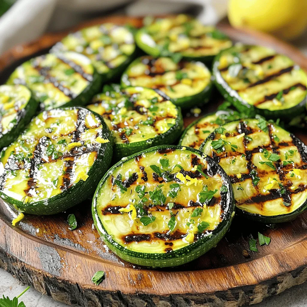 To make Lemon Garlic Grilled Zucchini, you will need a few simple, fresh ingredients. Here’s the list: - 4 medium zucchini, sliced into 1/4-inch rounds - 3 tablespoons olive oil - 3 cloves garlic, finely minced - 1 teaspoon fresh lemon zest - 2 tablespoons freshly squeezed lemon juice - 1 teaspoon dried oregano - Salt and freshly ground black pepper, to taste - Fresh parsley, chopped, for garnish Each ingredient plays a key role. The zucchini brings a mild flavor and great texture. Olive oil adds richness, while garlic gives a delightful kick. Lemon zest and juice brighten the dish, making it fresh and zesty. Dried oregano adds depth and a hint of earthiness. Finally, salt and pepper enhance all the flavors. Fresh parsley as a garnish adds color and freshness. With these ingredients, you can create a dish that is both simple and full of flavor. Trust me, every bite will taste like summer on your plate. In a mixing bowl, combine these ingredients: - 3 tablespoons olive oil - 3 cloves garlic, finely minced - 1 teaspoon fresh lemon zest - 2 tablespoons freshly squeezed lemon juice - 1 teaspoon dried oregano - Salt and freshly ground black pepper, to taste Whisk them together until they blend well. You want a smooth mix that will coat the zucchini nicely. Now, add the sliced zucchini to the bowl. Toss gently to coat every slice with the marinade. This will help the zucchini soak up all those great flavors. Let it sit for 15 minutes. This step is key for the best taste. While the zucchini marinates, preheat the grill to medium-high heat. You want it hot, around 400°F (200°C). Once it’s ready, place the marinated zucchini slices on the grill. Grill them for 3 to 4 minutes on each side. Keep an eye out for grill marks. You want the zucchini tender but still a bit crisp. Enjoy the sizzle and aroma! For the best results, aim for a grill temperature of around 400°F (200°C). This heat helps the zucchini cook evenly while getting nice grill marks. Grill each side for about 3-4 minutes. Keep an eye on the zucchini to avoid overcooking. You want it tender but still slightly crisp. To add even more flavor, consider mixing in some spices like red pepper flakes or smoked paprika. You can also sprinkle some feta cheese on top after grilling for a creamy touch. For dips, a tangy yogurt sauce or a garlic aioli pairs well. These additions can elevate your dish and surprise your guests. For a beautiful presentation, serve the grilled zucchini on a rustic cutting board. Drizzle some extra olive oil over the top to make it shine. Adding a sprinkle of lemon zest and fresh parsley gives it a pop of color. This makes your dish look gourmet and inviting, perfect for impressing friends and family. {{image_4}} You can grill other veggies for a tasty twist. Try bell peppers, eggplant, or asparagus. These add color and flavor to your dish. You can also mix zucchini with these options. This way, you create a vibrant veggie medley. To change the taste, add fresh herbs like basil or thyme. You can also squeeze in lime juice for a different citrus kick. Marinades can be fun too. Try adding balsamic vinegar or soy sauce for unique flavor notes. The key is to experiment and find what you love. For vegan options, use only plant-based ingredients. This dish is naturally gluten-free too. If you want low-sodium options, skip the added salt. Fresh herbs help boost flavor without the salt. You can still enjoy yummy grilled veggies while meeting your dietary needs. To store leftovers, place the grilled zucchini in an airtight container. Keep it in the fridge. It will stay fresh for about three days. After that, the texture may change. Always check for any signs of spoilage before eating. You can freeze grilled zucchini for later use. Allow it to cool completely before freezing. Place it in a freezer-safe bag or container. When stored correctly, it can last for up to three months. To reheat, thaw it in the fridge overnight, then warm it in a skillet over low heat. This keeps the zucchini tender and flavorful. This recipe is great for meal prep. You can grill a large batch at once. Store it in the fridge for quick meals. Pair it with grilled chicken or pasta for a complete dish. You can also add it to salads for a fresh crunch. With these tips, you can enjoy Lemon Garlic Grilled Zucchini all week! Yes, you can use other types of zucchini. The most common types are: - Yellow zucchini - Crookneck squash - Pattypan squash These varieties have a similar texture and flavor. They grill well and absorb the marinade nicely. Just slice them into 1/4-inch rounds like regular zucchini. Each type adds a unique color and taste to your dish. Lemon Garlic Grilled Zucchini pairs well with many dishes. Here are some great options: - Grilled chicken or fish - Quinoa or rice - A fresh green salad - Pasta with olive oil and herbs These sides enhance the meal's flavor and make it more filling. Mix and match based on your taste! Yes, you can make this recipe in the oven. Here’s how: 1. Preheat your oven to 400°F (200°C). 2. Place the marinated zucchini on a baking sheet. 3. Bake for about 15-20 minutes. 4. Turn the slices halfway to ensure even cooking. Oven-baking gives a nice roasted flavor. You won’t get grill marks, but the taste will still be great! In this post, we explored how to make Lemon Garlic Grilled Zucchini. We covered the ingredients, marinade prep, grilling steps, and storage tips. Grilling zucchini is simple and tasty. You can even mix in other veggies or spices to fit your taste. Remember to store leftovers in the fridge or freeze them for later. Try this quick and healthy recipe next time you grill. Enjoy delicious zucchini that is fresh and bright!