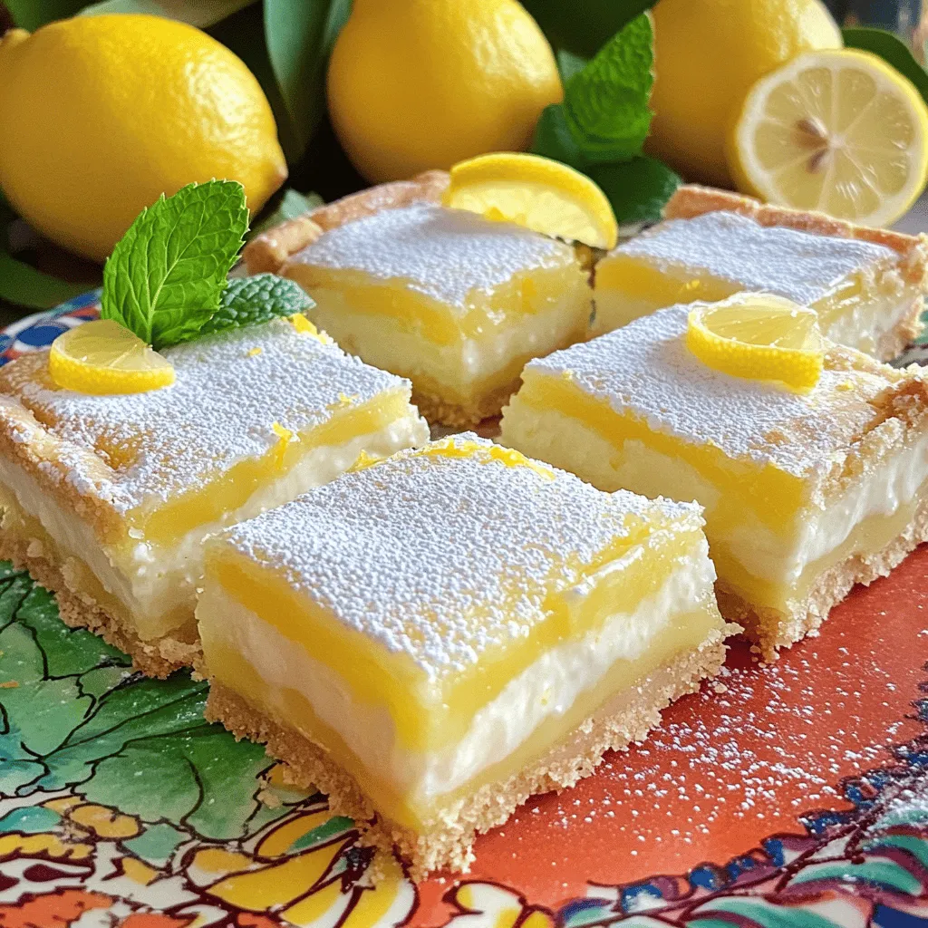 - 1 cup Greek yogurt - 1 cup granulated sugar - 2 large eggs - Zest of 2 fresh lemons - 1/2 cup freshly squeezed lemon juice (about 3 medium lemons) - 1/4 cup all-purpose flour - 1/2 teaspoon baking powder - Pinch of salt - Powdered sugar for dusting These ingredients come together to create a delightful treat. The Greek yogurt adds creaminess and tang. Granulated sugar gives sweetness to balance the tart lemon. Eggs help bind everything and add richness. Fresh lemon zest and juice provide bright, zesty flavor. All-purpose flour gives structure to the bars. Baking powder helps them rise and become light. A pinch of salt enhances the overall flavor. Finally, powdered sugar adds a lovely finish when dusted on top. When you gather these ingredients, you set the stage for a delicious baking adventure. Enjoy the process and the fresh, zesty taste of your Greek yogurt lemon bars! 1. Preheat oven and prepare baking pan First, set your oven to 350°F (175°C). Lightly grease an 8-inch square baking pan. You can also use parchment paper for easy removal. 2. Mix Greek yogurt and sugar In a large bowl, whisk together 1 cup of Greek yogurt and 1 cup of granulated sugar. Make sure the mixture is smooth and creamy without lumps. 3. Incorporate eggs, zest, and juice Add 2 large eggs, the zest of 2 lemons, and 1/2 cup of freshly squeezed lemon juice. Beat the mixture well until it is uniform. 4. Combine dry ingredients In another bowl, mix 1/4 cup of all-purpose flour, 1/2 teaspoon of baking powder, and a pinch of salt. Whisk these dry ingredients until well-blended. 1. Fold dry ingredients into wet mixture Gradually fold the dry ingredients into the yogurt mixture. Mix gently until the batter is smooth with no dry spots. Avoid overmixing to keep the bars light. 2. Pour batter and spread evenly Pour the batter into the prepared baking pan. Use a spatula to spread it evenly across the pan. 3. Bake and check for doneness Bake for 25-30 minutes. Look for lightly golden edges. Insert a toothpick in the center; it should come out clean. 4. Cool and dust with powdered sugar Let the bars cool in the pan for about 10 minutes. Transfer them to a wire rack to cool completely. Dust the top with powdered sugar before serving. To make the best Greek yogurt lemon bars, focus on a few simple steps. Start with the yogurt. You want a smooth mixture. Whisk the Greek yogurt and granulated sugar well. This helps avoid lumps. A creamy base makes your bars light and fluffy. Mix your ingredients carefully. Once you add the eggs, lemon zest, and juice, beat the mixture until smooth. But watch out! Overmixing can make your bars dense. Fold in the dry ingredients just until you see no dry spots. Cooling is key for easy slicing. After baking, let the bars cool in the pan for 10 minutes. This makes them easier to lift out. Then, move them to a wire rack to cool completely. A sharp knife will help you cut neat squares. Presentation makes a big difference. Serve your lemon bars chilled. Use a bright plate to show off their color. Garnish with thin lemon slices and fresh mint leaves. This adds a pop of color and a nice scent. Pair your lemon bars with a refreshing drink. Lemonade or iced tea works great. The tartness of the bars balances well with sweet beverages. Enjoy! {{image_4}} If you want to make these lemon bars gluten-free, simply swap the all-purpose flour with a gluten-free flour blend. Look for brands that work well in baking, like almond flour or coconut flour. This change will keep the bars just as tasty while being suitable for those with gluten sensitivities. To craft vegan lemon bars, you can replace the eggs with flaxseed meal or chia seeds. For each egg, mix 1 tablespoon of flaxseed meal with 3 tablespoons of water. Let it sit for a few minutes to thicken. For yogurt, choose a plant-based option like coconut or almond yogurt. These swaps keep the flavor bright and the texture creamy. You can add a twist to your lemon bars by mixing in fresh herbs or spices. Try adding a hint of fresh basil or thyme for an herbal kick. You can also swap out lemons for other citrus fruits like limes or oranges. This change will give your bars a fun and unique flavor. Experiment with what you love and enjoy the process! Store your Greek yogurt lemon bars in an airtight container. This keeps them fresh and moist. Always place the container in the fridge. The cool air helps maintain the bars' texture. If you leave them out, they can dry out quickly. You can also cover them in plastic wrap. This adds another layer of protection. Enjoy your lemon bars within five days for the best taste. After that, they may lose some freshness. If you want to keep them longer, consider freezing them. Wrap each bar in plastic wrap and then place them in a freezer bag. They can last up to three months in the freezer. When ready to eat, thaw them in the fridge overnight. This way, they stay tasty and ready to enjoy! Can I use flavored yogurt? Yes, you can use flavored yogurt. However, I suggest sticking with plain Greek yogurt for the best taste. Flavored yogurt can change the flavor of the bars. You want the bright lemon taste to shine. How long do these bars last? These bars can last up to five days when stored in the fridge. Keep them in an airtight container. They may get a bit firmer over time but will stay tasty. Can I freeze Greek yogurt lemon bars? Yes, you can freeze them! Wrap the bars tightly in plastic wrap. Then, place them in a freezer bag. They can last up to three months in the freezer. Just thaw in the fridge before serving. What can I substitute for granulated sugar? You can use honey or maple syrup instead of sugar. Keep in mind that it might change the texture a bit. If you prefer a sugar substitute, try erythritol or stevia. Adjust the amount to taste. This blog post showed you how to make Greek yogurt lemon bars. You learned the key ingredients, like Greek yogurt, eggs, and lemon juice. I shared each step for mixing and baking, along with helpful tips for the best texture. You also found variations for gluten-free and vegan options. In the end, these bars are tasty and easy to make. Enjoy them fresh or try your favorite twists!