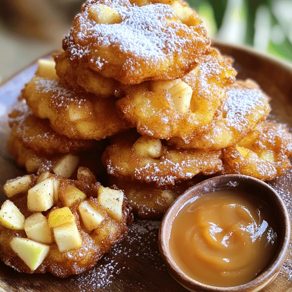 - 2 medium apples (preferably Honeycrisp or Granny Smith), peeled and diced - 1 cup all-purpose flour - 2 tablespoons granulated sugar - 1 teaspoon baking powder - 1 teaspoon ground cinnamon - 1/2 teaspoon salt - 1/3 cup milk - 1 large egg - 1 teaspoon vanilla extract - Oil for frying (such as vegetable or canola) - 1/2 cup powdered sugar (for coating) - 2 teaspoons ground cinnamon (for coating) - 2 tablespoons granulated sugar (for coating) To make cinnamon sugar apple fritters, you need fresh apples. I like to use Honeycrisp or Granny Smith for their great taste. Next, gather a cup of all-purpose flour. You will also need sugar, baking powder, and cinnamon. These will give your fritters a sweet and spiced flavor. Do not forget the milk and a large egg. The egg helps bind everything together. You'll also need vanilla extract for a lovely aroma. For frying, use vegetable or canola oil. Lastly, have powdered sugar, ground cinnamon, and granulated sugar ready for coating. This adds that sweet, crunchy finish we all love. With these simple ingredients, you can create a tasty treat that will impress anyone! Start by dicing two medium apples. Honeycrisp or Granny Smith work best. Place the diced apples in a medium bowl. Add two tablespoons of granulated sugar. Toss the apples gently to coat them. Set the bowl aside. Let the apples sit for a few minutes to release their juices. This step adds extra flavor to your fritters. Next, grab a large mixing bowl. Combine one cup of all-purpose flour, one teaspoon of baking powder, one teaspoon of ground cinnamon, and half a teaspoon of salt. Use a whisk to mix everything until it's smooth. This ensures that there are no lumps in your dry mix, which helps the fritters cook evenly. In another bowl, whisk together one-third cup of milk, one large egg, and one teaspoon of vanilla extract. Make sure this mixture is smooth and well combined. This will add moisture and richness to your batter. Now, slowly pour the wet mixture into the dry ingredients. Stir gently until the two mixtures come together. Be careful not to overmix. Overmixing can make your fritters tough. After that, fold in the apple mixture. Ensure the apples are evenly distributed throughout the batter. Heat about two inches of oil in a large skillet over medium heat. To test if the oil is ready, drop a small scoop of batter in. If it sizzles and rises, your oil is hot enough. Use a spoon to drop clusters of batter into the hot oil. Fry a few fritters at a time. This prevents them from overcrowding. Cook for about two to three minutes on each side. Look for a golden brown color. Once the fritters are cooked, use a slotted spoon to lift them out. Place them on paper towels to drain excess oil. In a small bowl, mix half a cup of powdered sugar, two teaspoons of ground cinnamon, and two tablespoons of granulated sugar. While the fritters are still warm, toss them in this cinnamon sugar mixture. This sweet coating adds a delightful finish to your fritters. - Use fresh apples for best flavor. Fresh apples taste bright and sweet. - Don’t overcrowd the frying pan. This helps fritters cook evenly and stay crispy. - Overmixing the batter can make fritters tough. Mix just enough to combine. - Frying at inconsistent temperatures leads to greasy or undercooked fritters. Keep the oil hot. - Arrange fritters artfully on a plate. A nice stack looks great. - Consider serving with sauces like caramel or maple syrup. Dipping adds fun and flavor. {{image_4}} You can make these fritters even better with a few tasty changes. - Add Nuts: Chopped walnuts or pecans give extra crunch and flavor. Just mix them in with the apples before adding to the batter. - Experiment with Spices: Try adding nutmeg or allspice for a warm twist. Just a pinch can create a cozy taste that pairs well with apples. You can also change this recipe to fit different diets. - Gluten-Free Options: Use almond or coconut flour instead of all-purpose flour. This keeps the fritters light while being gluten-free. - Vegan Adaptation: Substitute the egg with a flax egg or applesauce. Use non-dairy milk like almond or oat milk. This way, everyone can enjoy delicious fritters! To keep your cinnamon sugar apple fritters fresh, store them in an airtight container. This helps maintain their flavor and texture. You can refrigerate the fritters for up to three days. Make sure they are completely cool before sealing them in the container. This step prevents moisture buildup, which can make them soggy. When you’re ready to enjoy your fritters again, reheat them in an oven or an air fryer. This method keeps them crispy and delicious. Preheat your oven to 350°F (175°C) and warm the fritters for about 5-10 minutes. If using an air fryer, set it to 350°F (175°C) and heat for about 3-5 minutes. Avoid microwaving them. Microwaving can make the fritters soft and lose their crunch. Enjoy your tasty treat just like when they were fresh! You can tell when your fritters are done frying by checking their color. Look for a golden brown color and a crispy outside. This usually takes about 2-3 minutes on each side. If they look golden, they are ready! Yes, you can make cinnamon sugar apple fritters ahead of time. However, frying them fresh gives the best taste and texture. If you must prep ahead, try to keep them in a sealed container. Fry them just before you want to enjoy them! You can serve fritters with many delicious options. Try caramel sauce for a sweet dip. Maple syrup also works well, adding a nice touch. Whipped cream makes a creamy addition too. Pick your favorite to enhance your fritters! Yes, you can freeze the fritters. Simply let them cool, then place them in a container. They can last in the freezer for about a month. When you are ready, just reheat them for a quick treat! The best apples for fritters are Honeycrisp and Granny Smith. Honeycrisp adds a sweet crunch, while Granny Smith gives a nice tartness. Together, they create a balanced flavor that makes your fritters pop! You now have all the steps to make delicious cinnamon sugar apple fritters. Remember to use fresh apples for flavor and avoid overmixing the batter. Fry until golden for the perfect crunch. These fritters are versatile, allowing for various flavors and dietary tweaks. Enjoy them hot, topped with a sweet sauce or coated in cinnamon sugar. Whether sharing with friends or enjoying alone, these tasty treats will not disappoint. So, get cooking and savor your homemade fritters today!