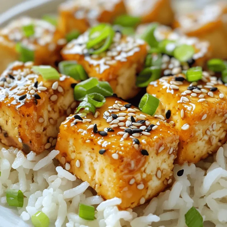 - 14 oz firm tofu, thoroughly drained and pressed - 3 tablespoons honey - 3 tablespoons soy sauce (use tamari for gluten-free) - 2 tablespoons sesame oil, plus more for cooking - 4 cloves garlic, finely minced - 1 tablespoon fresh ginger, finely grated - 1 tablespoon rice vinegar - 1 tablespoon cornstarch - 2 tablespoons mixed sesame seeds (white and black) - 2 green onions, finely chopped (for garnish) The main ingredients in this dish give it a rich, sweet, and savory taste. Firm tofu is key for the right texture. It soaks up the flavors from honey and soy sauce very well. In cooking essentials, sesame oil adds a nutty taste. Garlic and ginger bring warmth and depth to the dish. They work together to make each bite delicious. For the added components, rice vinegar adds a slight tang. Cornstarch is essential to make the tofu crispy. Sesame seeds provide crunch and visual appeal. Green onions finish the dish with freshness and color. These ingredients come together to create a delightful meal. Each plays an important role in the taste and texture of Honey Garlic Sesame Tofu. First, cut the firm tofu into bite-sized cubes. This helps the tofu absorb flavor and cook evenly. I like to use a sharp knife for clean cuts. Next, press the tofu to remove excess water. Place the cubes between two plates or use a tofu press. Let it sit for about 15 minutes. This step is crucial for the best texture. Now, let’s mix the marinade. In a separate bowl, combine 3 tablespoons of honey, 3 tablespoons of soy sauce, and 2 tablespoons of sesame oil. Add 4 cloves of finely minced garlic and 1 tablespoon of grated fresh ginger. Pour in 1 tablespoon of rice vinegar. Whisk this mixture well until fully blended. You want a smooth marinade that will coat the tofu well. After mixing the marinade, pour it over the tofu cubes. Make sure each piece is evenly coated. Cover the bowl with plastic wrap or a lid. Now, refrigerate the tofu for at least 30 minutes. If you have time, marinate it for up to 2 hours. This allows the tofu to soak up all that delicious flavor. Marinating is key. The longer you let it sit, the more flavor the tofu will absorb. This step transforms plain tofu into a tasty dish. Once the tofu is marinated, it’s time to cook. First, sprinkle 1 tablespoon of cornstarch over the tofu. Toss the cubes gently to coat them evenly. This helps create a crispy texture when cooked. Heat a non-stick skillet over medium heat. Add a drizzle of sesame oil to the pan. Once the oil is hot, lay the tofu cubes in a single layer. Cook for about 5 to 7 minutes on each side. You want them to be golden brown and crispy. In the last minute of cooking, sprinkle 2 tablespoons of mixed sesame seeds over the tofu. Gently toss to combine. This adds extra flavor and crunch to your dish. Once done, remove the tofu from the heat. Enjoy it hot over cooked rice or quinoa for a complete meal. Tofu can be tricky. Pressing it is key. - Importance of pressing tofu: Pressing removes excess water. This step helps the tofu absorb the marinade better. A firm texture is the goal. Use a tofu press or wrap it in a clean towel. Place a weight on top for about 30 minutes. - Best cooking methods for crispiness: For crispy tofu, pan-frying is great. Use a non-stick skillet and a little sesame oil. Cook the tofu in a single layer. This helps it brown evenly. Aim for 5-7 minutes on each side until golden. You can boost flavor in many ways. - Suggestions for additional spices: Try adding chili flakes for heat or smoked paprika for depth. Garlic powder and onion powder can also enhance flavor without overwhelming the dish. - Variations in marinades: Feel free to mix things up! Instead of honey, use maple syrup for a vegan twist. You can also add citrus juice for a fresh taste. Experiment with different vinegars, like apple cider or balsamic. How you plate your dish can impress. - Ideas for side dishes: Pair the tofu with steamed broccoli or a fresh salad. Rice or quinoa works well too. You can also add stir-fried veggies for color and nutrition. - Plating tips for visual appeal: Use a large, white plate to make colors pop. Arrange the tofu in a neat row and sprinkle green onions on top. Drizzle some marinade for a glossy finish. Add a wedge of lime for a touch of freshness. {{image_4}} You can easily make this dish gluten-free. Just swap soy sauce for tamari. Tamari is a great choice, as it lacks gluten. You can also look for other health-conscious swaps. For example, use coconut aminos instead of soy sauce. This gives a sweet, mild taste. If you want a vegan version, substitute honey with agave syrup. Agave syrup has a similar sweetness. You can also mix in other plant-based proteins. Chickpeas or lentils can add texture and boost protein. To give your tofu a unique flavor, add fresh herbs. Try adding cilantro, basil, or mint for a fresh twist. You can also fuse this dish with other cuisines. For example, add Thai chili paste for a spicy kick. Or, mix in curry powder for an Indian twist. These options make your dish exciting and new. To keep your Honey Garlic Sesame Tofu fresh, follow these easy steps: - Refrigeration: Place leftovers in an airtight container. Your tofu will stay good for up to 3 days in the fridge. - Freezing: For longer storage, you can freeze the tofu. Place it in a freezer-safe bag and remove as much air as you can. It can last for up to 3 months in the freezer. Just remember that freezing may change its texture a bit. When it’s time to enjoy your leftovers, reheating is key: - Preserving Texture: The best way to keep your tofu crispy is to reheat it in a skillet. Use low to medium heat and add a small amount of sesame oil. This helps restore the crispiness. - Microwave vs. Oven: You can use the microwave for quick reheating, but it may make the tofu soft. If you prefer a crispy bite, use the oven. Preheat it to 350°F (175°C) and heat for about 10 minutes. This keeps the texture nice and crunchy. To add spice to Honey Garlic Sesame Tofu, use chili flakes or hot sauce. Both options work well. Chili flakes add a nice crunch and heat. Hot sauce gives a liquid kick. Start with a small amount. You can always add more if needed. This way, you control the heat. Your taste buds will thank you! Yes, you can use different types of tofu. Firm tofu is best for this dish. It holds its shape well during cooking. Soft tofu can break apart too easily. Extra-firm tofu also works if you want a denser bite. Just remember to press it well to remove excess water. This step helps it absorb flavors better. You can serve Honey Garlic Sesame Tofu with several tasty sides. Here are some ideas: - Cooked rice or quinoa for a filling base - Steamed broccoli or green beans for a fresh touch - A simple salad with greens and sesame dressing - Stir-fried vegetables for extra color and crunch These sides balance the rich flavors of the tofu and create a well-rounded meal. This blog post covered the essentials for making Honey Garlic Sesame Tofu. We explored the key ingredients, cooking steps, and tips to enhance flavor and texture. You learned about storage options and ways to adapt the recipe for various diets. Tofu can be a canvas for many flavors. I encourage you to try different spices and sides. With practice, you'll create an amazing dish that impresses everyone. Cooking can be fun and rewarding, so enjoy every step!