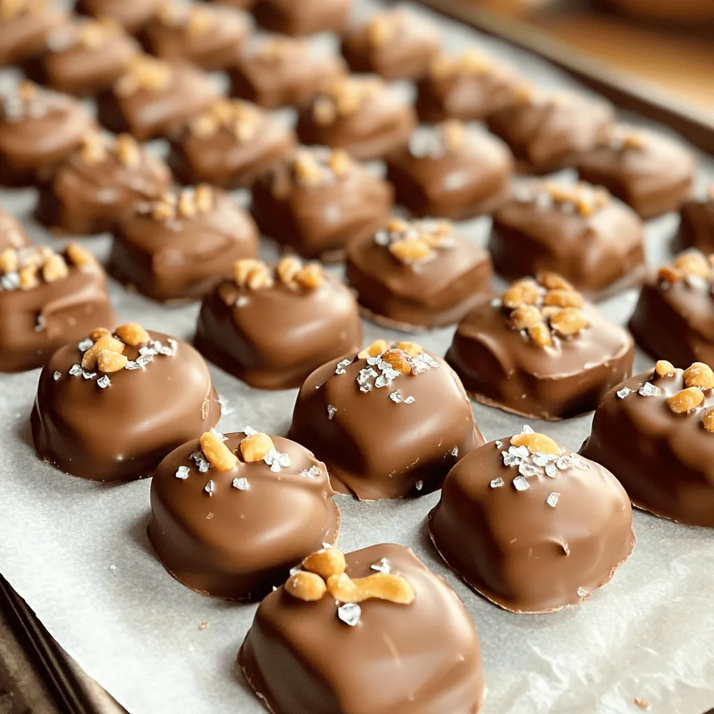 Here’s what you need to make chocolate covered peanut clusters: - 2 cups unsalted roasted peanuts - 1 cup semi-sweet chocolate chips - 1/2 cup milk chocolate chips - 1 teaspoon coconut oil (optional) - Sea salt (optional) These ingredients are simple and easy to find. Start with unsalted roasted peanuts for the best flavor. The semi-sweet and milk chocolate chips blend well. The coconut oil helps make the chocolate smooth, but you can skip it if you want. A sprinkle of sea salt adds a nice touch, but it’s not a must. Gather these items, and you’re ready to create a sweet treat! Start by preparing your workspace. Line a baking sheet with parchment paper. This helps prevent sticking and makes cleanup easy. Set this lined sheet aside for later use. Next, we need to melt the chocolate. Combine 1 cup of semi-sweet chocolate chips and 1/2 cup of milk chocolate chips in a heatproof mixing bowl. If you want a smoother texture, add 1 teaspoon of coconut oil. Melt the chocolate using a double boiler on the stove or in the microwave. If using the microwave, heat in 30-second bursts, stirring well in between. This ensures the chocolate melts evenly and stays smooth. Once the chocolate is melted, remove it from the heat. Let it cool for one to two minutes. This prevents the peanuts from getting too hot. Now, gently fold in 2 cups of unsalted roasted peanuts. Stir carefully to coat each peanut evenly with the chocolate. Use a spoon or cookie scoop to portion out the chocolate-coated peanuts. Place them onto the lined baking sheet. Make sure to space each cluster about an inch apart. This gives them room to set without sticking together. To set the clusters, move the baking sheet to the refrigerator. Chill them for about 30 minutes. This time allows the chocolate to harden fully. After chilling, gently lift the clusters off the parchment paper. Store them in an airtight container to keep them fresh. Using coconut oil can improve your chocolate's texture. It makes the chocolate melt smoothly. This is perfect for coating the peanuts. You only need a small amount, about one teaspoon. If you skip this step, your chocolate may not be as silky. The oil helps create a nice sheen on your clusters, making them look great. To keep your chocolate covered peanut clusters fresh, store them in an airtight container. This helps prevent them from getting stale. You can keep them at room temperature for a week. If you want them to last longer, place them in the fridge. Just remember to let them warm up a bit before eating. This keeps the chocolate from being too hard. When serving these clusters, think about how they look. You can use a decorative plate to make them stand out. Another fun idea is to place them in colorful treat bags as gifts. They make great snacks for parties or special occasions. You can also add a little note to the bags for a personal touch. This adds a fun element to your homemade treat! {{image_4}} You can change the nuts in your clusters. Try using almonds, cashews, or pecans. Each nut brings its own taste and crunch. Think about mixing nuts for a fun blend! You can also swap out the chocolate. Dark chocolate offers a richer flavor, while white chocolate gives a sweet twist. Each choice changes the clusters’ taste, so pick what you love. Want to mix it up? Add a splash of vanilla extract to the melted chocolate. This small change adds a warm flavor. You can also sprinkle sea salt on top. The salt balances the sweetness and makes each bite special. Try different spices like cinnamon or even a hint of chili powder for a kick. These flavors can surprise your taste buds! If you need gluten-free snacks, you’re in luck! This recipe is naturally gluten-free, so enjoy without worry. For a vegan version, choose dairy-free chocolate chips. Many brands offer great options. Check the labels to ensure they fit your diet. You can still enjoy these treats without the animal products! To keep your chocolate covered peanut clusters fresh, place them in an airtight container. This helps stop air from making them stale. Glass or plastic containers work well. Remember to store them in a cool, dry place away from sunlight. Avoid areas with strong smells, as chocolate can absorb those scents. These tasty treats can last up to two weeks if stored properly. After that, they may lose their flavor and crunch. Check for any changes in smell or texture before enjoying them after a week. If they look good, they are likely still safe to eat! You can freeze chocolate covered peanut clusters for longer storage. To do this, place them in a single layer on a baking sheet. Freeze them for about an hour until firm. Once frozen, transfer the clusters to an airtight container or freezer bag. They can stay in the freezer for up to three months. When you want to enjoy them, take them out and let them thaw in the fridge for a few hours. This keeps the chocolate smooth and tasty! Yes, you can use different types of chocolate. Each type gives a unique taste. Dark chocolate is rich and bold. Milk chocolate is sweet and creamy. White chocolate offers a sweet, buttery flavor but lacks cocoa. You can mix these chocolates too! This mix can create a more complex taste in your clusters. If you need nut-free options, use seeds instead. Sunflower seeds or pumpkin seeds work well. These seeds add crunch and flavor. You can also try using crispy rice cereal. It gives a nice texture without nuts. Remember to check for allergies in all ingredients! You will know the clusters are set when the chocolate is hard. The chocolate should feel firm to the touch. You can also look for a shiny finish. If the clusters are still soft, they need more time in the fridge. Usually, 30 minutes is enough. Absolutely! There are many fun mix-ins to try. You can add dried fruit like cranberries or raisins. Mini marshmallows or pretzel pieces can add a sweet or salty crunch. Coconut flakes also add a tropical twist. Just remember not to overdo it—keep the balance right! This blog post covers how to make chocolate-covered peanut clusters. You learned the right ingredients and easy steps to create this treat. We discussed tips for smooth chocolate and smart storage to keep them fresh. Remember, you can use different nuts and flavors for fun twists. With these methods, you can impress your friends and family. Enjoy crafting your tasty clusters at home!