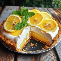 - 1 ½ cups graham cracker crumbs - ½ cup unsalted butter, melted - 1 cup granulated sugar - 1 can (14 ounces) sweetened condensed milk - ½ cup freshly squeezed lemon juice (about 3-4 lemons) - Zest of 2 lemons - 1 teaspoon pure vanilla extract - 1 cup heavy whipping cream - Optional: Lemon slices and fresh mint leaves for garnish For the graham cracker crumbs, I like using Nabisco or Honey Maid. They give a great flavor. When choosing butter, opt for brands like Land O'Lakes or Kerrygold for rich taste. For sweetened condensed milk, Carnation is a solid choice. Fresh lemons are key; try to get organic ones for the best juice and zest. For whipped cream, Horizon Organic makes a nice option. If you want a gluten-free option, use gluten-free graham crackers. Coconut cream can replace heavy whipping cream for a dairy-free pie. For a lower sugar version, try using a sugar substitute like Stevia in the filling. If you are vegan, swap the condensed milk with coconut condensed milk and the heavy cream with a vegan whipping cream. To start, gather your ingredients. You need 1 ½ cups of graham cracker crumbs and ½ cup of melted unsalted butter. In a mixing bowl, combine the crumbs and butter. Stir until the mix looks like damp sand. Press this mixture into a 9-inch pie pan. Make sure to cover the bottom and sides well. This creates a sturdy crust. Now, place the crust in the fridge for 15 to 20 minutes. Chilling helps it firm up nicely. Next, you’ll make the lemon filling. In a large bowl, mix 14 ounces of sweetened condensed milk, 1 cup of granulated sugar, ½ cup of freshly squeezed lemon juice, the zest of 2 lemons, and 1 teaspoon of pure vanilla extract. Use a whisk to blend until smooth. Make sure there are no lumps. This step is key for a creamy filling. The combination of lemon juice and zest gives the filling a fresh taste. Now it’s time to whip the cream. In a clean bowl, pour 1 cup of heavy whipping cream. Use an electric mixer on medium-high speed. Beat the cream until stiff peaks form. This adds lightness to your filling. Once whipped, gently fold the cream into the lemon mixture. Use a spatula for this. Be careful and fold until you see no white streaks. This keeps the mixture airy and fluffy. Now, pour the lemon filling into your chilled crust and smooth the top with a spatula. To get the best whipped cream, start with very cold heavy cream. Cold cream whips better and faster. Use a clean bowl and beaters. Beat the cream on medium-high speed. Keep an eye on it as you whip. Stop when you see stiff peaks form. This means the cream holds its shape well. Gently fold the whipped cream into your lemon mixture. This keeps it light and fluffy. For a smooth filling, mix the sweetened condensed milk and sugar first. Use a whisk to blend them well. Add the lemon juice and zest next. Make sure to mix until no lumps are left. If you see lumps, keep whisking until smooth. This step is key for a creamy filling that tastes great. Chill your pie in a clean fridge. Cover it with plastic wrap to keep it fresh. Let it chill for at least four hours. This helps the filling set and makes it easier to slice. For best results, chill it overnight if you can. The longer it chills, the better your pie will taste. {{image_4}} You can switch up the crust for your No-Bake Lemon Icebox Pie. Instead of graham crackers, try using crushed vanilla wafers or even Oreo cookies. Both options add a unique twist. You can also make a nut crust with ground almonds or pecans mixed with melted butter. This crust adds a rich flavor and a fun crunch. Adding berries can elevate your pie. Fresh blueberries, raspberries, or strawberries work well. You can mix them into the lemon filling or layer them on top. For a tropical twist, consider adding coconut flakes. You might also try a hint of mint for a refreshing taste. These additions can make your pie even more delightful. If you need a vegan version, replace the sweetened condensed milk with coconut cream and use maple syrup as a sweetener. For a gluten-free option, ensure you use gluten-free graham crackers or nuts for the crust. These changes keep the essence of the pie while catering to dietary needs. Enjoy experimenting! To store leftover pie, cover it tightly with plastic wrap. Place the pie in the fridge. This keeps it fresh and helps maintain its creamy texture. You can also use a pie dish cover if you have one. Enjoy your pie within three to four days for the best taste. The lemon flavor shines brightest when fresh. After that, the crust may become a bit soft. If you store it correctly, it can last up to a week, but the texture may change. No need to reheat this pie! It’s best served cold. If you want to refresh a slice, try adding a dollop of whipped cream on top. Fresh lemon slices or mint leaves also brighten the pie. Just be sure to enjoy it while it’s still fresh! Yes, you can freeze this pie. Wrap it tightly in plastic wrap. Place it in an airtight container to protect it from freezer burn. It will keep well for about two months. Thaw it in the fridge overnight before serving. This way, you can enjoy its refreshing taste anytime. To keep your crust crisp, make sure the graham cracker crumbs are finely crushed. Mix them well with melted butter. After pressing the crust into the pan, chill it in the fridge for at least 15-20 minutes. This helps it set and hold its shape. Avoid adding too much filling too fast, as this can make the crust soggy. Pair this pie with fresh fruit like strawberries or blueberries. A scoop of vanilla ice cream adds a rich touch. You can also serve it with whipped cream. Mint leaves and lemon slices make great garnishes too. These options enhance the pie's bright flavors and make your dessert table more inviting. This blog post covered everything you need for a perfect no-bake lemon icebox pie. We discussed the key ingredients, helpful tips, and how to achieve great texture. You learned about variations to suit different diets and how to store leftovers. Remember, this pie is versatile and easy to make! Experiment with flavors and crusts. Enjoy your dessert, and don’t hesitate to share it with friends. You can always create new twists on this classic recipe. Happy pie-making!