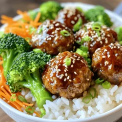 - 1 pound ground chicken or turkey - 1/2 cup breadcrumbs - 1/4 cup green onion, finely chopped - 1 large egg, beaten - 2 cloves garlic, minced - 1 tablespoon fresh ginger, grated The main ingredients make the meatballs tasty and juicy. Ground chicken or turkey works well for this dish. I like using ground chicken for its light flavor. Breadcrumbs help keep the meatballs tender. Green onion adds a fresh crunch. The egg binds everything together. Garlic and ginger give a nice kick to the meatballs. - Salt and pepper, to taste - 1 tablespoon sesame oil - 1/2 cup teriyaki sauce Seasonings are key to a great meal. Salt and pepper enhance the flavors. Sesame oil adds a rich, nutty taste. Teriyaki sauce is the star of this dish. It coats the meatballs and adds sweetness. You can use store-bought teriyaki sauce or make your own if you feel adventurous. - 2 cups cooked rice (white or brown) - 1 cup broccoli florets, steamed - 1/2 cup carrots, shredded - Sesame seeds, for garnish - Additional green onions, finely sliced, for garnish Serve the meatballs over a bed of rice. White or brown rice both work great. I love adding steamed broccoli for color and health. Shredded carrots bring sweetness and crunch. Top with sesame seeds and more green onions for a nice finish. These bowls not only taste good but also look beautiful on your table. 1. First, preheat your oven to 400°F (200°C). Line a baking sheet with parchment paper. This helps with easy cleanup. 2. In a large bowl, combine the following for the meatballs: - 1 pound ground chicken (or turkey) - 1/2 cup breadcrumbs - 1/4 cup finely chopped green onion - 1 large beaten egg - 2 cloves minced garlic - 1 tablespoon grated fresh ginger - Salt and pepper to taste 3. Use your hands or a spoon to mix all the ingredients until they are just combined. Don’t overwork the meat. This keeps the meatballs tender. 4. Now, with your hands, form the mixture into meatballs. Aim for about 1 inch in diameter. Place them evenly on the baking sheet. 1. Drizzle 1 tablespoon of sesame oil over the meatballs. Ensure they are lightly coated. This adds flavor and helps them brown. 2. Bake the meatballs in the oven for about 20 minutes. They should be golden brown and fully cooked. You can check by cutting one open to see if it is no longer pink inside. 1. While the meatballs bake, pour 1/2 cup of teriyaki sauce into a small saucepan. Heat it over medium heat. Stir occasionally to avoid sticking. 2. Once the sauce is warm, set it aside until the meatballs are ready. 1. To create your bowls, start with a bed of cooked rice. Use about 2 cups of rice for four servings. 2. Place several glazed meatballs on top of the rice. 3. Add a generous portion of steamed broccoli florets and shredded carrots for a colorful touch. 4. For the final touch, drizzle more teriyaki sauce over the dish. Garnish with sesame seeds and sliced green onions. This adds flavor and makes it look nice. - Options for ground meat: You can use ground turkey or even beef if you prefer. Each adds a unique flavor. - Gluten-free alternatives: Swap breadcrumbs for gluten-free breadcrumbs or crushed rice crackers. Both work well in meatballs. - Low-sodium sauce suggestions: Look for low-sodium teriyaki sauce in stores. You can also mix soy sauce with honey for a homemade low-sodium option. - Alternative cooking techniques: Try grilling the meatballs for a smoky taste. You can also pan-fry them for a crispy outer layer. - Instant Pot method: For a quick option, use an Instant Pot. Sauté the meatballs, add sauce, and cook on high pressure for about 8 minutes. - Pairing with side dishes: Serve your meatball bowls with steamed veggies, like snap peas or bell peppers, for color and crunch. - Best drinks to serve with: Pair these bowls with a light drink, such as iced green tea or a refreshing lemonade. Both complement the teriyaki flavor well. {{image_4}} You can spice up your teriyaki glazed meatballs in fun ways. Try a spicy teriyaki sauce for a kick. Add chili paste or sriracha to your sauce. This adds heat without losing the sweet flavor. You can also add different vegetables to your bowls. Think bell peppers, snap peas, or bok choy. Each veggie will give a new taste and color to your meal. If you want low-carb options, swap rice for cauliflower rice or zucchini noodles. These choices keep your meal light and healthy. For vegetarian alternatives, use plant-based ground meat. You can also make meatballs with beans or lentils. They will still taste great with teriyaki sauce. You have many choices for your bowl base. Besides rice, try quinoa or zoodles for a twist. These options add texture and flavor. For toppings, think of avocado slices or crunchy nuts. Chopped peanuts or cashews add a nice crunch. You can also sprinkle sesame seeds for extra flavor. Each choice can make your bowl unique! To keep your teriyaki glazed meatballs fresh, store them in airtight containers. Glass or plastic containers work well. Make sure to let the meatballs cool down before sealing them. This helps prevent moisture build-up and sogginess. Place the container in the fridge within two hours of cooking. You can freeze teriyaki meatballs for later use. First, let them cool completely. Then, place the meatballs in a single layer on a baking sheet. Freeze them for about an hour. Once frozen, transfer the meatballs to a freezer-safe bag. Squeeze out excess air before sealing. For reheating, thaw the meatballs overnight in the fridge. Heat them in the oven at 350°F for about 15 minutes. You can also microwave them for quick meals. In the fridge, teriyaki meatballs last about 3 to 4 days. To keep them fresh longer, store them properly in containers. Check for any signs of spoilage, like off smells or changes in texture. If you see these, it’s best to discard them. To make teriyaki sauce, gather these simple ingredients: - 1/2 cup soy sauce - 1/4 cup brown sugar - 2 tablespoons rice vinegar - 1 tablespoon sesame oil - 1 tablespoon cornstarch - 1/4 cup water - 1 clove garlic, minced - 1 teaspoon fresh ginger, grated In a small pot, mix the soy sauce, brown sugar, and rice vinegar. Heat it over medium heat, stirring until the sugar dissolves. In a bowl, mix cornstarch and water to make a slurry. Add this to the pot. Stir until the sauce thickens. Finally, add garlic and ginger. Cook for another minute. Your homemade teriyaki sauce is ready! Yes, you can use frozen meatballs. They are a great time-saver! Cook them according to the package instructions. Usually, this takes about 20-25 minutes at 400°F (200°C). Make sure to check their internal temperature. They should reach 165°F (74°C) for safe eating. Once cooked, toss them in teriyaki sauce like you would with fresh meatballs. You have many options! Try these alternatives: - Quinoa: A great grain with protein. - Cauliflower rice: A low-carb vegetable option. - Zoodles: Spiralized zucchini for a fun twist. - Barley: A hearty grain that adds texture. These substitutions make your bowls unique and nutritious! It takes about 20 minutes to cook meatballs at 400°F (200°C). To get the best results, space the meatballs evenly on the baking sheet. This helps them cook evenly. Check for doneness by cutting one open. The inside should be fully cooked and no longer pink. Yes! This recipe is great for kids. The meatballs are tasty and easy to eat. If your child is picky, try these tips: - Use mild teriyaki sauce. - Skip the green onions on their bowl. - Serve the veggies on the side for them to try. These small changes can help make the meal more appealing to young eaters! This blog post outlined a tasty and easy way to make teriyaki meatballs. You learned about key ingredients like ground chicken, garlic, and ginger. I shared how to bake the meatballs and make a simple teriyaki sauce. You also discovered various tips, cooking methods, and ways to customize your dish. In the end, these meatball bowls are versatile, healthy, and perfect for any meal. Now, you can enjoy a delicious dish that fits your taste and diet!