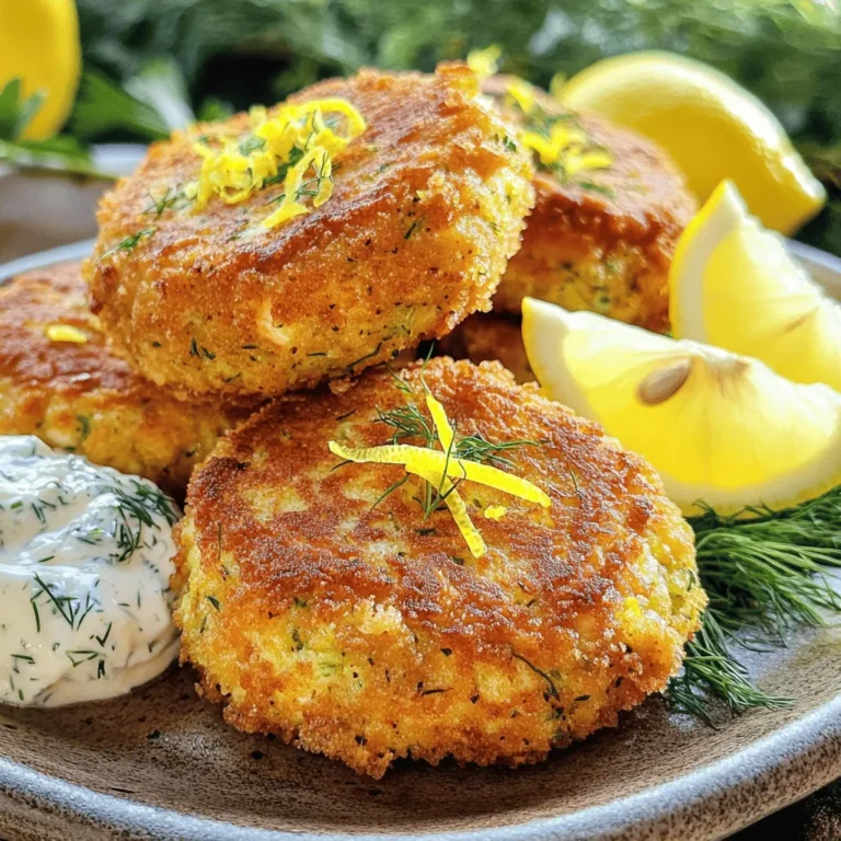 To make Lemon Dill Salmon Cakes, gather these simple ingredients: - 1 can (14.75 oz) wild-caught salmon, drained and flaked - 1/2 cup panko breadcrumbs - 1 large egg, beaten until frothy - 2 tablespoons fresh dill, finely chopped - 1 tablespoon lemon zest (from about 1 lemon) - 2 tablespoons fresh lemon juice - 1 green onion, finely sliced - 1/4 teaspoon garlic powder - 1/4 teaspoon freshly cracked black pepper - 1/2 teaspoon sea salt - 2 tablespoons olive oil (for frying) You can add a few extra flavors to elevate your salmon cakes: - A pinch of cayenne pepper for heat - A teaspoon of Dijon mustard for a tangy kick - Fresh parsley for extra freshness - A dash of Worcestershire sauce for depth These seasonings can enhance the taste and make your cakes unique. Lemon Dill Salmon Cakes are not just tasty, they are also nutritious. Here’s a breakdown per serving: - Calories: 250 - Protein: 20g - Carbohydrates: 15g - Fat: 12g - Fiber: 1g These salmon cakes offer a good source of protein and healthy fats. They make for a balanced meal or snack. Enjoy making these cakes and feel good about what you eat! Start by gathering your ingredients. You’ll need a can of wild-caught salmon, panko breadcrumbs, a large egg, fresh dill, lemon zest, lemon juice, green onion, garlic powder, black pepper, and sea salt. 1. Mix the Base: In a large bowl, combine the drained salmon, panko breadcrumbs, and beaten egg. Gently mix so the salmon stays flaked. 2. Add Flavor: Next, stir in the chopped dill, lemon zest, lemon juice, sliced green onion, garlic powder, black pepper, and sea salt. Mix until everything is well combined. 3. Check Consistency: If the mixture feels too dry, add a splash of lemon juice. If it’s too wet, mix in more breadcrumbs. 1. Shape the Patties: Take the mixture and form it into small patties, about 2-3 inches wide. Press gently to help them hold their shape. 2. Heat the Oil: In a large skillet, heat olive oil over medium heat. Wait until the oil shimmers, which means it's hot enough. 3. Fry the Cakes: Place the patties in the skillet, making sure not to overcrowd the pan. You may need to fry them in batches. Cook for about 4-5 minutes on each side until they are golden brown and crispy. 4. Drain Excess Oil: Once cooked, transfer the salmon cakes to a plate lined with paper towels to absorb any extra oil. Serve the salmon cakes warm. For a fresh touch, add lemon wedges and a dollop of tartar sauce or yogurt on the side. For a nice presentation, arrange the cakes on a platter with extra lemon wedges and sprinkle more dill on top. Enjoy your flavorful meal! To get the best texture, start by mixing the salmon gently. You want to keep those flakes intact. Use panko breadcrumbs; they add a nice crunch. If your mixture feels dry, add more lemon juice. If it's too wet, mix in more breadcrumbs. Aim for a consistency that holds shape but is not too stiff. You can switch some ingredients to change the flavor. Try using fresh herbs like parsley or cilantro instead of dill. For a spicy kick, add a dash of cayenne pepper. If you don’t have lemon, lime juice works well too. Each change brings a new twist to the dish while keeping it delicious. Frying gives the best crispiness. Use a non-stick skillet for easy flipping. Make sure the oil is hot before adding the cakes. This helps form a nice crust. Cook each side for about 4-5 minutes until golden brown. Avoid overcrowding the pan to ensure even cooking. {{image_4}} You can switch out the salmon for other fish. Try using tuna or crab. For a vegetarian option, use chickpeas or cooked quinoa. Each choice gives a new twist. You can also swap panko for crushed crackers or cornmeal for a different texture. Change the herbs to mix up the taste. Try parsley, cilantro, or basil. You can also add spices like paprika or cayenne for heat. If you like a smoky flavor, use smoked salmon. Add a splash of hot sauce for a kick. These changes keep the dish exciting and fresh. Serve the salmon cakes as sliders. Use small buns and add lettuce and tomato. They make great appetizers for parties too. You can also top a salad with the cakes for a healthy meal. Pair them with a dip like tzatziki or aioli. Enjoy them with fresh veggies or a side of rice for a full meal. To keep leftover lemon dill salmon cakes fresh, place them in an airtight container. Make sure they cool down first. Store them in the fridge for up to three days. If you want to keep them longer, freezing is a great option. When it's time to reheat, I recommend using the oven or a skillet. For the oven, preheat it to 350°F (175°C). Place the salmon cakes on a baking sheet and heat for about 10-15 minutes. In a skillet, heat a little olive oil over medium heat. Cook the cakes for about 3-4 minutes on each side. This method keeps them crispy. If you want to freeze the salmon cakes, do so before cooking them. Form the patties and place them in a single layer on a baking sheet. Freeze them for about two hours, then transfer them to a freezer bag. They can stay in the freezer for up to three months. When you’re ready to cook, just thaw them in the fridge overnight and then fry as usual. You can make salmon cakes without egg by using a binder. Try mashed potatoes or breadcrumbs mixed with a bit of water. This will help hold the cakes together. You can also use ground flaxseed mixed with water. This mix is a great substitute and keeps the cakes moist. Yes, you can use fresh salmon instead of canned. Just cook the salmon first. Then, flake it and follow the same steps in the recipe. Fresh salmon adds a rich flavor and a tender texture to the cakes. Be sure to remove any bones and skin before mixing. Lemon dill salmon cakes pair well with many sides. Try serving them with a fresh salad for a light meal. You can also add roasted vegetables for more flavor. Tartar sauce or yogurt makes a great dip. Lemon wedges on the side add a nice touch of zest. This guide covers all you need to know about making salmon cakes. We explored ingredients, tips, cooking steps, and variations. You learned how to enhance flavor and achieve the perfect texture. Plus, we discussed storage options so you can enjoy your cakes later. Salmon cakes are simple and fun to make. Experiment with flavors and enjoy the process!