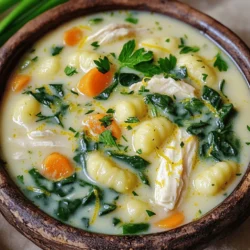 - 1 lb boneless, skinless chicken breast, cut into bite-sized pieces - 1 package (16 oz) potato gnocchi - 1 medium onion, diced - 3 medium carrots, peeled and sliced - 2 celery stalks, chopped into small pieces For this soup, I use tender chicken that cooks quickly and adds great flavor. Gnocchi gives it a soft texture that makes each bite comforting. The onion, carrots, and celery create a delicious base to build on. These veggies add color and sweetness, making the soup even better. - 1 teaspoon dried thyme - Salt and freshly ground black pepper to taste Spices bring out the taste of the chicken and veggies. I like using dried thyme for its earthy flavor. Salt and pepper are key to making every flavor pop. Adjust them to your liking as you taste the soup. - 1 cup heavy cream - 6 cups low-sodium chicken broth - Juice and zest of 1 large lemon Heavy cream gives the soup a rich, velvety feel. The chicken broth adds depth and warmth. The lemon juice and zest add a bright, fresh taste that lifts the soup. This balance of creaminess and acidity creates a comforting bowl you'll love. First, get all your ingredients ready. Start by cutting the chicken breast into small pieces. Use a sharp knife to make it easy. Then, dice the onion, slice the carrots, and chop the celery. Each piece should be small to cook evenly. Next, measure out your liquids. You need 6 cups of chicken broth and 1 cup of heavy cream. Also, squeeze the juice from one large lemon and zest it. This adds a bright flavor. Now, let’s cook! In a large pot, heat 1 tablespoon of olive oil over medium heat. Add the diced chicken. Cook it for about 5-7 minutes until it turns golden brown. Don’t forget to stir it occasionally. Once your chicken is browned, add the minced garlic, diced onion, sliced carrots, and chopped celery to the pot. Sauté these veggies for about 5 minutes. They should smell great and be soft. Now it’s time to add the broth. Carefully pour in the 6 cups of chicken broth and stir. Bring it to a gentle boil. Then, reduce the heat and let it simmer for about 10 minutes. This lets the flavors blend well. After simmering, add the potato gnocchi to the pot. Cook them for 3-5 minutes. You will know they are done when they float to the surface. Once the gnocchi are cooked, lower the heat. Stir in the heavy cream, fresh spinach leaves, lemon juice, lemon zest, and dried thyme. Add a pinch of salt and pepper. Mix everything well and let it heat for another 2 minutes. Now, taste your soup. Adjust the seasoning if needed. You can add more salt, pepper, or lemon juice for extra flavor. Finally, remove the pot from the heat. Serve the soup hot. Top it with chopped parsley for a nice look and fresh taste. Enjoy your creamy lemon chicken gnocchi soup! Using fresh ingredients is key. Fresh chicken, vibrant veggies, and ripe lemons make a big difference. They enhance the taste and aroma of your soup. When you add lemon juice and zest, it brightens the whole dish. Balance that acidity well. Too much lemon can overpower, so start with a little. Taste as you go to find that sweet spot. For sautéing, heat your olive oil in a heavy pot. Add chicken pieces first. Cook them until they are golden brown. Then, add garlic and onions. This step adds depth. Aim for a soft, fragrant mix. For gnocchi, remember they cook fast. Add them to the soup when it simmers. They should float to the top when done. Pair your creamy lemon chicken gnocchi soup with crusty bread or a fresh salad. Bread soaks up all that flavorful broth. For salad, choose greens with a light vinaigrette. It complements the soup's richness. When serving, add a sprinkle of fresh parsley on top. This adds color and a fresh taste. Use a nice bowl to show off your soup. Presentation matters! {{image_4}} You can change the protein in this soup. Shrimp or tofu work great too. Both add different textures and flavors. They keep the dish fun and fresh. If you're gluten-free, use gluten-free gnocchi. Many brands offer tasty options that fit right into this recipe. Adding herbs or spices can enhance the flavor. Fresh basil or parsley gives a bright taste. You can also try a pinch of red pepper flakes for heat. Adding more vegetables is a great idea too. Try bell peppers, zucchini, or even mushrooms for extra nutrition. They make the soup heartier and more colorful. To make this soup dairy-free, use coconut milk instead of heavy cream. This adds a unique flavor while keeping it creamy. For low-carb options, consider using cauliflower gnocchi. It has fewer carbs and still pairs well with the soup's rich taste. Adjusting these ingredients makes the soup fit any diet. To store leftovers safely, let the soup cool down. Then, transfer it to an airtight container. Make sure to seal it well to keep out air. You can keep the soup in the fridge for up to 3 days. Reheat it on the stove or in the microwave. For freezing soup, first cool it completely. Then, pour the soup into freezer-safe containers. Leave some space at the top for expansion. You can freeze this soup for up to 3 months. To thaw, place the container in the fridge overnight. For reheating, warm it on the stove over medium heat. Stir often to prevent sticking. In the fridge, the Creamy Lemon Chicken Gnocchi Soup lasts about 3 days. In the freezer, it can last 3 months. After that, the flavor and texture may change. Always check for signs of spoilage before eating leftovers. Gnocchi is a small dumpling made mainly from potatoes. The basic recipe includes: - Potatoes - Flour - Eggs - Salt Some types may use ricotta or other ingredients. The dough is rolled, cut, and shaped into small bites. They cook quickly and become soft and pillowy when boiled. Yes, you can prepare this soup ahead of time. Here are my tips: - Cook the soup minus the gnocchi. Gnocchi cooks fast and can get mushy. - Store the soup in the fridge for up to three days. - Reheat the soup on low heat. Add fresh gnocchi when reheating. Absolutely! Here are some ways to tweak the recipe: - Swap chicken for shrimp or tofu for a new taste. - Use different veggies like peas or kale. - Adjust the lemon juice for more or less tang. This soup pairs well with several sides: - Fresh crusty bread for dipping. - A light salad for crunch. - Garlic bread for added flavor. For the complete Creamy Lemon Chicken Gnocchi Soup recipe, [click here](#). In this blog post, we explored how to make creamy lemon chicken gnocchi soup. We covered key ingredients like chicken, gnocchi, and fresh vegetables. The cooking steps were simple, from sautéing to finishing touches. I shared tips for perfecting flavor and easy ingredient swaps. You can even store leftovers safely to enjoy later. Remember, this recipe is flexible and can suit many diets. With these insights, you can create a delicious soup, impressing your friends and family with your skills. Enjoy making this comforting dish!