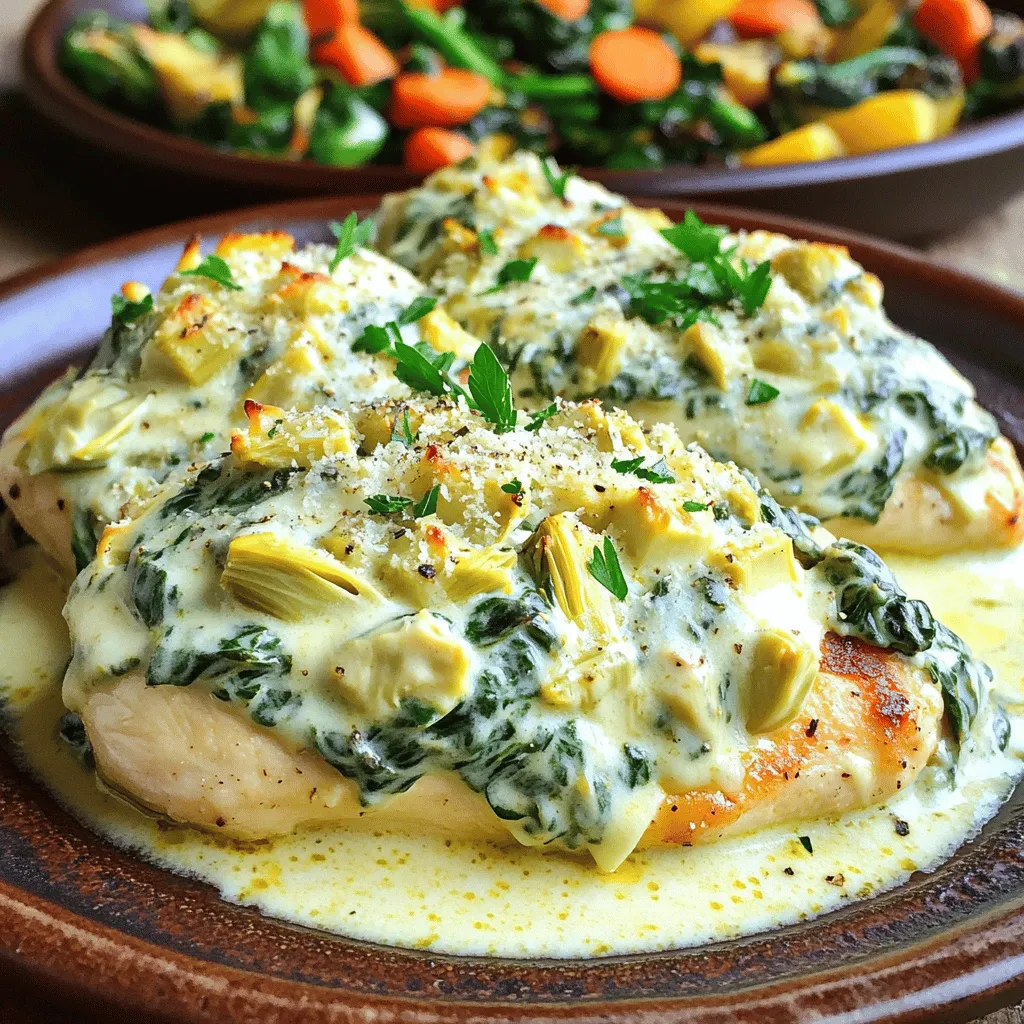 - 4 boneless, skinless chicken breasts - 1 cup fresh spinach, finely chopped - 1 cup canned artichoke hearts, drained and chopped - 1 cup cream cheese, softened to room temperature - 1/2 cup sour cream - 1 cup shredded mozzarella cheese - 1/4 cup grated Parmesan cheese - 2 garlic cloves, minced - 1 tablespoon olive oil - Freshly cracked salt and pepper to taste - 1 teaspoon Italian seasoning - Fresh parsley for garnish - Red pepper flakes for extra heat - Sliced black olives for added flavor - Large skillet - Mixing bowl - Wooden spoon or spatula - Oven-safe dish or skillet - Measuring cups and spoons - Knife and chopping board This list gives you everything you need for the creamy spinach artichoke chicken. Make sure you have the tools ready before you start. Having all ingredients at hand makes cooking smoother and more fun! Start by preheating your oven to 375°F (190°C). This makes sure it’s hot when you bake. Take 4 boneless, skinless chicken breasts. Season both sides well with salt, pepper, and Italian seasoning. Use enough to coat them evenly. Heat 1 tablespoon of olive oil in a large skillet over medium-high heat. When the oil shimmers, add the seasoned chicken breasts. Sear each side for about 5 minutes. Look for a nice golden-brown crust. Once done, remove the chicken and set it on a plate. In the same skillet, lower the heat to medium. Add 2 minced garlic cloves. Sauté for about 1 minute until fragrant. Next, add 1 cup of chopped spinach and 1 cup of chopped artichoke hearts. Cook for 2-3 minutes, stirring often, until the spinach wilts. In a bowl, mix 1 cup of softened cream cheese, 1/2 cup of sour cream, 1 cup of shredded mozzarella, and 1/4 cup of grated Parmesan cheese. Blend until smooth. Then, fold in the spinach and artichoke mixture. Spread this creamy mix evenly over the seared chicken. Place the skillet in the preheated oven and bake for 25-30 minutes. The chicken should be cooked through, and the cheese should be bubbly and golden. Let it rest for 5 minutes before serving. To ensure your chicken is juicy and tender, start with fresh chicken breasts. Season both sides well with salt, pepper, and Italian seasoning. Searing the chicken on medium-high heat gives it a nice crust. This step locks in the juices. After searing, bake it in the oven until fully cooked. The internal temperature should reach 165°F (75°C). Let the chicken rest for five minutes before serving. This resting time helps keep the juices in. You can easily change up the flavors in this dish. Try adding some diced sun-dried tomatoes for a tangy twist. If you love spice, a pinch of red pepper flakes can add heat. For a smoky flavor, consider using smoked paprika. You can also swap the spinach for kale if you want a different green. Each variation brings its own unique taste to the creamy sauce. Serve this dish with a side of pasta or rice to soak up the creamy sauce. You could also pair it with lightly sautéed seasonal vegetables for a fresh touch. A crisp garden salad makes a great side, too. For an elegant look, drizzle more creamy sauce over the chicken and garnish with fresh parsley. This adds color and a burst of flavor. {{image_4}} You can make this dish vegetarian by skipping the chicken. Instead, use hearty vegetables like mushrooms or zucchini. These will add great flavor and texture. You can also add more spinach and artichokes for a veggie-packed delight. If you need a dairy-free option, swap the cream cheese and sour cream for cashew cream or a dairy-free cream cheese. Look for brands that mimic the texture of cream cheese. Use dairy-free mozzarella to keep the cheesy goodness. To boost flavors, add spices like paprika or cayenne pepper. A touch of lemon zest brightens the dish. Consider fresh herbs like basil or thyme to mix in with the spinach. These small changes can transform the dish and make it uniquely yours. Once you finish your meal, let the chicken cool down. Place any leftovers in an airtight container. Make sure to store it in the fridge. It will stay fresh for about 3 to 4 days. This dish is great for meal prep, so don’t hesitate to enjoy it later. When you want to reheat the chicken, preheat your oven to 350°F (175°C). Place the chicken in a baking dish. Cover it with foil to keep it moist. Heat for about 20 minutes or until warm. You can also use a microwave, but the oven keeps it better. To freeze, wrap each piece of chicken tightly in plastic wrap. Then, place it in a freezer-safe bag. This way, it won’t get freezer burn. The chicken can last up to 2 months in the freezer. When you're ready to eat, thaw it in the fridge overnight before reheating. Yes, you can use frozen spinach. Just thaw and drain it well. Frozen spinach is often picked at peak freshness. This keeps its flavor and nutrients intact. It can save time, too. Use about 1/2 cup of thawed spinach for this dish. If you need a substitute for cream cheese, try Greek yogurt. It adds creaminess and tang. You can also use ricotta cheese or cottage cheese for a lighter option. Just blend it until smooth for the best results. Check the chicken's internal temperature. It should reach 165°F (75°C). You can use a meat thermometer for accuracy. If you don’t have one, cut into the thickest part. The meat should be white and juices clear. Yes, you can prepare it ahead of time. Cook the chicken and make the creamy mixture. Store them separately in the fridge. When you are ready, bake them together until hot and bubbly. This saves time on busy days! This blog post covered everything you need for a tasty dish. You learned about key ingredients, kitchen tools, and step-by-step instructions. I shared tips for cooking chicken perfectly and how to add your own flavor. You also found vegetarian options and storage tips. Remember, cooking is fun! Enjoy experimenting with flavors and making this dish your own. With these steps, you can impress anyone at the table. Happy cooking!