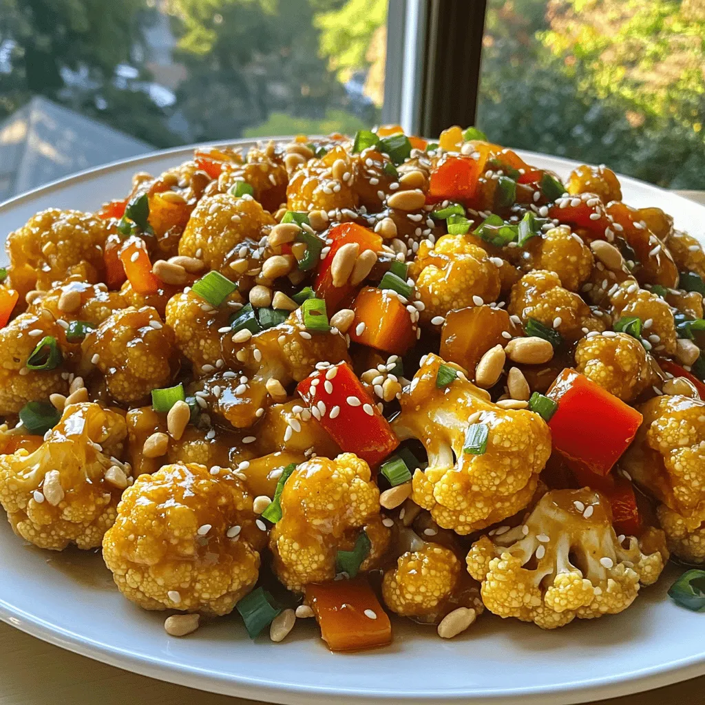 - 1 medium head of cauliflower, cut into bite-sized florets - 1 tablespoon cornstarch - 2 tablespoons vegetable oil, divided - 1 bell pepper (red or yellow), diced into small pieces - 1/2 cup unsalted roasted peanuts - 3 green onions, sliced thinly - 2 cloves garlic, minced - 1 tablespoon fresh ginger, minced - 1/4 cup soy sauce (low sodium is preferred for a healthier option) - 2 tablespoons rice vinegar - 1 tablespoon hoisin sauce - 1 tablespoon sugar (can be adjusted for sweetness) - 1 teaspoon sesame oil for depth of flavor - 1-2 teaspoons red pepper flakes (adjust according to your heat preference) - Salt to taste You can swap cauliflower for broccoli if you prefer. For a nut-free option, use sunflower seeds instead of peanuts. If you want a gluten-free dish, choose tamari instead of soy sauce. For sweetness, you can try maple syrup or agave nectar in place of sugar. When picking cauliflower, look for firm heads without dark spots. The florets should be tight and white. For bell peppers, choose ones that feel heavy and have smooth skin. Bright colors often mean they are fresh. Always check for soft spots, which can signal spoilage. To start, grab a medium head of cauliflower. Cut it into bite-sized florets. Next, place the florets in a large mixing bowl. Sprinkle 1 tablespoon of cornstarch over the cauliflower. Toss gently until each piece is coated. This step helps the cauliflower get crispy when cooked. Heat 1 tablespoon of vegetable oil in a large skillet or wok over medium-high heat. When the oil shines, add the coated cauliflower. Stir-fry for 5 to 7 minutes. You want them golden brown and crispy. Once done, remove the cauliflower and set it aside. In the same skillet, add another tablespoon of vegetable oil. Toss in the diced bell pepper. Stir-fry for 2 to 3 minutes, until it softens and brightens. Then, add the minced garlic and ginger. Stir for about 30 seconds. You want that lovely aroma without burning them. Next, mix the sauce. In a small bowl, whisk together 1/4 cup soy sauce, 2 tablespoons rice vinegar, 1 tablespoon hoisin sauce, 1 tablespoon sugar, 1 teaspoon sesame oil, and 1 to 2 teaspoons red pepper flakes. Pour this sauce into the skillet over the bell peppers. Stir well, then add the crispy cauliflower back in. Toss everything together until coated. Now, gently fold in 1/2 cup of roasted peanuts and 3 sliced green onions. Cook for 2 more minutes. This warms everything and blends the flavors. Taste the dish and add salt if needed. Remember, the soy sauce already adds some saltiness. Serve your Kung Pao Cauliflower hot over fluffy cooked rice or quinoa. Enjoy the colorful dish topped with more green onions and a sprinkle of sesame seeds for a beautiful finish. To get your cauliflower nice and crispy, start with cornstarch. Coat the florets evenly. This helps them turn golden brown when you fry them. Use high heat in your skillet or wok. The oil should shimmer before adding the cauliflower. Stir-fry until they are crispy. This usually takes about 5-7 minutes. Don't overcrowd the pan; fry in batches if needed. This way, you can achieve that perfect crunch. Want more heat? Add more red pepper flakes! Start with 1 teaspoon if you like mild spice. You can always add more later. Taste your dish after cooking. If it’s too spicy, balance it with sugar or extra soy sauce. For a milder flavor, skip the flakes entirely or use just a pinch. This way, everyone can enjoy the dish at their own heat level. To deepen the flavor, use fresh garlic and ginger. They make a big difference! Adding sesame oil gives a nice nutty taste. You can also experiment with hoisin sauce. It adds sweetness and richness. If you want a tangy kick, try adding a bit more rice vinegar. Each of these tweaks helps you create a Kung Pao Cauliflower that suits your taste perfectly. Enjoy the process and make it your own! {{image_4}} You can add protein to this dish for more nutrition. Chicken, shrimp, or tofu work great. For chicken, use bite-sized pieces and stir-fry until cooked. For shrimp, add them when you sauté the bell peppers. Tofu should be pressed, cubed, and sautéed until golden. All options blend well with the sauce and flavors. This recipe is already vegetarian, but you can make it vegan. Simply use tofu instead of any meat. Choose a vegan hoisin sauce since some brands use animal products. This keeps the dish tasty while meeting vegan needs. You can also add extra veggies like snow peas or carrots for more color and crunch. Feel free to play with the sauces to change the taste. You can swap soy sauce with tamari for a gluten-free version. Adding chili garlic sauce can kick up the heat. For a sweet twist, include pineapple juice in the sauce. Each option offers a new layer of flavor, making this dish exciting every time! To keep your Kung Pao Cauliflower fresh, let it cool down first. Then, place it in an airtight container. This will help seal in flavors and moisture. Store it in the fridge for up to three days. If you plan to enjoy it later, don’t forget to label the container with the date. Reheating is easy! You can use a microwave or a skillet. If using a microwave, heat it in 30-second intervals until warm. Stir it gently to ensure even heating. For the skillet, add a splash of water and cover it. Heat over low heat until warm. This keeps the cauliflower from getting too soft. You can freeze Kung Pao Cauliflower if you want to save some for later. Make sure to store it in a freezer-safe container. It will last up to two months. When ready to eat, thaw it in the fridge overnight. Reheat it in a skillet for the best taste and texture. Yes, you can make Kung Pao Cauliflower ahead of time. Cook the dish and let it cool. Store it in an airtight container in the fridge. It stays fresh for up to three days. When ready to eat, reheat it in a pan on low heat. You can also microwave it, but the pan keeps it crisp. Kung Pao Cauliflower pairs well with many sides. Here are some great options: - Fluffy white rice - Brown rice for a healthier choice - Quinoa for added protein - Stir-fried vegetables for more color and taste - A simple salad with a light dressing These sides balance the flavors and textures of the dish. To make Kung Pao Cauliflower gluten-free, swap the soy sauce for gluten-free tamari. This change keeps the taste but removes gluten. Ensure the hoisin sauce you use is also gluten-free. Check the labels to be sure. This way, everyone can enjoy this tasty dish! This blog covers the key steps for making Kung Pao Cauliflower. We discussed the fresh ingredients needed and tips for picking the best produce. You learned how to prepare and cook your dish, plus ways to add your personal touch. We also talked about storing leftovers and answered common questions. Now you can make a delicious Kung Pao Cauliflower your way. Enjoy the process and have fun cooking!