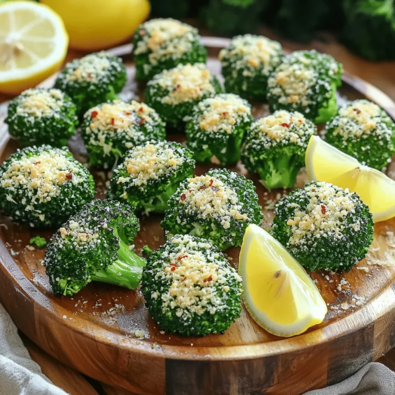 To make Air Fryer Garlic Parmesan Broccoli Bites, gather these fresh ingredients: - 2 cups fresh broccoli florets (about one medium head of broccoli) - 3 cloves fresh garlic, finely minced - Zest of 1 lemon (about 1 teaspoon) - 1 tablespoon freshly squeezed lemon juice Fresh broccoli is key for this dish. Look for vibrant green florets. They should feel firm, not limp. Fresh garlic adds a strong flavor that makes the bites pop. The lemon zest and juice brighten the taste, making each bite refreshing. Use 2 tablespoons of extra virgin olive oil for this recipe. Quality olive oil makes a big difference. It enhances the flavor and helps the broccoli get crispy. Cheap oils often lack taste. Invest in a good bottle. Look for "first cold press" on the label. This means it is high in flavor and nutrients. You can easily boost the nutrition of your broccoli bites. Here are some options: - Add ¼ teaspoon of red pepper flakes for a spicy kick. - Sprinkle in some nutritional yeast for a cheesy flavor without dairy. - Mix in chopped nuts like almonds or walnuts for crunch and healthy fats. These simple add-ins can make your snack even better. They add flavor and nutrients. Experiment to find what you love best! Start by preheating your air fryer to 400°F (200°C). This step is key for crispy bites. It makes sure the air circulates well. A hot air fryer cooks the broccoli evenly. While the air fryer heats, grab a large bowl. Add 2 cups of fresh broccoli florets. Pour in 2 tablespoons of extra virgin olive oil. Then, add 3 cloves of minced garlic. Sprinkle in ½ teaspoon of sea salt and ¼ teaspoon of black pepper. If you like spice, toss in ¼ teaspoon of red pepper flakes. Mix everything well. Each floret should be coated in oil and spices. Next, add ¼ cup of freshly grated Parmesan cheese. Toss the broccoli once more. The cheese should stick to the florets. This gives each bite a great flavor. Carefully place the broccoli in the air fryer basket. Arrange them in a single layer. If your fryer is small, cook in batches. Overcrowding leads to uneven cooking. Cook the broccoli bites for 8-10 minutes. Halfway through, shake the basket. This helps them get crispy all around. When they are done, the edges should be crisp and the insides tender. Once cooked, take them out of the air fryer. Drizzle fresh lemon juice on top. Sprinkle lemon zest for extra flavor. Serve these bites hot for the best taste. Enjoy as a tasty snack or a side dish! To get that perfect crispiness, choose smaller broccoli florets. They cook more evenly and get crispy faster. Preheat your air fryer to 400°F (200°C) before adding the broccoli. This step helps lock in moisture and create a nice outer crunch. Shake the basket halfway through cooking. This action ensures all sides of the florets get nice and crispy. Seasonings can transform your broccoli bites. If you love garlic, add more minced garlic. Want it spicy? Just add more red pepper flakes. Taste your mixture before cooking. You can adjust the salt and pepper to your liking. Don’t be afraid to experiment with herbs like thyme or basil for unique flavors. Cooking in batches is key for great results. If you overcrowd the air fryer, your broccoli won’t crisp up as well. Cook in a single layer for the best texture. This method allows hot air to circulate around each floret. It keeps them crisp and tender. If you have a lot of broccoli, split it into two or more batches. This way, every bite is perfect and tasty. {{image_4}} You can make Air Fryer Garlic Parmesan Broccoli Bites even better by trying other cheeses. For a sharp flavor, use cheddar or gouda. If you want something creamy, add mozzarella or feta. Mixing cheeses can give you more taste. Just remember to keep the amount close to ¼ cup. Want to mix it up? You can add other veggies. Cauliflower works great alongside broccoli. Carrots or bell peppers can add color and crunch. Cut them into similar sizes to cook evenly. Toss them in the same mix of olive oil and spices for an easy change. Adjusting spice levels is a fun way to change the flavor. If you like it spicy, add more red pepper flakes. For a milder taste, skip them or use paprika. You can also sprinkle in some chili powder for a unique kick. Just be careful with the amounts, so it doesn’t overpower the broccoli. To store your Air Fryer Garlic Parmesan Broccoli Bites, place them in an airtight container. This keeps them fresh. Make sure they cool down first. You can keep them in the fridge for up to three days. If you want the best taste, eat them sooner. When you're ready to eat the leftovers, you can reheat them easily. Preheat the air fryer to 350°F (175°C). Place the broccoli bites in the basket in a single layer. Heat them for about 3-5 minutes. This will make them crispy again. You can also use a microwave, but they may become soft. If you want to save them for later, freezing is a great option. First, let the broccoli bites cool completely. Then, lay them out on a baking sheet. Freeze them for about 1-2 hours until firm. After that, transfer them into a freezer bag. They can last up to three months in the freezer. When you're ready, just reheat them in the air fryer. Enjoy your snack anytime! Yes, you can use frozen broccoli. Just make sure to thaw it first. Pat it dry to remove excess moisture. This step helps the broccoli crisp up nicely in the air fryer. Keep in mind that frozen broccoli may cook a bit faster, so check it early. Absolutely! If you do not like garlic, skip it. The bites will still taste great. You can add other spices or herbs instead. Try using onion powder or Italian seasoning to keep the flavor interesting. If you cook a larger batch, you may need to cook them longer. Air fry in small batches for the best results. Keep an eye on the broccoli and shake the basket often. Cook until the edges are crispy, checking every minute after the initial cooking time. This blog covered how to make tasty air-fried broccoli bites. We talked about fresh ingredients, olive oil's quality, and fun add-ins. I shared step-by-step instructions, tips for crispiness, and options for different flavors. Lastly, I gave storage tips and answered common questions. Remember, the key is using good ingredients and adjusting flavors to suit you. Enjoy making these bites your own!