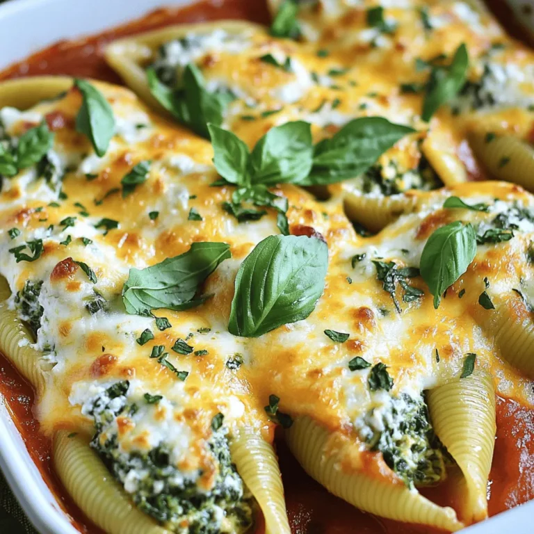 - 20 jumbo pasta shells - 2 cups ricotta cheese - 1 cup fresh spinach, finely chopped - 1 cup shredded mozzarella cheese, divided - 1/2 cup grated Parmesan cheese - 1 teaspoon garlic powder - 1 teaspoon onion powder - 2 cups marinara sauce - Fresh basil leaves, for garnishing - Large pot - Mixing bowl - Baking dish - Piping bag (optional) Gathering the right ingredients is key to great stuffed shells. First, you need jumbo pasta shells. They hold the filling well. Next, ricotta cheese gives a creamy base. Fresh spinach adds color and nutrition. Shredded mozzarella cheese brings melty goodness. Finally, grated Parmesan cheese adds a nice flavor kick. You can also throw in optional items. Garlic powder and onion powder enhance the taste. Marinara sauce serves as a lovely base and topping. Fresh basil leaves add a fresh touch when serving. For tools, a large pot helps cook the pasta. A mixing bowl is perfect for the filling. A baking dish holds the shells as they bake. A piping bag is helpful but not required for filling the shells. With these ingredients and tools, you're ready to make delicious Spinach Ricotta Stuffed Shells! - Preheat the oven to 375°F (190°C). This heat makes the shells bake just right. - Cook 20 jumbo pasta shells in salted boiling water. Follow the package directions for best results. Once they are al dente, drain them carefully. Set them aside to cool a bit. - In a large mixing bowl, mix 2 cups of ricotta cheese, 1 cup of finely chopped fresh spinach, and half of the 1 cup of shredded mozzarella cheese. - Add 1/2 cup of grated Parmesan cheese, 1 large egg, 1 teaspoon of garlic powder, and 1 teaspoon of onion powder. Season with salt and black pepper. Mix until creamy and smooth. - Using a spoon or piping bag, fill each cooked pasta shell with the ricotta-spinach filling. Pack them gently but firmly to keep them whole. - Spread 2 cups of marinara sauce at the bottom of a baking dish. This gives the shells a tasty base. - Arrange the filled shells in a single layer over the sauce. Leave a little space between each shell. - Pour the remaining marinara sauce over the shells, covering them well. This prevents drying. Top with the rest of the shredded mozzarella cheese. - Cover the baking dish with aluminum foil. Bake for 20 minutes. After that, remove the foil and bake for another 10-15 minutes. Look for melted, bubbly cheese on top. - Once baked, let the dish cool for a few moments. Garnish with fresh basil leaves before serving. Enjoy the delightful flavors! - Avoid overcooking pasta shells. Cook them until they are al dente. This keeps them firm and easy to fill. - Use a piping bag for easier filling. This tool makes filling the shells quick and neat. If you don't have one, a zip-top bag works too. - Garnish with fresh basil. This adds color and flavor to your dish. - Drizzle with extra marinara sauce. It enhances taste and presentation, making your meal even more inviting. - Try dairy-free alternatives for ricotta and mozzarella. Look for cashew or almond-based products for a creamy substitute. - Use gluten-free pasta options. Many brands offer delicious gluten-free shells that hold up just as well in this dish. {{image_4}} You can change the filling by adding different vegetables. Try finely chopped mushrooms, zucchini, or bell peppers. These veggies add color and taste. You can also mix in some cooked Italian sausage for extra protein. The sausage brings a nice spice to the dish. Just make sure to cook it before adding it to the filling. Want to spice things up? Add red pepper flakes to the filling. This gives the dish a little kick. You can also toss in herbs like oregano or thyme for more flavor. Fresh herbs work well too. They brighten the dish and make it smell great. While marinara is classic, you can play with sauces. Try a creamy white sauce for a rich twist. This adds a smooth texture that pairs well with the shells. If you want something different, use pesto instead of marinara. The nutty and herbal taste of pesto gives a fresh vibe. Experimenting with sauces keeps the dish exciting! To keep your stuffed shells fresh, place them in an airtight container. Cover them with plastic wrap or a lid. Store them in the fridge right after they cool down. For best results when reheating, use the oven. Preheat it to 350°F (175°C). Place the shells in a baking dish with some marinara sauce. Cover with foil and heat for about 20 minutes. This keeps the cheese nice and gooey. If you want to freeze your stuffed shells, you can do it before or after baking. To freeze before baking, fill the shells and place them in a single layer in a baking dish. Cover with foil and freeze. To freeze after baking, let the shells cool completely. Then, wrap them tightly in plastic wrap and place in a freezer bag. When ready to eat, thaw in the fridge overnight. Reheat in the oven at 350°F (175°C) for 30-40 minutes. Cooked stuffed shells last about 3-5 days in the fridge. If you freeze them, they can last up to three months. Just make sure to label your containers with the date. This way, you know when to use them. Always check for any signs of freezer burn before eating. Enjoy your leftovers while they are still tasty! It takes about 50 minutes to make Spinach Ricotta Stuffed Shells. You will spend 20 minutes prepping the ingredients and 30 minutes cooking. Yes, you can make these shells ahead of time. Prepare them, but do not bake yet. Cover and store in the fridge for up to 24 hours. When ready to eat, bake as directed. These stuffed shells pair well with many sides. Try a simple green salad or garlic bread. Roasted vegetables also make a great side. Yes, this recipe is perfect for vegetarians. It contains no meat, just cheese, spinach, and pasta. To freeze stuffed shells, prepare them as usual but do not bake. Place them in a freezer-safe dish and cover tightly. They can last up to three months in the freezer. To reheat, thaw in the fridge overnight and bake as directed. In this blog post, we explored how to make delicious Spinach Ricotta Stuffed Shells. We covered key ingredients and helpful tools. You learned about preparation, baking, and serving tips. Variations and storage tips help you personalize this dish. Remember, cooking is about experimenting and having fun. Use this recipe as a guide and make it your own. Enjoy your tasty creations and share them with family and friends. Happy cooking!