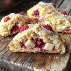 - All-purpose flour: This gives the scones their structure. It holds everything together. - Granulated sugar: This adds sweetness and helps the scones brown nicely. - Heavy cream: This keeps the scones moist and tender. It enhances the flavor. - Fresh raspberries: These provide a burst of fruity flavor. They add a lovely tartness. - White chocolate chips: These bring sweetness and creaminess. They melt beautifully in the oven. - Gluten-free flour options: You can use almond flour or a gluten-free blend. This makes the scones friendly for gluten-free diets. - Alternative sweeteners for sugar: Try honey or maple syrup. These give a different flavor and sweetness. - Dairy-free cream substitutes: Use coconut cream or almond milk. These work well for a dairy-free version. - Nuts for added crunch: Chopped pecans or walnuts add a nice texture. They boost the flavor too. - Zest from citrus fruits: Lemon or orange zest brightens the scones. It adds freshness and a hint of citrus. - Additional spices like cinnamon: A pinch of cinnamon adds warmth. It gives a cozy, inviting flavor to the scones. - First, preheat your oven to 400°F (200°C). This step warms the oven for even baking. - Next, prepare your baking sheet. Line it with parchment paper to prevent sticking. This small step makes cleanup easier. - In a large mixing bowl, combine dry ingredients. Mix 2 cups of all-purpose flour, 1/4 cup granulated sugar, 1 tablespoon baking powder, 1/2 teaspoon salt, and 1/2 teaspoon baking soda. This blend brings flavor and lift to your scones. - Now, incorporate the cold, cubed butter. Use a pastry cutter or your fingertips to mix in 1/2 cup of butter. Aim for a coarse crumb texture. You want some pea-sized butter pieces for flaky scones. - Transfer the dough to a floured surface. Pat it into a circle about 1 inch thick. This shapes your scones. - Slice the dough into 8 wedges or use a round biscuit cutter for uniform shapes. This makes them easy to bake and serve. - Place the pieces on the prepared baking sheet. Beat 1 large egg in a small bowl and brush it over the tops. This helps create a golden finish. Finally, sprinkle extra sugar on top for sweetness and crunch. To make great scones, you need cold ingredients. Cold butter helps create a light and flaky texture. Keep your butter in the fridge until you are ready to use it. When mixing, use your fingertips or a pastry cutter. Mix just until the flour and butter look like coarse crumbs. Avoid over-mixing, as this can make your scones tough. Check your oven temperature with an oven thermometer. An accurate temperature ensures even baking. Preheat your oven to 400°F (200°C) to get that perfect rise. To bake evenly, space your scones apart on the baking sheet. Use parchment paper to prevent sticking, and rotate the baking sheet halfway through for an even bake. Boost the taste of your scones by adding extracts. A little almond or lemon extract can add great depth. You can also use seasonal fruits for fun twists. Try blueberries, strawberries, or even peaches. Each fruit offers a unique flavor that can elevate your scone experience. {{image_4}} You can change the fruit in your scones for new flavors. - Blueberry and lemon scones: Use fresh blueberries and add lemon zest. This gives a bright, fresh taste. - Strawberry and almond scones: Swap raspberries for diced strawberries. Add almond extract for a nutty flavor. Experiment with different flavors to keep things fun. - Adding different extract flavors: Try almond or lemon extracts. These can add a unique twist to your scones. - Incorporating spices for a twist: A pinch of cinnamon or nutmeg can warm up the flavor profile. You can make scones that fit a healthier diet. - Low-fat modifications: Use low-fat cream or Greek yogurt instead of heavy cream. This cuts calories without losing taste. - Sugar-free variations: Try using a sugar substitute like stevia. This works well for those reducing sugar intake. These variations will keep your baking exciting and tasty! Let the scones cool on wire racks after baking. Cooling them on racks helps air flow around the scones. This keeps them from getting soggy. Wait until they are at room temperature before you store them. Proper cooling is key to keeping their texture. Store your scones in airtight containers or bags. This keeps them fresh longer and prevents drying out. You can refrigerate them for a few days. If you want to keep them longer, freeze them. Scones can last up to three months in the freezer. Just remember to wrap them well in plastic wrap. To reheat, use the oven or a toaster oven. Set your oven to 350°F (175°C) and warm for about 10 minutes. This helps keep them fluffy and fresh. Avoid using the microwave, as it can make them rubbery. Enjoy your scones warm for the best taste! You can tell the scones are done when they turn golden brown. They should also be puffy and firm to the touch. A toothpick inserted into the center should come out clean. Keep an eye on them as they bake to avoid overcooking. Yes, you can use frozen raspberries. They will work well in the scone recipe. Just be careful not to crush them too much while mixing. This could make your dough turn pink. Thaw them before use, but drain excess moisture to keep your scones from becoming soggy. Serve the scones warm for the best taste. I love to add a drizzle of melted white chocolate on top. You can also garnish with fresh raspberries for a lovely look. Pair them with tea or coffee for a delightful snack. Scones stay fresh for about two days at room temperature. If you want them to last longer, store them in an airtight container. You can also freeze them for up to three months. Just let them cool completely before freezing. Absolutely! You can make the dough in advance. Wrap it tightly in plastic wrap and store it in the fridge. Use it within 24 hours for the best results. When you are ready, just shape and bake as usual. Raspberry white chocolate scones offer a delicious treat you can easily make at home. We explored key ingredients, substitutions, and optional add-ins to suit your taste. I shared step-by-step instructions to help you bake perfectly fluffy scones. Tips for texture and flavor enhancements ensure you impress anyone you serve. Storage methods keep your scones fresh for later enjoyment. With these insights, you'll bake delightful scones every time. So, gather your ingredients and start creating something scrumptious!