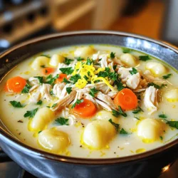 When making Creamy Lemon Chicken Gnocchi Soup, you need fresh, simple ingredients. Here’s what to gather: - 1 tablespoon olive oil - 1 medium onion, finely diced - 2 cloves garlic, minced - 2 medium carrots, peeled and diced - 2 celery stalks, diced - 4 cups chicken broth (preferably low-sodium) - 2 cups cooked, shredded chicken (rotisserie works well) - 1 teaspoon dried thyme - 1 teaspoon dried oregano - 1 cup heavy cream - 1 medium lemon (zested and juiced) - 1 pound gnocchi (store-bought or homemade) - Salt and freshly ground black pepper to taste - Fresh parsley, chopped (for garnish) These ingredients come together to create a rich and tangy soup. The olive oil helps sauté the veggies, bringing out their natural sweetness. The chicken broth forms the base, which adds depth. Using cooked, shredded chicken makes this dish quick and easy. The dried herbs, thyme, and oregano give the soup a warm flavor. Heavy cream adds a lush richness, while lemon brightens everything up. Don't forget the gnocchi! It adds a delightful texture. Finally, fresh parsley gives a pop of color and flavor. Gather these ingredients, and you're on your way to making a comforting bowl of soup. 1. Sautéing vegetables in olive oil In a large pot, add one tablespoon of olive oil. Heat it over medium heat. Once hot, add one medium onion, finely diced. Sauté for about 3-4 minutes. You want the onion to be soft and fragrant. 2. Adding chicken broth and shredded chicken Next, add two cloves of minced garlic, two diced carrots, and two diced celery stalks. Stir and cook for 5 more minutes. The veggies should look bright and softened. Now, pour in four cups of chicken broth. Scrape any bits off the bottom of the pot. Add two cups of cooked, shredded chicken. Sprinkle in one teaspoon each of dried thyme and oregano. Raise the heat a little to bring it to a gentle simmer. 3. Cooking gnocchi and adding cream and lemon When the broth simmers, add one pound of gnocchi. Cook them for 2-3 minutes or until they float. Lower the heat to medium-low. Gradually stir in one cup of heavy cream. Then add the zest and juice of one medium lemon. Mix well until the soup is hot but not boiling. 1. Adjusting consistency with seasonings Taste your soup and add salt and freshly ground black pepper to your liking. If it's too thick, you can add a bit more broth or cream. 2. Garnishing with parsley Remove the pot from the heat. Ladle the soup into bowls. Top each bowl with a sprinkle of freshly chopped parsley. This adds a burst of color and fresh flavor. This soup is a warm hug in a bowl, perfect for any day! To get the right creaminess in your soup, use heavy cream. This gives a rich texture. Start with about one cup of cream. Stir it in slowly after cooking the gnocchi. This helps it blend well. If you want it creamier, add a bit more. Be careful with the gnocchi. Overcooking can make them mushy. They typically cook in just 2-3 minutes. Watch for them to float to the top. This means they are ready. Remove them from heat right away to keep their shape. You can boost the soup's flavor with herbs and spices. Fresh thyme or basil adds depth. You can also use a pinch of red pepper flakes for heat. Feel free to add more veggies based on what you like. Spinach or kale can add color and nutrients. Chopped bell peppers enhance the taste too. Just sauté them with the onions. This way, they blend in nicely. {{image_4}} You can switch the chicken for turkey. Turkey gives a nice flavor. It works well in this soup. If you are looking for vegetarian options, try chickpeas or mushrooms. These add great texture and taste. You can find shredded chicken in stores. Rotisserie chicken is a quick choice. You can also cook your chicken at home and shred it. If you can't find gnocchi, you can use pasta. Small pasta shapes like shells or bowties work great. You can also use dumplings for a fun twist. For those needing gluten-free options, look for gluten-free gnocchi. There are many brands available now. You can also use gluten-free pasta or rice noodles. They will absorb the soup's flavors and keep it tasty. To store leftover creamy lemon chicken gnocchi soup, let it cool first. Pour the soup into an airtight container. This keeps it fresh and safe. Place the container in the fridge. The soup will stay good for about 3 to 4 days. When you’re ready to eat, just reheat it on the stove. Stir well to make sure the heat spreads evenly. To freeze the soup, use a freezer-safe container. Make sure to leave some space at the top. The soup expands when it freezes. Here’s how to freeze it step-by-step: 1. Cool the soup completely. 2. Pour it into a freezer-safe container. 3. Seal it tightly and label it with the date. You can freeze it for up to 3 months. When you want to eat it, take it out of the freezer. Place it in the fridge overnight to thaw. Then, reheat in a pot on the stove. Stir it often to warm it through. If the soup is too thick after thawing, add a little chicken broth. This will help bring back its creamy texture. Enjoy your delicious soup! Yes, you can make this soup ahead of time. I often prepare it the night before. Just store it in an airtight container in the fridge. When you're ready to serve, heat it on the stove. The flavors will blend even better overnight. If your soup is too thin, try adding a bit more gnocchi. As it cooks, the gnocchi will soak up some liquid. You can also mix a little cornstarch with water. Stir that into the soup and let it simmer until it thickens. This soup pairs well with crusty bread or a fresh side salad. A nice slice of sourdough can soak up the flavors. You could also serve it with a simple green salad for a light crunch. Yes, you can make this soup dairy-free. Use coconut milk or a dairy-free cream substitute. This will give you a creamy texture without using dairy. Just adjust the seasoning to match the new flavor. This blog post covered the key ingredients and steps to create a delicious Creamy Lemon Chicken Gnocchi Soup. You learned how to sauté vegetables, combine flavors, and adjust for the perfect taste and texture. I also shared tips for variations, storage, and answered common questions. Now, think about trying different proteins or gnocchi alternatives. This soup is flexible and easy to adapt. Enjoy making it your own! You'll have a warm dish ready to share with friends or family. Happy cooking!
