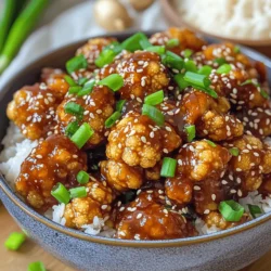 - 1 medium head of cauliflower, cut into bite-sized florets - 1 cup cornstarch - 2 tablespoons olive oil - 3 tablespoons soy sauce (or tamari for a gluten-free option) - 3 tablespoons maple syrup - 1 tablespoon rice vinegar - 2 teaspoons sesame oil - 2 cloves garlic, finely minced - 1 teaspoon fresh ginger, finely minced - 1 tablespoon sesame seeds, toasted - 3 green onions, finely chopped for garnish - Salt and pepper to taste Each ingredient plays a role in building flavor and texture. The cauliflower provides a great base. Cornstarch helps create that crispy texture. Olive oil adds richness, while soy sauce and maple syrup give depth and sweetness. Garlic and ginger bring warmth and spice, while sesame oil adds that nutty finish. - Chili flakes for heat - Other vegetables like bell peppers or broccoli - Fresh herbs like cilantro or parsley Adding chili flakes can spice things up. Mixing in other vegetables boosts nutrition and flavor. Fresh herbs can brighten the dish and add freshness. Feel free to experiment for your taste! This dish serves four and is packed with nutrients. Cauliflower is low in calories but high in fiber. It provides vitamins C and K. The olive oil offers healthy fats, while the sauce brings a sweet and savory balance. Overall, it’s a nutritious option for a plant-based meal. Start by preheating your oven to 425°F (220°C). This high heat helps the cauliflower get crispy. While the oven warms, line a baking sheet with parchment paper. This step stops the cauliflower from sticking and makes cleanup easy. Grab a large bowl and add your bite-sized cauliflower florets. Pour in 2 tablespoons of olive oil. Toss the florets gently so every piece gets coated. This oil will add flavor and help the cornstarch stick later. Next, sprinkle 1 cup of cornstarch over the oiled cauliflower. Toss again to coat every floret. This is key for that crunchy texture we all love. Spread the coated florets onto the prepared baking sheet. Make sure they sit in a single layer. This space lets them roast evenly. Place the sheet in the oven and roast for 25-30 minutes. Halfway through, turn the florets. This helps them brown and crisp on all sides. While the cauliflower roasts, it’s time for the sticky sauce. In a small saucepan, mix together 3 tablespoons of soy sauce, 3 tablespoons of maple syrup, 1 tablespoon of rice vinegar, and 2 teaspoons of sesame oil. Add 2 minced garlic cloves and 1 teaspoon of fresh ginger. Heat the mixture on medium. Stir a bit and let it simmer for about 5 minutes. You want it to thicken slightly. When the cauliflower is done roasting, take it out of the oven and move it to a large bowl. Immediately pour the warm sticky sauce over the cauliflower. Toss gently to coat each floret. Then, return the glazed cauliflower to the baking sheet. Roast for another 5-10 minutes. This step lets the sauce caramelize, giving it that sticky goodness. Once it’s beautifully caramelized, take it out and sprinkle with toasted sesame seeds and chopped green onions. This adds a nice crunch and fresh flavor to the dish. Enjoy! To get the crispiest cauliflower, start with dry florets. After washing, pat them dry with a towel. This helps the cornstarch stick better. When you coat them with olive oil, make sure each piece is covered. The cornstarch layer is key. It forms a crunchy shell while roasting. Spread the florets evenly on the baking sheet. Avoid crowding them; this prevents steaming. Roast until golden brown, turning halfway for even cooking. Balancing flavors in your sticky sauce is essential. Start with soy sauce for saltiness. Add maple syrup for sweetness; it complements the salty notes. Rice vinegar brings in acidity, brightening the dish. Don’t forget sesame oil; it adds depth and richness. When mixing, taste as you go. If it's too salty, add a bit more maple syrup. If it's too sweet, a splash of vinegar can help. Adjusting these flavors makes the dish more enjoyable. For the best experience, serve sticky sesame cauliflower hot. A deep dish showcases its beauty. Garnish with toasted sesame seeds and green onions for added crunch. Pair it with steamed rice or fluffy quinoa for a filling meal. You can also add a fresh salad on the side. This adds a nice contrast to the sticky texture. For an extra kick, serve with a spicy dipping sauce. Enjoy this dish as a tasty main or a flavorful side! {{image_4}} You can change the taste of your sticky sesame cauliflower easily. For a spicy kick, add red pepper flakes or sriracha to the sauce. This brings heat that balances well with the sweetness. If you are a garlic fan, increase the minced garlic to four cloves. The extra garlic gives a bold flavor that enhances the dish. You can also add a splash of chili oil for a fragrant, spicy touch. If you want a gluten-free version, use tamari instead of soy sauce. It tastes great and keeps the dish safe for those with gluten issues. For nut-free needs, check that your sesame oil is pure. Some brands may add nut oils. You can use sunflower oil in place of sesame oil for a similar taste without nuts. Sticky sesame cauliflower pairs well with many sides. Serve it with steamed rice or fluffy quinoa for a filling meal. You can also enjoy it with a fresh salad for a light touch. For dips, try a simple soy sauce mix or a creamy avocado dip. Both add extra flavor and fun to your meal. To keep your sticky sesame cauliflower fresh, first let it cool. Place the cauliflower in an airtight container. Store it in the fridge for up to 3 days. Make sure to keep the sauce separate if possible. This helps the cauliflower stay crispy. For the best taste, reheat your cauliflower in the oven. Preheat the oven to 350°F (175°C). Spread the cauliflower on a baking sheet. Heat for about 10-15 minutes. This method helps it regain its crunch. You can also use a microwave, but it may lose some texture. Heat on high for 1-2 minutes, checking often. You can freeze sticky sesame cauliflower for later use. Let it cool completely before freezing. Place it in a freezer-safe bag or container. Make sure to remove as much air as possible. It can stay in the freezer for up to 2 months. When ready to eat, thaw in the fridge overnight and reheat in the oven. Yes, you can use frozen cauliflower. Just thaw it before cooking. Frozen cauliflower may have more water, so be careful not to make it soggy. Pat it dry with a towel after thawing. This way, it will crisp up nicely in the oven. You can use agave syrup or honey. Both options work well. If you need a vegan choice, stick with agave syrup. Remember, the taste may change slightly, but it will still be sweet and tasty. To add more heat, mix in crushed red pepper flakes or sriracha. You can also add a dash of chili oil to the sauce. Start with a little and taste as you go. This way, you can find the right heat level for your liking. Yes, this recipe is great for meal prep! You can cook a big batch and store it in the fridge. Just keep it in an airtight container. It will last for about three to four days. Reheat it in the oven or microwave before eating. Sticky sesame cauliflower is a fun dish to make and enjoy. We covered key ingredients and how to customize your meal. I shared clear steps for roasting and preparing the sauce. You learned tips for extra crispness and flavor balance. Plus, we looked at tasty variations and helpful storage info. Try these ideas in your kitchen. You’ll impress your family and friends with this dish. Enjoy your cooking adventure!