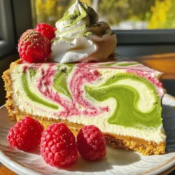 - Cream cheese, eggs, and sour cream - Fresh raspberries and honey for the swirl - Graham cracker crumbs and unsalted butter for the crust - 1 ½ cups graham cracker crumbs - ½ cup unsalted butter, melted - 2 cups cream cheese, softened - 1 cup granulated sugar - ½ cup sour cream - 3 large eggs, room temperature - 1 tablespoon pure vanilla extract - 2 teaspoons matcha green tea powder - 1 cup fresh raspberries, washed - 1 tablespoon honey - Pinch of salt The core of this cheesecake lies in its ingredients. Cream cheese gives it that rich, creamy base. The eggs and sour cream add a smooth texture and depth. For the swirl, fresh raspberries mixed with honey create a sweet and tangy contrast. The graham cracker crumbs and melted butter form a delicious crust, adding crunch. Each ingredient plays a crucial role. The cream cheese must be at room temperature for easy mixing. Using fresh raspberries ensures a vibrant color and flavor. Honey sweetens the raspberry puree while balancing its tartness. When measuring, ensure accuracy. Too much or too little can change the cheesecake’s texture. Enjoy the process, and remember, quality ingredients lead to a delightful cheesecake experience. - Preheat the oven to 325°F (160°C). - Grease the springform pan and line it with parchment paper. - Combine 1 ½ cups of graham cracker crumbs and ½ cup of melted butter. - Firmly press this mixture into the bottom of the pan and bake for 10 minutes. - In a bowl, mix 2 cups of softened cream cheese and 1 cup of granulated sugar. - Incorporate ½ cup sour cream, 3 large eggs, and 1 tablespoon of vanilla extract. - Pour 1 cup of the batter into a separate bowl. - Add and mix 2 teaspoons of matcha powder into this batter. - Mash 1 cup of fresh raspberries in a small bowl. - Mix in 1 tablespoon of honey until you have a chunky puree. - Pour half of the plain batter into the springform pan. - Dollop half of the matcha batter on top, then repeat with the remaining batters. - Use a knife to swirl the batters together gently. - Bake for 55-65 minutes until mostly set but slightly jiggly. - Let the cheesecake cool in the oven for an hour. - Chill in the fridge for at least 4 hours before serving. To get the best texture in your cheesecake, start with room temperature ingredients. Room temperature cream cheese blends smoothly, making your batter creamy. Take out your cream cheese, eggs, and sour cream about an hour before you start. This small step makes a big difference. Mix your batter gently. Overmixing can add too much air, leading to cracks while baking. Beat the batter just until everything is combined. After baking, let your cheesecake cool in the oven for an hour. This helps avoid sudden temperature changes that cause cracks. Once the hour is up, transfer the cheesecake to the fridge. Chill it for at least four hours, or overnight if you can. This gives the cheesecake a firmer texture. For a beautiful finish, garnish each slice with fresh raspberries. A light dusting of matcha powder adds a pop of color. You can also top it with a dollop of whipped cream for added richness. Pair this cheesecake with a cup of green tea or coffee. The flavors work well together, creating a delightful dessert experience. Enjoy your creation! {{image_4}} You can make your matcha raspberry swirl cheesecake even more exciting. Adding citrus zest, like lemon or orange, gives a bright touch. This zest balances the sweet and earthy flavors. Another fun idea is to switch the berries. Instead of raspberries, try blueberries or strawberries for a different swirl. Each berry brings its own unique taste, keeping your cheesecake fresh and lively. If you need a gluten-free crust, use almond flour or gluten-free graham crackers. Simply blend them with melted butter. For a dairy-free version, look for cream cheese made from nuts or tofu. These substitutes work well and still make a creamy cheesecake. Want to serve more people? You can easily scale this recipe up. Just double the ingredients and use a larger pan. You can also convert the cheesecake into mini versions. Simply pour the batter into a muffin tin. Bake for about 20-25 minutes, and you have perfect bite-sized treats! To keep your cheesecake fresh, use an airtight container. A glass or plastic container works well. If you don't have one, cover the cheesecake with plastic wrap. Make sure to seal it tightly. Store the cheesecake in the fridge. This keeps it cool and safe for later. If you want to save some for later, freezing is a great option. First, let the cheesecake cool completely. Then, wrap it well in plastic wrap. You can also use aluminum foil for extra protection. Place it in the freezer. When you are ready to eat it, move it to the fridge overnight to thaw. This helps keep the texture and flavor nice. Your cheesecake will stay fresh in the fridge for up to 5 days. If you freeze it, it can last for about 3 months. Always check for signs of spoilage before you eat it. Look for changes in color or any strange smells. If something seems off, it's best to throw it out. You can tell your cheesecake is done by looking for a slight jiggle in the center. It should not be liquid, but it can have a little movement when you gently shake the pan. The edges will look set while the middle remains soft. This method is called the jiggle test. It helps ensure that your cheesecake will be creamy and not overly firm. Yes, you can make this cheesecake a day in advance. It actually tastes better after chilling overnight. Just follow the steps and let it cool before placing it in the fridge. Cover it with plastic wrap to keep it fresh. When you are ready to serve, simply slice and enjoy! If you need a substitute for cream cheese, you can use Greek yogurt or cottage cheese. Both will change the flavor a bit but can work well. You can also try vegan cream cheese for a dairy-free option. This choice can add a unique taste while keeping the texture creamy. Matcha is generally safe for most people. However, those with caffeine sensitivity should be cautious, as it contains caffeine. Pregnant women should consult their doctor before consuming it. Always check for allergies, especially to green tea. It’s a good idea to start with a small amount if you are new to matcha. Yes, you can use frozen raspberries for this recipe. Just make sure to thaw them first and drain any excess liquid. This will help maintain the right texture of the swirl. Frozen raspberries can add a nice tart flavor to your cheesecake, making it just as tasty! This blog post covers how to make a delicious matcha raspberry swirl cheesecake. We discussed key ingredients, step-by-step instructions, tips for perfecting your cheesecake, and ways to store it. You can add fun variations or make dietary adjustments too. Remember, using room temperature ingredients and cooling correctly are key for success. Enjoy this treat with coffee or tea, and share it at your next gathering. With these tips, you can create a cheesecake everyone will love!