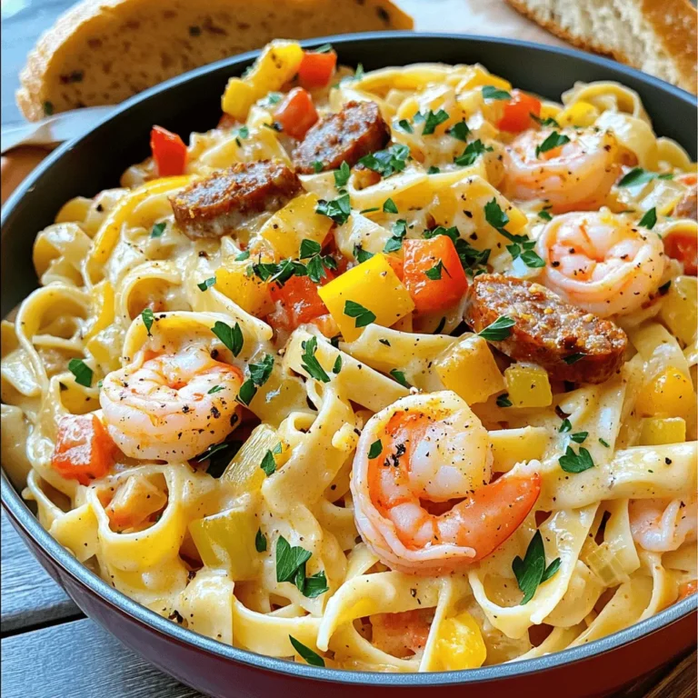 - 8 oz fettuccine or linguine pasta - 1 lb large shrimp, peeled and deveined - 1 cup smoked sausage, sliced (andouille or kielbasa preferred) - 1 bell pepper, diced (choose either red or green for aesthetics) - 1 small onion, finely chopped - 3 cloves garlic, minced - 2 tablespoons Cajun seasoning (you can use homemade or store-bought) - 1 cup heavy cream - Fresh parsley, finely chopped (for garnish) - Grated Parmesan cheese (optional, for serving) The main ingredients in this dish are pasta, shrimp, and sausage. I prefer fettuccine or linguine for their great texture. The shrimp adds a lovely, sweet flavor, and the sausage brings a smoky kick. For vegetables and seasonings, I love using bell peppers and onions. They add color and crunch. Garlic adds aroma and depth to the dish, while Cajun seasoning gives it that unique, spicy flair. Don't forget the heavy cream! It makes the sauce rich and smooth. For garnish, I like to use fresh parsley. It adds a pop of color and freshness. Grated Parmesan cheese is optional but offers a nice touch. Start by filling a large pot with water. Add salt and bring it to a boil. This should take a few minutes. When the water is boiling, add 8 ounces of fettuccine or linguine. Cook the pasta for about 8-10 minutes, or until it is al dente. After cooking, drain the pasta well. Keep it warm by covering it or placing it back in the pot. Grab a large skillet and set it over medium heat. Pour in 1 tablespoon of olive oil. Let the oil heat up for a moment. While it heats, slice your smoked sausage into pieces. Add the sausage to the skillet and sauté for 4-5 minutes. Stir it often to ensure it browns nicely. Once done, remove the sausage from the skillet and set it aside. In the same skillet, add another tablespoon of olive oil. Toss in the diced bell pepper and chopped onion. Sauté them for about 3-4 minutes. You want the onion to look translucent, and the peppers should soften. Next, add 3 cloves of minced garlic and cook for just 1 more minute. Now, add the shrimp to the skillet. Sprinkle 2 tablespoons of Cajun seasoning over the shrimp. Cook for about 3-4 minutes, until the shrimp turns pink and opaque. Return the cooked sausage to the skillet. Add 1 can of drained diced tomatoes. Stir gently to mix everything well. Pour in 1 cup of heavy cream and heat for another 2-3 minutes. Taste the mixture and add salt and pepper as needed. Carefully add the cooked pasta to the skillet. Toss everything together until the pasta is well-coated in the creamy sauce. Make sure the pasta heats through. To serve, plate the Cajun shrimp and sausage pasta. Garnish with fresh parsley. If you like, sprinkle some grated Parmesan cheese on top for extra flavor. Adjusting Cajun seasoning You can change the heat by adding more or less Cajun seasoning. Start with two tablespoons. If you like it spicy, add more. If you want it mild, use less. Taste as you go. This keeps the dish just how you like it. Choosing the right sausage The sausage you select makes a big difference. I prefer andouille for its rich, smoky flavor. Kielbasa works too, giving a milder taste. Try both and see which you enjoy more. The sausage adds depth to the whole dish. Avoiding overcooking shrimp Shrimp cooks quickly. Watch closely! They turn pink when done. Cook them for about three to four minutes. Overcooked shrimp can become rubbery. Remove them from heat as soon as they change color. Ensuring creamy texture For a smooth sauce, add the heavy cream gently. Stir it in after combining the veggies and sausage. This helps mix flavors well. Heat it on low so it does not curdle. You want a creamy sauce that clings to the pasta. Serving ideas and dish enhancements Serve the pasta in deep bowls. This makes it look fancy and keeps it warm. Add a sprinkle of Cajun seasoning on top for color. A lemon wedge on the side brightens the dish and adds a fresh touch. Pairing with sides Crispy garlic bread is a great side. It soaks up the creamy sauce too. A simple green salad can balance the meal. It adds freshness to the rich pasta. Enjoy your delicious Cajun shrimp and sausage pasta! {{image_4}} You can easily change the protein. If you don't like shrimp, try chicken or tofu. Chicken adds a nice texture and flavor. Tofu is perfect for a plant-based option. For pasta, you can use penne or even zucchini noodles. This swap keeps the dish lighter and gluten-free. Do you like it spicy? You can add more Cajun seasoning or some crushed red pepper. This adds a great kick to your meal. If you want it mild, use less seasoning. You can also skip the hot spices and stick to the savory flavors. For a gluten-free meal, use gluten-free pasta. Many brands offer tasty options that cook well. If you need a dairy-free dish, consider coconut cream instead of heavy cream. This gives a nice richness without dairy. These swaps let everyone enjoy your Cajun shrimp and sausage pasta. To keep your Cajun shrimp and sausage pasta fresh, use airtight containers. Glass or plastic containers work well. Make sure to cool the pasta to room temperature before sealing. Store it in the fridge for up to three days. This keeps flavors intact and prevents spoilage. When you want to eat leftovers, use the stove or microwave. Stir well to heat evenly. If using the stove, add a splash of water or cream. This helps keep the pasta moist. In the microwave, cover it with a damp paper towel. This prevents drying out while heating. You can freeze leftovers too! Place the cooled pasta in a freezer-safe container. It lasts up to three months in the freezer. To enjoy, thaw it overnight in the fridge. Reheat it on the stove or microwave, adding a little cream or water to keep it creamy. You can use several great substitutes for heavy cream. If you're looking for a non-dairy option, try coconut cream. It adds a rich texture and flavor. You can also use almond milk mixed with a bit of olive oil for a lighter choice. If you prefer an alternative cream option, consider using half-and-half. It has a similar texture and creaminess. Another option is Greek yogurt. Just mix it with some milk for a smooth result. Yes, you can prepare Cajun shrimp and sausage pasta in advance. Cook the pasta and the sauce separately. Store them in airtight containers. This keeps the pasta from getting mushy. When you're ready to eat, combine the two in a skillet. Heat over medium until warmed through. It’s quick and easy! To make this dish spicier, add extra Cajun seasoning. You can also mix in some cayenne pepper. Start with a little and taste as you go. For a zesty kick, try a few dashes of your favorite hot sauce. Brands like Tabasco or Louisiana hot sauce work well. Just remember, a little goes a long way! Yes, you can lighten this dish easily! Start by using whole wheat pasta. It has more fiber and nutrients. You can also reduce the amount of sausage or use turkey sausage instead. For a healthier sauce, substitute heavy cream with Greek yogurt. This way, you cut calories without losing flavor. Add more vegetables for extra nutrients and flavor, too! This blog post covered how to make Cajun Shrimp and Sausage Pasta. We explored key ingredients like pasta, shrimp, and sausage. You learned step-by-step instructions for cooking and combining flavors. Tips on perfecting flavor and presentation were included. We also discussed variations for different diets. Finally, we shared storage and reheating methods for leftovers. With these guidelines, you can create a delicious dish that impresses. Enjoy your cooking journey and have fun experimenting with flavors and ingredients!