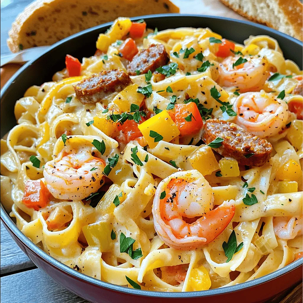- 8 oz fettuccine or linguine pasta - 1 lb large shrimp, peeled and deveined - 1 cup smoked sausage, sliced (andouille or kielbasa preferred) - 1 bell pepper, diced (choose either red or green for aesthetics) - 1 small onion, finely chopped - 3 cloves garlic, minced - 2 tablespoons Cajun seasoning (you can use homemade or store-bought) - 1 cup heavy cream - Fresh parsley, finely chopped (for garnish) - Grated Parmesan cheese (optional, for serving) The main ingredients in this dish are pasta, shrimp, and sausage. I prefer fettuccine or linguine for their great texture. The shrimp adds a lovely, sweet flavor, and the sausage brings a smoky kick. For vegetables and seasonings, I love using bell peppers and onions. They add color and crunch. Garlic adds aroma and depth to the dish, while Cajun seasoning gives it that unique, spicy flair. Don't forget the heavy cream! It makes the sauce rich and smooth. For garnish, I like to use fresh parsley. It adds a pop of color and freshness. Grated Parmesan cheese is optional but offers a nice touch. Start by filling a large pot with water. Add salt and bring it to a boil. This should take a few minutes. When the water is boiling, add 8 ounces of fettuccine or linguine. Cook the pasta for about 8-10 minutes, or until it is al dente. After cooking, drain the pasta well. Keep it warm by covering it or placing it back in the pot. Grab a large skillet and set it over medium heat. Pour in 1 tablespoon of olive oil. Let the oil heat up for a moment. While it heats, slice your smoked sausage into pieces. Add the sausage to the skillet and sauté for 4-5 minutes. Stir it often to ensure it browns nicely. Once done, remove the sausage from the skillet and set it aside. In the same skillet, add another tablespoon of olive oil. Toss in the diced bell pepper and chopped onion. Sauté them for about 3-4 minutes. You want the onion to look translucent, and the peppers should soften. Next, add 3 cloves of minced garlic and cook for just 1 more minute. Now, add the shrimp to the skillet. Sprinkle 2 tablespoons of Cajun seasoning over the shrimp. Cook for about 3-4 minutes, until the shrimp turns pink and opaque. Return the cooked sausage to the skillet. Add 1 can of drained diced tomatoes. Stir gently to mix everything well. Pour in 1 cup of heavy cream and heat for another 2-3 minutes. Taste the mixture and add salt and pepper as needed. Carefully add the cooked pasta to the skillet. Toss everything together until the pasta is well-coated in the creamy sauce. Make sure the pasta heats through. To serve, plate the Cajun shrimp and sausage pasta. Garnish with fresh parsley. If you like, sprinkle some grated Parmesan cheese on top for extra flavor. Adjusting Cajun seasoning You can change the heat by adding more or less Cajun seasoning. Start with two tablespoons. If you like it spicy, add more. If you want it mild, use less. Taste as you go. This keeps the dish just how you like it. Choosing the right sausage The sausage you select makes a big difference. I prefer andouille for its rich, smoky flavor. Kielbasa works too, giving a milder taste. Try both and see which you enjoy more. The sausage adds depth to the whole dish. Avoiding overcooking shrimp Shrimp cooks quickly. Watch closely! They turn pink when done. Cook them for about three to four minutes. Overcooked shrimp can become rubbery. Remove them from heat as soon as they change color. Ensuring creamy texture For a smooth sauce, add the heavy cream gently. Stir it in after combining the veggies and sausage. This helps mix flavors well. Heat it on low so it does not curdle. You want a creamy sauce that clings to the pasta. Serving ideas and dish enhancements Serve the pasta in deep bowls. This makes it look fancy and keeps it warm. Add a sprinkle of Cajun seasoning on top for color. A lemon wedge on the side brightens the dish and adds a fresh touch. Pairing with sides Crispy garlic bread is a great side. It soaks up the creamy sauce too. A simple green salad can balance the meal. It adds freshness to the rich pasta. Enjoy your delicious Cajun shrimp and sausage pasta! {{image_4}} You can easily change the protein. If you don't like shrimp, try chicken or tofu. Chicken adds a nice texture and flavor. Tofu is perfect for a plant-based option. For pasta, you can use penne or even zucchini noodles. This swap keeps the dish lighter and gluten-free. Do you like it spicy? You can add more Cajun seasoning or some crushed red pepper. This adds a great kick to your meal. If you want it mild, use less seasoning. You can also skip the hot spices and stick to the savory flavors. For a gluten-free meal, use gluten-free pasta. Many brands offer tasty options that cook well. If you need a dairy-free dish, consider coconut cream instead of heavy cream. This gives a nice richness without dairy. These swaps let everyone enjoy your Cajun shrimp and sausage pasta. To keep your Cajun shrimp and sausage pasta fresh, use airtight containers. Glass or plastic containers work well. Make sure to cool the pasta to room temperature before sealing. Store it in the fridge for up to three days. This keeps flavors intact and prevents spoilage. When you want to eat leftovers, use the stove or microwave. Stir well to heat evenly. If using the stove, add a splash of water or cream. This helps keep the pasta moist. In the microwave, cover it with a damp paper towel. This prevents drying out while heating. You can freeze leftovers too! Place the cooled pasta in a freezer-safe container. It lasts up to three months in the freezer. To enjoy, thaw it overnight in the fridge. Reheat it on the stove or microwave, adding a little cream or water to keep it creamy. You can use several great substitutes for heavy cream. If you're looking for a non-dairy option, try coconut cream. It adds a rich texture and flavor. You can also use almond milk mixed with a bit of olive oil for a lighter choice. If you prefer an alternative cream option, consider using half-and-half. It has a similar texture and creaminess. Another option is Greek yogurt. Just mix it with some milk for a smooth result. Yes, you can prepare Cajun shrimp and sausage pasta in advance. Cook the pasta and the sauce separately. Store them in airtight containers. This keeps the pasta from getting mushy. When you're ready to eat, combine the two in a skillet. Heat over medium until warmed through. It’s quick and easy! To make this dish spicier, add extra Cajun seasoning. You can also mix in some cayenne pepper. Start with a little and taste as you go. For a zesty kick, try a few dashes of your favorite hot sauce. Brands like Tabasco or Louisiana hot sauce work well. Just remember, a little goes a long way! Yes, you can lighten this dish easily! Start by using whole wheat pasta. It has more fiber and nutrients. You can also reduce the amount of sausage or use turkey sausage instead. For a healthier sauce, substitute heavy cream with Greek yogurt. This way, you cut calories without losing flavor. Add more vegetables for extra nutrients and flavor, too! This blog post covered how to make Cajun Shrimp and Sausage Pasta. We explored key ingredients like pasta, shrimp, and sausage. You learned step-by-step instructions for cooking and combining flavors. Tips on perfecting flavor and presentation were included. We also discussed variations for different diets. Finally, we shared storage and reheating methods for leftovers. With these guidelines, you can create a delicious dish that impresses. Enjoy your cooking journey and have fun experimenting with flavors and ingredients!