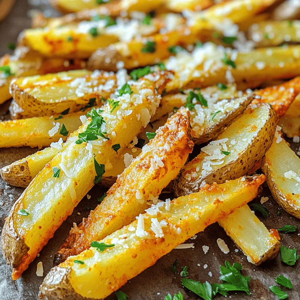 - 4 large russet potatoes, peeled and cut into fry shapes - 3 tablespoons extra-virgin olive oil - 4 cloves fresh garlic, minced finely - 1/2 cup freshly grated Parmesan cheese - 1 teaspoon garlic powder - 1 teaspoon smoked paprika - 1/2 teaspoon freshly cracked black pepper - Sea salt, to taste - Fresh parsley, chopped (for garnish) When making Garlic Parmesan Air Fryer Fries, I always start with fresh, high-quality ingredients. The russet potatoes give the best texture. Their starchy nature makes them perfect for frying. I prefer to peel them, but you can leave the skin on if you like a rustic vibe. Extra-virgin olive oil is my go-to for its rich flavor. It helps the fries crisp up nicely in the air fryer. Fresh garlic brings a strong, vibrant taste. I mince it finely to ensure that every bite packs a punch. The Parmesan cheese needs to be freshly grated. Pre-grated cheese can be drier and won’t melt as well. Garlic powder adds depth to the garlic flavor, while smoked paprika gives a hint of warmth and color. The black pepper adds just the right amount of bite, and sea salt is key for seasoning. Lastly, fresh parsley not only adds color but also a nice herbal note. These ingredients come together to create a crispy and flavorful treat that you and your guests will love. Start by soaking the cut potatoes in cold water for 30 minutes. This step helps remove excess starch, making your fries crispier. After soaking, drain the fries and spread them out on a clean kitchen towel. Make sure they dry thoroughly to achieve that perfect crunch. In a large mixing bowl, combine the dried potato fries with three tablespoons of olive oil, four cloves of finely minced garlic, one teaspoon of garlic powder, one teaspoon of smoked paprika, half a teaspoon of freshly cracked black pepper, and a sprinkle of sea salt. Mix everything with your hands or a spatula until the fries are evenly coated. This blend of flavors will make your fries pop! Preheat your air fryer to 400°F (200°C) for a few minutes. Once it’s hot, arrange the seasoned fries in a single layer in the basket. Be careful not to overcrowd them. Cook the fries for 15 to 20 minutes. Remember to shake the basket halfway through. This step ensures even cooking and that every fry gets crispy. After your fries turn a beautiful golden-brown, take them out of the air fryer. Immediately sprinkle half a cup of freshly grated Parmesan cheese over the hot fries. Toss them gently to help the cheese stick. Return the fries to the air fryer for an extra 2 to 3 minutes, just to let the cheese melt slightly. Carefully transfer your cheesy, crispy fries to a serving platter. For a fresh touch, sprinkle chopped parsley over the fries before serving. This adds a pop of color and makes the dish look even more inviting. Enjoy your Garlic Parmesan Air Fryer Fries with a side of your favorite dipping sauce! To make your fries crispy, soak the potatoes in cold water for 30 minutes. This step helps remove starch, leading to a crunchier fry. After soaking, drain the fries and spread them on a clean towel. Dry them well; moisture can lead to soggy fries. You can adjust the garlic and spices to fit your taste. If you love garlic, add more minced garlic or garlic powder. You might also try different spices like cayenne pepper for heat or herbs like rosemary for a fresh twist. For cheese, feel free to swap Parmesan with cheddar or a dairy-free option. When making more fries, cook in smaller batches. This allows hot air to circulate, ensuring even cooking. Avoid overcrowding the air fryer basket, as this can make the fries unevenly crispy. If you need to make a lot, keep the first batch warm in the oven while you cook the rest. {{image_4}} You can make your Garlic Parmesan Air Fryer Fries even tastier. Try adding bacon bits for a salty crunch. Simply sprinkle cooked bacon on top after air frying. You can also add a dollop of sour cream for creaminess. Other great toppings include green onions, jalapeños, or even guacamole. Get creative with what you love! If you enjoy a kick, turn up the heat! Add hot sauce before cooking. You can also sprinkle chili flakes for extra spice. Adjust the spice level to your taste. Start with a little and add more if you want. It's all about finding that perfect balance between garlic and heat. You can still enjoy these fries if you're vegan. Use vegan cheese instead of Parmesan. Nutritional yeast is a great option for a cheesy flavor without dairy. Modify the seasonings to keep them dairy-free. This way, everyone can enjoy these crispy fries! To keep your garlic parmesan air fryer fries fresh, store them properly. Place the cooled fries in an airtight container. This helps prevent moisture loss and keeps them crispy. You can also use a resealable plastic bag. Make sure to squeeze out excess air before sealing. Store them in the fridge for up to three days. Reheating fries can be tricky. You want to keep them crispy, not soggy. The best method is to use the air fryer again. Preheat it to 400°F (200°C) and cook the fries for about 5 minutes. This will help restore their crunch. If you don't have an air fryer, you can use a toaster oven. Avoid the microwave, as it makes fries soft and chewy. You can freeze fries before or after cooking. If you freeze them raw, soak and dry the cut fries first. Then, toss them in olive oil and seasonings. Spread them out on a baking sheet and freeze until firm. Once frozen, store them in a bag or container. To reheat frozen fries, cook them directly in the air fryer at 400°F (200°C) for about 15-20 minutes. Shake them halfway through for even cooking. Cook your fries for 15 to 20 minutes. The time varies based on thickness. For thin fries, check around 15 minutes. For thicker fries, you may need the full 20 minutes. Remember to shake the basket halfway through. This helps to cook the fries evenly and makes them crispier. Yes, you can try different potatoes. Sweet potatoes are a great option. They add a nice sweetness and work well with garlic and Parmesan. Yukon gold potatoes are another choice. They are creamy and have a rich flavor. Experiment with different types to find your favorite! Extra-virgin olive oil is my top pick. It has a wonderful flavor and works well in air fryers. You can also use avocado oil; it has a high smoke point. Canola oil is another option, but it has a milder taste. Choose any oil that fits your flavor preference! This blog covers how to make crispy garlic Parmesan fries in an air fryer. We shared a list of key ingredients, detailed step-by-step instructions, and clever tips for better results. You can even explore variations to suit your taste. When storing leftovers, remember to use the right containers for freshness. Enjoy experimenting with flavors and techniques. Your air fryer can lead to delicious, healthier fries every time. Happy cooking!